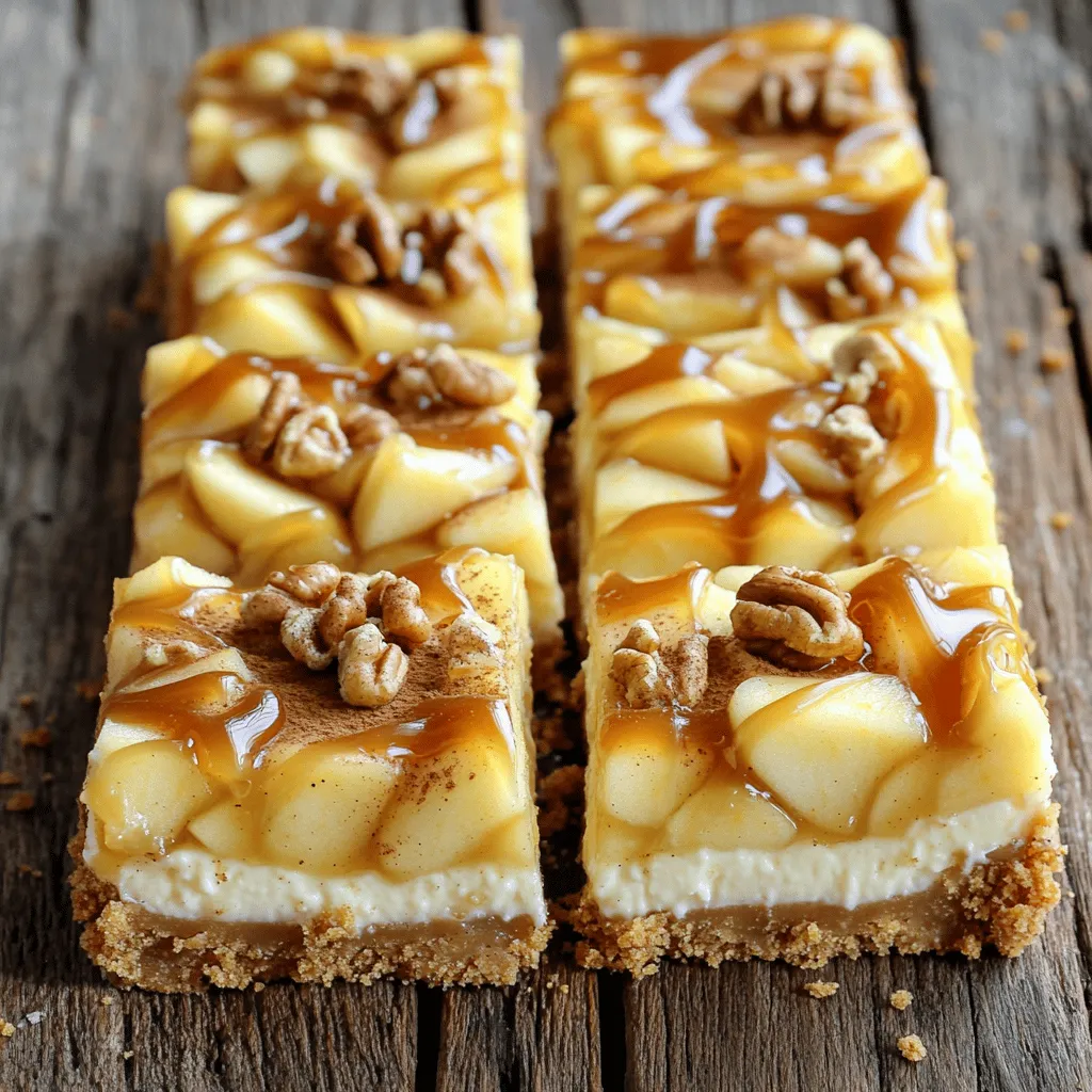 To make these tasty caramel apple cheesecake bars, gather these ingredients: - 1 ½ cups graham cracker crumbs - ½ cup unsalted butter, melted - 2 tablespoons granulated sugar - 2 (8 oz) packages cream cheese, softened - 1 cup granulated sugar - 2 large eggs - 1 teaspoon vanilla extract - 2 medium apples, peeled, cored, and diced (preferably Granny Smith) - 1 teaspoon cinnamon - ½ cup caramel sauce (store-bought or homemade) - ¼ cup chopped walnuts (optional) Choose the best apples for this recipe. I like Granny Smith apples for their tartness. Their crisp texture complements the creamy cheesecake. You can also use Honeycrisp for sweetness. Always select fresh, firm apples. For cream cheese, pick a high-quality brand. Look for full-fat cream cheese for the best flavor and texture. It will make your cheesecake rich and creamy. If you have dietary needs, there are easy swaps. For a gluten-free crust, use almond flour or gluten-free graham crackers. To make this recipe dairy-free, try using vegan cream cheese. There are many great brands available now. You can also replace butter with coconut oil for a dairy-free option. To start, preheat your oven to 350°F (175°C). Line a 9x13 inch baking dish with parchment paper. Leave some paper hanging over the edges. This helps you lift the bars out later. Next, in a bowl, mix 1 ½ cups of graham cracker crumbs, ½ cup of melted unsalted butter, and 2 tablespoons of granulated sugar. Stir until the crumbs soak up the butter. Press this crumb mixture firmly into the bottom of your lined baking dish. It should be even across the bottom. Bake this crust for 10 minutes. Once done, let it cool slightly while you prepare the filling. In a large mixing bowl, beat 2 packages of softened cream cheese with 1 cup of granulated sugar. Mix until the mixture is smooth and creamy. This is the base of your filling. Add 2 large eggs, one at a time. Mix on low speed after adding each egg. This keeps the filling light. Stir in 1 teaspoon of vanilla extract until it blends well. In another bowl, toss 2 diced medium apples with 1 teaspoon of cinnamon. These apples will add flavor and texture. Fold this apple mixture into your cream cheese batter until well combined. Once your crust has cooled, pour the cream cheese and apple mixture over it. Use a spatula to spread it out evenly. Now, drizzle ½ cup of caramel sauce over the top. Take a knife and swirl the caramel gently into the filling. If you want some crunch, sprinkle ¼ cup of chopped walnuts on top. Bake the dish in the preheated oven for 30 to 35 minutes. You want the center to set and the edges to turn lightly golden. After baking, let the bars cool to room temperature. Then, refrigerate them for at least 3 hours. This helps the flavors meld and makes it easier to slice. For the full recipe, check the detailed instructions above. Enjoy your delicious caramel apple cheesecake bars! One common mistake is overmixing the cream cheese. Mix just until smooth, and then stop. This keeps your cheesecake light and fluffy. Another mistake is not cooling the crust before adding the filling. A warm crust can cause the filling to cook unevenly. Make sure to let the cheesecake bars cool completely before slicing. If you cut them too soon, they may fall apart. Also, avoid skipping the refrigeration step. Chilling the bars helps them set properly. For the best presentation, serve the bars chilled. Drizzle extra caramel sauce on top for an eye-catching look. You can also sprinkle crushed walnuts for added crunch. A dollop of whipped cream on the side adds a nice touch. Consider pairing the bars with a scoop of vanilla ice cream. The cold ice cream complements the rich cheesecake. You can also serve them on a festive platter for a special touch. You will need a few key tools to make this recipe easy. A 9x13 inch baking dish is perfect for these bars. Line it with parchment paper for easy removal. A good mixer helps to combine the ingredients smoothly. Using a sharp knife will help you cut the bars neatly after they cool. A measuring cup and spoons are also essential for accurate ingredient amounts. Lastly, a spatula makes it easy to spread the filling evenly over the crust. For the full recipe, check out the link. {{image_2}} You can add fun flavors to your Caramel Apple Cheesecake Bars. Cinnamon is an easy choice. It gives warmth and spice. You can also mix in nutmeg for a cozy taste. If you love chocolate, try adding chocolate chips to the cream cheese mixture. It pairs well with apples and caramel. For a richer flavor, use brown sugar instead of white sugar. Toppings can change the whole feel of your dessert. Besides caramel, you can drizzle chocolate sauce on top. It adds a nice twist. You might also sprinkle crushed graham crackers for crunch. If you like nuts, chopped pecans or almonds work great. You can even add whipped cream for a light touch. Each option makes your bars unique. Seasonal flavors make these bars special. In fall, focus on apple and caramel. This is classic and comforting. For the holidays, try adding peppermint extract or crushed candy canes. This gives a festive touch. You can switch apples for pears for a different taste. Each season brings new ideas to enjoy these bars in fresh ways. You can find the Full Recipe in the earlier sections to try these variations! To keep your caramel apple cheesecake bars fresh, store them in the fridge. Use an airtight container to prevent moisture and odors from affecting the bars. Place a piece of parchment paper between layers if you stack them. This keeps them from sticking together. Your bars will stay fresh for up to five days when stored properly. You can freeze these cheesecake bars for later enjoyment. First, let them cool completely. Then, cut them into individual bars. Wrap each bar tightly in plastic wrap. Next, place the wrapped bars in a freezer-safe bag or container. They can last up to three months in the freezer. When you're ready to eat, just thaw them overnight in the fridge. To enjoy your bars warm, preheat your oven to 350°F (175°C). Place the bars on a baking sheet. Heat them for about 10 minutes. This method ensures they warm evenly without drying out. You can also microwave a single bar for about 15 to 20 seconds. Just be careful not to overheat, as it can change the texture. For the best flavor, drizzle some extra caramel on top before serving. To make Caramel Apple Cheesecake Bars, gather your ingredients. Start by mixing graham cracker crumbs, melted butter, and sugar. Press this mix into a baking dish. Then, beat softened cream cheese with sugar until smooth. Add eggs and vanilla, mixing well. Toss diced apples with cinnamon and fold them into the cream cheese mix. Pour this over the crust. Drizzle caramel on top and swirl it gently. Bake for 30 to 35 minutes until set. Cool and chill before slicing. For a detailed guide, check the Full Recipe. Yes, you can use different types of apples. While Granny Smith apples work great for their tartness, feel free to try others. Honeycrisp apples add sweetness and crunch. Fuji apples are also sweet and firm, making them a good choice. Mixing apple types can provide a nice balance of flavors. Experiment with what you like best! Caramel Apple Cheesecake Bars last about 5 days in the fridge. Store them in an airtight container to keep them fresh. If you see any change in color or smell, it’s best to discard them. Enjoy them cold, or let them sit at room temp for a bit before eating. Caramel Apple Cheesecake Bars blend rich flavors and textures perfectly. We explored ingredients, highlighting selection tips and substitutions. I shared easy steps for the crust and creamy filling. Avoid common mistakes for the best outcome. Remember, variations like spices and toppings deepen the flavor. Store them right to keep them fresh. With these tips, you can make a delicious treat that everyone will love. Enjoy your baking adventure!