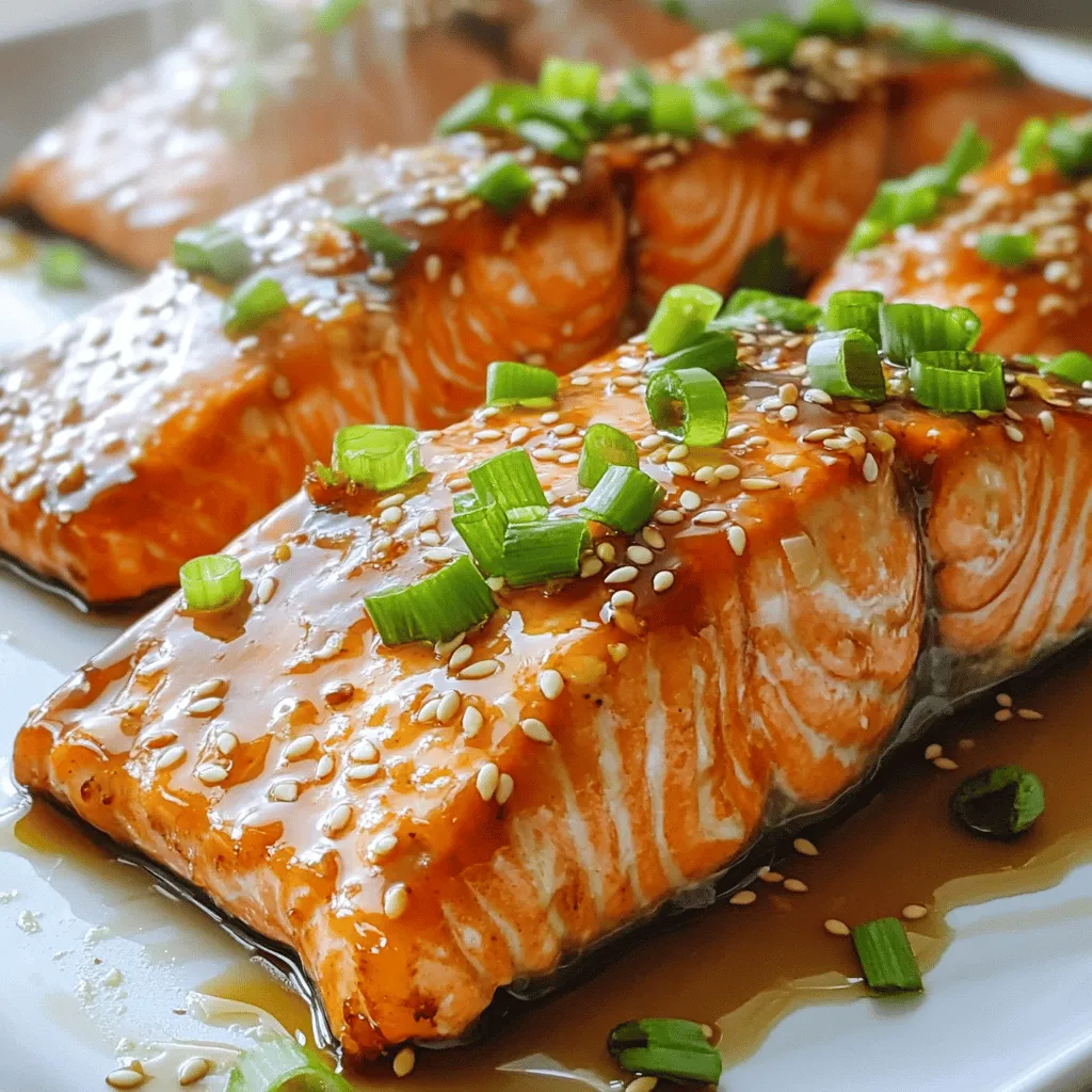 - 4 salmon fillets (6 oz each) - 1/3 cup soy sauce (low sodium) - 1/4 cup honey or maple syrup - 2 tablespoons rice vinegar - 1 tablespoon sesame oil - 2 cloves garlic, minced - 1 teaspoon fresh ginger, grated - 1 tablespoon cornstarch (optional) - 2 green onions, chopped - Sesame seeds for garnish Baked Teriyaki Salmon is a simple dish with fresh and tasty ingredients. The salmon is rich in omega-3 fatty acids, which are great for heart health. The soy sauce adds saltiness, while the honey or maple syrup brings sweetness. Rice vinegar adds a tangy kick. Sesame oil gives the dish depth, and garlic and ginger add a nice punch. - Calories: About 300 per serving - Protein: 25 grams - Fat: 12 grams - Carbohydrates: 20 grams Salmon is not just delicious; it is also very healthy. It is high in protein and good fats. This fish can help reduce inflammation and improve brain health. Enjoying salmon in your diet can have many positive effects. - Preheat the oven to 400°F (200°C). - Prepare the baking dish with parchment paper. Combine all sauce ingredients in a bowl. This includes soy sauce, honey or maple syrup, rice vinegar, sesame oil, minced garlic, and grated ginger. Mix well until it is smooth. If you want a thicker sauce, use cornstarch. Just mix 1 tablespoon of cornstarch with 2 tablespoons of water and stir it into the sauce. This will give you a nice glaze. Place the salmon fillets in the prepared baking dish, skin-side down. Pour about half of the teriyaki sauce over the fillets. Make sure they are well-coated. Reserve the rest of the sauce for later. Bake the salmon for 12 to 15 minutes. It should flake easily with a fork when it is done. In the last 5 minutes, baste the salmon with the remaining sauce. This adds extra flavor. After baking, remove the salmon and garnish it with chopped green onions and sesame seeds. To know when salmon is done, look for a few signs. The fish should flake easily with a fork. It should also turn from translucent to opaque. This change means it is cooked through. The best internal temperature for salmon is 145°F (63°C). Use a meat thermometer for accuracy. Insert it into the thickest part of the fish. This way, you ensure it is perfectly cooked. For extra flavor, try different marinades. You can mix soy sauce with citrus juice or even sriracha. Adding a bit of sesame seed oil can also boost taste. When serving teriyaki salmon, consider tasty sides. Steamed rice pairs well and so do stir-fried veggies. You can also serve it with a fresh salad for a light option. To make your dish pop, use garnishes. Chopped green onions add color and a fresh crunch. Sprinkle sesame seeds for a nice finish. Both add flavor and texture. For plating, use a clean white plate to highlight the salmon. Place the fish in the center and surround it with rice or veggies. This makes the dish look more appealing. You can also drizzle extra teriyaki sauce around the plate for flair. For the full recipe, check out the Baked Teriyaki Salmon Delight. {{image_2}} You can make this dish even better with a few swaps. If you want a gluten-free option, use tamari instead of soy sauce. For sweeteners, try agave syrup or coconut sugar. They give a nice taste too. You can also pick different fish types. Try baked teriyaki with trout or tilapia. These fish cook well and absorb flavors nicely. Baking gives a nice, even cook, but grilling can add a smoky touch. If you want to grill, just preheat the grill and place your salmon on a foil sheet. You can use an Instant Pot or air fryer for quick meals. In an Instant Pot, cook on high pressure for about 3-5 minutes. For an air fryer, set the temperature to 375°F and cook for about 8-10 minutes. Both methods keep the salmon moist. You can serve baked teriyaki salmon as a main dish. Pair it with rice and steamed veggies for a full meal. It also works great in a salad. Chop the salmon into chunks and toss it with greens, avocado, and a light dressing. Noodles are another fun option. Serve the salmon on top of noodles with the teriyaki sauce drizzled over. This adds a delicious twist to your dinner. For the full recipe, check out the earlier section. To keep your baked teriyaki salmon fresh, store it in an airtight container. Place it in the fridge right after it cools down. The salmon will stay good for up to 3 days. If you want to enjoy it later, make sure to save the sauce separately. This helps keep the flavor intact. When reheating, avoid using the microwave if you can. Instead, warm the salmon in the oven at 275°F (135°C). Cover it with foil to keep moisture in. Heat for about 10 minutes or until it's warm. This method helps maintain the salmon's texture and flavor. If you must use the microwave, do it in short bursts. This way, you can prevent drying it out. Yes, you can freeze teriyaki salmon! First, let it cool completely. Wrap each piece tightly in plastic wrap, then place them in a freezer-safe bag. Remove as much air as you can. The salmon can be frozen for up to 3 months. When you're ready to eat, thaw it in the fridge overnight. This helps keep the texture nice when you reheat it. The best way to cook salmon is baking. It keeps the fish moist. Baking allows the flavors to blend well. You can also grill or pan-sear salmon. Grilling adds a nice smoky taste. Pan-searing gives a crispy skin. Many chefs prefer baking for its simplicity. Most teriyaki sauces contain soy sauce. Traditional soy sauce has gluten. However, many brands offer gluten-free options. Look for tamari, which is a gluten-free soy sauce. Always check the label for gluten-free claims. You can also make your own sauce at home. This way, you can control the ingredients. Yes, you can use frozen salmon. Make sure to thaw it first. Thaw the salmon in the fridge overnight. If you're in a hurry, you can use cold water. Place the salmon in a sealed bag and submerge it in cold water. It should thaw quickly. Use a little extra sauce if the fish seems dry. Let salmon marinate for at least 30 minutes. This gives the flavors time to soak in. You can marinate it for up to 2 hours. Avoid marinating for too long, as the fish can become mushy. For the best taste, use a good balance of sweet and salty in your marinade. The teriyaki sauce in the Full Recipe works well here. This recipe shows how to make tasty teriyaki salmon. We covered all the ingredients, from fresh salmon to flavorful sauces. I provided step-by-step instructions for baking and tips for perfecting your dish. You learned how to enhance flavors and present salmon beautifully. Additionally, I shared storage tips and answers to common questions. With these details, you can create a delicious meal that impresses everyone. Enjoy cooking and savoring your teriyaki salmon!