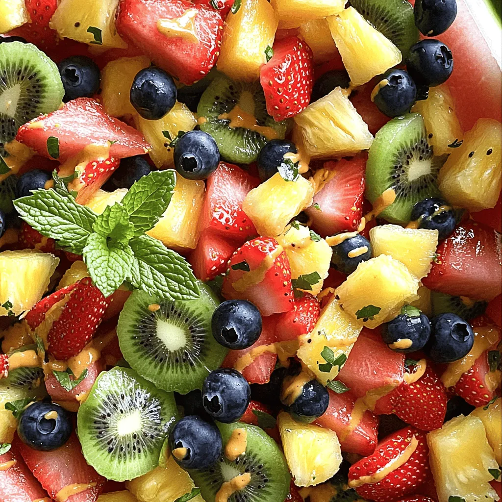 To make a delightful Honey Lime Fruit Salad, you need a mix of fresh fruits. Here’s what I recommend: - 1 cup strawberries, hulled and sliced - 1 cup blueberries - 1 cup pineapple, diced - 1 cup kiwi, peeled and sliced - 1 cup watermelon, cubed These fruits bring color and taste to the salad. Strawberries add sweetness, while blueberries offer a burst of flavor. Pineapple provides a tropical twist, and kiwi brings a lovely tartness. Watermelon adds juiciness, making each bite refreshing. Next, let’s prepare the honey lime dressing. It ties all the fruits together. For this, you'll need: - 2 tablespoons honey - 2 tablespoons fresh lime juice - Zest of 1 lime Mixing honey with lime juice creates a sweet and tangy flavor. The lime zest adds a nice aroma and extra zing. This dressing is simple yet elevates the salad. If you want to make your salad even prettier, consider adding: - Fresh mint leaves for garnish Mint adds a pop of green and a fresh taste. It makes the dish look inviting and bright. You can easily find mint at your local market. For the full recipe, check out the complete instructions. Enjoy your cooking! How to hull and slice strawberries To hull strawberries, grab a sharp knife or a huller. Insert it into the green top and push down. Twist gently and pull out the green part. Next, slice each strawberry in half or into quarters for bite-sized pieces. Dicing the pineapple Start by cutting off the top and bottom of the pineapple. Stand it upright and slice down the sides to remove the skin. After that, cut the pineapple into rings and then into cubes. Aim for pieces about an inch wide. Peeling and slicing kiwi Take a sharp knife and cut off both ends of the kiwi. Then, you can use a spoon to scoop out the flesh. Slice the kiwi into thin rounds or half-moons. This makes it easier to mix with other fruits. Whisking ingredients together In a small bowl, add 2 tablespoons of honey, 2 tablespoons of fresh lime juice, and the zest of one lime. Use a whisk to mix everything until smooth. It should blend well without any lumps. Tips for achieving the right consistency If the dressing is too thick, add a little more lime juice. If it’s too thin, a bit more honey can help. The goal is a light and smooth dressing that coats the fruit nicely. Method for tossing fruit with the dressing In a large bowl, combine your prepared fruits: strawberries, blueberries, diced pineapple, sliced kiwi, and cubed watermelon. Pour the honey lime dressing over the fruit. Gently toss everything together with a large spoon. Be careful not to mash the fruit. Recommended resting time for flavor melding Let the fruit salad sit at room temperature for about 10-15 minutes. This time allows the flavors to mix well. The honey and lime will soak into the fruit, creating a tasty delight. For the full recipe, check the details above! To make your Honey Lime Fruit Salad even better, try adding more fruits. Fresh fruits like mango, peach, or even cherries can add nice flavors. You can mix and match based on what you like. If your fruit is not sweet enough, you can adjust the sweetness with more honey. Just drizzle in a bit more honey and mix it well. When it comes to serving the salad, think colorful and fun. Use a clear bowl to show off the bright colors of the fruit. You can also serve it in individual cups for a nice touch. This makes it easy to grab at summer gatherings. For a refreshing drink, pair it with sparkling water or iced tea. This fruit salad is not just tasty; it’s good for you too! Strawberries are rich in vitamin C, while blueberries have antioxidants. Pineapple can help with digestion, and kiwi adds fiber. Honey has natural sweetness and provides energy. Lime juice can boost your immune system and adds a zesty flavor. With all these benefits, this salad is a smart choice for any meal. For the complete recipe, check out the Full Recipe. {{image_2}} For a fun twist, try adding mango and coconut flakes. The mango adds a sweet, juicy bite that pairs well with the honey lime dressing. Just peel and dice the mango, then toss it in with the other fruits. Coconut flakes bring a tropical crunch. You can use sweetened or unsweetened flakes, based on your taste. This version makes the salad feel like a mini vacation! For a berry-packed treat, use mixed berries with yogurt. Combine strawberries, blueberries, and raspberries for vibrant color. The berries add a burst of flavor that pops with each bite. Swirling in some yogurt makes it creamy and rich. Use plain or flavored yogurt, depending on your preference. This version offers a delicious twist on the classic salad! Want a zesty kick? Add orange and grapefruit for a bright, refreshing taste. Peel and segment the orange, then cut the grapefruit into bite-sized pieces. The citrus fruits enhance the salad's tangy notes. They also add a lovely contrast to the sweet honey lime dressing. This version is perfect for those who love a little zing in their fruit salad! For the full recipe, check out [Full Recipe]. These variations let you customize your Honey Lime Fruit Salad to fit any mood or occasion! To keep your Honey Lime Fruit Salad fresh, store it in an airtight container. This helps prevent the fruits from browning and losing their taste. Avoid adding the dressing until you're ready to serve. This keeps the fruits crisp and flavorful. In the refrigerator, your fruit salad lasts for about 3 days. After this, the fruits may get mushy. Always check for any off smells or changes in color. If the salad looks or smells funny, it's best to toss it. You can get creative with any leftover fruit salad. Here are some fun ideas: - Smoothies: Blend the salad with yogurt or milk for a tasty drink. - Toppings: Use it on pancakes or waffles for a fruity twist. - Desserts: Mix it into yogurt or ice cream for a sweet treat. These ideas help you enjoy every bit of your delicious Honey Lime Fruit Salad! For the full recipe, check out the earlier section. Yes, you can use many other fruits for your salad. Some great options include: - Mango - Grapes - Raspberries - Peaches - Oranges These fruits add unique flavors and colors. You can mix and match based on what you like. Just remember to keep the balance of sweet and tart. This way, your honey lime dressing shines through. You should not leave the salad out for more than two hours. After that, bacteria can grow. If it’s hot outside, keep it out for only one hour. To keep it fresh, serve it straight from the fridge. This way, everyone enjoys the cold, crisp fruits. Making honey lime dressing is easy and quick. Here’s how: 1. In a small bowl, measure out two tablespoons of honey. 2. Add two tablespoons of fresh lime juice. 3. Grate the zest from one lime into the mix. 4. Whisk all ingredients until smooth. This dressing adds a bright flavor to your salad. You can adjust the sweetness by adding more honey if needed. Enjoy the fresh taste in every bite! For the full recipe, check out the Honey Lime Fruit Salad section. This blog post shared a simple recipe for a Honey Lime Fruit Salad. You learned about fresh ingredients, a tasty dressing, and creative ways to serve. I highlighted the health benefits too. Try adding your favorite fruits or garnishes. Each option makes the salad unique and fun. Enjoy this refreshing dish at your next gathering or snack time! With these easy steps, you can impress your friends and family with a delightful fruit salad.