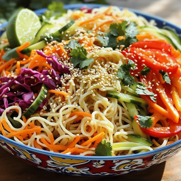 - 8 ounces rice noodles - 1 cup shredded carrots - 1 bell pepper (red or yellow), thinly sliced - 1 cucumber, julienned - 1 cup red cabbage, shredded - 1/4 cup scallions, chopped - 1/4 cup fresh cilantro, chopped - 1/4 cup sesame seeds (toasted) - 3 tablespoons soy sauce - 2 tablespoons sesame oil - 1 tablespoon fresh ginger, grated - 1 garlic clove, minced - 1 tablespoon honey or maple syrup - Juice of 1 lime - Pinch of red pepper flakes (optional) This salad serves four people. Each serving has about 200 calories. The macronutrient breakdown is as follows: - Carbohydrates: 30g - Protein: 5g - Fats: 8g This dish is gluten-free if you use the right soy sauce. It is also vegan-friendly. The mix of fresh veggies adds vitamins and minerals while keeping the dish light and bright. Enjoying this salad gives you a tasty way to eat healthy. For the full recipe, check out the [Full Recipe]. To start, bring water to a boil in a large pot. Use enough water to let the noodles move freely. Once the water boils, add 8 ounces of rice noodles. Cook them according to the package instructions, which usually takes about 5 to 7 minutes. When they are done, drain the noodles and rinse them under cold water. This step stops the cooking process and keeps them from getting mushy. Set the noodles aside while you prepare the vegetables. While your noodles cook, let's prep the veggies. First, shred 1 cup of carrots. Then, take 1 bell pepper, either red or yellow, and slice it thinly. For the cucumber, julienne it into thin strips. Shred 1 cup of red cabbage, then chop 1/4 cup of scallions and 1/4 cup of fresh cilantro. Keep all the veggies ready in a bowl for easy mixing later. Now, we create the dressing. In a small bowl, whisk together the following ingredients: - 3 tablespoons soy sauce - 2 tablespoons sesame oil - 1 tablespoon fresh ginger, grated - 1 garlic clove, minced - 1 tablespoon honey or maple syrup - Juice of 1 lime - Optional: A pinch of red pepper flakes for some heat Mix these well until they blend into a smooth dressing. In a large mixing bowl, add the cooked noodles. Then, toss in the prepared vegetables: shredded carrots, bell pepper, cucumber, red cabbage, scallions, and cilantro. Pour the dressing over the top. Gently toss everything together until well combined. The noodles and veggies should be coated with the dressing. For that extra crunch, toast the sesame seeds. Take a small pan and heat it over medium heat. Add 1/4 cup of sesame seeds to the pan. Stir them frequently for a few minutes until they turn golden and smell fragrant. Watch them closely, so they don't burn. Divide the noodle salad into serving bowls. Sprinkle the toasted sesame seeds on top for garnish. For a colorful touch, add extra cilantro and some lime wedges on the side. This salad looks great and tastes even better. Enjoy it as a light meal or a side dish. For the full recipe, refer back to the earlier section. To avoid mushy noodles, watch the cooking time closely. Rice noodles cook quickly. Follow the package instructions, usually around 5-7 minutes. After cooking, drain the noodles and rinse them under cold water. This stops the cooking process and keeps them firm. You can also toss them with a bit of sesame oil. This adds flavor and keeps them from sticking. Want to boost the taste? Try adding more ginger for a zing. Red pepper flakes bring heat. You could mix in sliced jalapeños or sriracha for a spicy kick. Adding crushed peanuts gives a nutty crunch. You can also use a splash of rice vinegar for a tangy twist. Fresh herbs like mint or basil can brighten the dish too. Make your salad pop with color! Use a mix of bell peppers—red, yellow, and orange. Add purple cabbage for a vibrant touch. You can also include green edamame or bright cherry tomatoes. To make it more appealing, serve in large, colorful bowls. A sprinkle of extra cilantro and lime wedges on the side adds freshness. This will make your dish look as good as it tastes! {{image_2}} You can boost your Sesame Ginger Noodle Salad with protein. Try adding cooked chicken, shrimp, or tofu. - Chicken: Grill or sauté chicken breast, then slice it thin. - Shrimp: Sauté shrimp in a bit of oil until pink and cooked through. - Tofu: Press and cube firm tofu. Pan-fry until golden for extra flavor. These additions make the salad heartier and give you more options. Feel free to swap out vegetables based on what you have. The salad is very flexible. - Zucchini: Use spiralized zucchini for a fresh twist. - Snap Peas: These add a nice crunch and sweet flavor. - Radishes: Thinly sliced, they bring a peppery bite. Using seasonal veggies can make the dish fresh and exciting. You can play with the dressing to keep it interesting. - Peanut Dressing: Add peanut butter for a rich, nutty flavor. - Spicy Variations: Include sriracha or chili paste for heat. Experimenting with the dressing can change the whole vibe of your salad. Check out the Full Recipe for more ideas! To store leftovers of your Sesame Ginger Noodle Salad, put it in an airtight container. Keep it in the fridge. Make sure it cools down before sealing it. This helps keep the flavors fresh. Use it within three days for best taste. You can freeze this noodle salad, but it may change a bit. First, leave out the fresh veggies and sesame seeds. They do not freeze well. Place the noodles and dressing in a freezer-safe bag. Squeeze out extra air before sealing. It can stay in the freezer for up to two months. When ready to eat, thaw it in the fridge. Add fresh veggies and seeds just before serving. The salad stays fresh for about three days in the fridge. After that, the veggies may lose their crunch. The dressing can last longer, but mix it with fresh ingredients before serving. Always check for any signs of spoilage before enjoying your dish again. Yes, you can make this salad ahead of time! To do this, prepare the salad up to the point of mixing in the dressing. Store the cooked noodles and vegetables in separate containers. Keep the dressing in a jar or small bowl. When you're ready to eat, just mix it all together. This keeps everything fresh and crisp. You can store it in the fridge for up to two days. If you need a substitute for rice noodles, try soba noodles or quinoa. Both options are tasty and healthy. You can also use zucchini noodles for a low-carb choice. Just spiralize the zucchini and mix it in. Make sure to adjust cooking times for each noodle type. Absolutely! This salad is great for meal prep. Portion it into containers with separate dressing. This way, you can enjoy it throughout the week. It stays fresh and tasty. Just remember to add the dressing right before eating to keep everything crunchy. Want to kick up the heat? Add more red pepper flakes to the dressing. You can also include sliced jalapeños or sriracha. Mix these spicy elements right into the salad for extra flavor. Adjust the heat to your liking. This salad pairs well with grilled chicken or shrimp. You can also serve it with spring rolls for a nice touch. Try adding a light soup as a starter. These sides make a full and delicious meal experience. For the full recipe, check out the complete section above. This noodle salad is fresh and bright, packed with crisp veggies. You learned how to cook rice noodles, prepare colorful vegetables, and whip up a tasty dressing. You can mix it all together for a delicious meal. Remember, you can customize the salad with different proteins or dressings. Store leftovers properly to keep them fresh. Enjoy creating a perfect meal for yourself or to share!