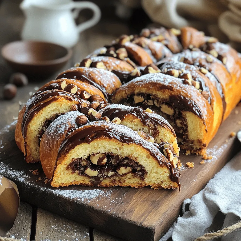 To make a Chocolate Hazelnut Babka, you need fresh, quality ingredients. Here’s what you will need: - 4 cups all-purpose flour - 1/2 cup granulated sugar - 1 packet (2 1/4 teaspoons) active dry yeast - 1 cup milk, warmed (about 110°F/43°C) - 1/2 cup unsalted butter, melted - 3 large eggs - 1 teaspoon vanilla extract - 1/2 teaspoon salt - 1 cup good quality dark chocolate, chopped - 1 cup hazelnuts, toasted and roughly chopped - 1/4 cup cocoa powder - 1/2 cup powdered sugar (for glaze) - 2-3 tablespoons water (for glaze) Using fresh ingredients makes a big difference in flavor. The rich taste of dark chocolate pairs well with the nuttiness of hazelnuts. These flavors blend to create a delightful treat. When you gather your ingredients, ensure that your butter is melted but not hot. Warm milk helps activate the yeast. This step is key for a fluffy texture. The eggs add richness and moisture, making your babka even better. For the glaze, powdered sugar and water make a simple yet tasty finish. It adds a nice shine and sweetness to the babka. If you want to see the full recipe, check the section on instructions. First, mix warm milk and sugar in a small bowl. Stir until the sugar dissolves. Next, sprinkle the yeast over the milk mixture. Let it sit for about 5-10 minutes until it bubbles. In a large bowl, combine flour and salt. Make a well in the center and add the yeast mixture, melted butter, eggs, and vanilla. Mix until a dough forms. Now it's time to knead the dough. Place it on a floured surface. Knead for about 8-10 minutes until smooth and elastic. Then, place the dough in a greased bowl. Cover it with a damp cloth. Let it rise in a warm area for 1-2 hours, or until it doubles in size. While the dough rises, prepare the filling. Melt the dark chocolate in a heat-proof bowl over simmering water. Stir in the cocoa powder until well mixed. Let it cool slightly before using. When the dough has risen, punch it down. Roll it out into a 16x24 inch rectangle on a floured surface. Spread the chocolate mixture evenly over the dough. Sprinkle the chopped hazelnuts on top. Starting from one long side, roll the dough tightly into a log. Pinch the seams to seal it. Slice the log in half lengthwise to show the filling. Twist the two halves together into a braid. Place the braided dough into a greased loaf pan. Cover with a cloth and allow it to rise for another 30-45 minutes. Preheat your oven to 350°F (175°C). Bake the babka for 30-35 minutes. Check for doneness by inserting a toothpick; it should come out clean. While the babka bakes, prepare the glaze. Mix powdered sugar with enough water to create a smooth mixture. After baking, let the babka cool slightly. Drizzle the glaze over the top for a sweet finish. The dough for babka likes warmth. Aim for a spot around 75°F to 80°F. This helps the yeast grow strong and fluffy. To know when the dough is ready, look for size. It should double in bulk. You can also poke it gently. If it springs back slowly, it’s good to go. To store leftover babka, wrap it tight in plastic wrap. This keeps it fresh. You can keep it at room temperature for up to three days. If you want to save it longer, freeze it. Slice it first for easy thawing. For reheating, use the oven. Preheat it to 350°F. Wrap the babka in foil to avoid drying. Heat for about 10-15 minutes. This brings back its soft, warm texture. For special occasions, serve babka warm. Slice thick pieces and place them on a nice board. You can dust with powdered sugar for a pretty touch. Pair it with coffee or tea for a delightful treat. It also goes well with whipped cream or vanilla ice cream for extra joy. {{image_2}} You can make your Chocolate Hazelnut Babka even more exciting. Try adding spices like cinnamon or cardamom. Just a pinch can give a warm depth to the flavor. You can also use flavor extracts, such as almond or orange. These will add a unique twist. For fillings, think beyond chocolate and hazelnuts. You can use fruits like raspberries or apples. They pair well with the chocolate. Nuts other than hazelnuts, like almonds or walnuts, can add different textures. Get creative and mix what you love! If you need a gluten-free option, substitute regular flour for a gluten-free blend. Many brands offer blends that work well in baking. Just make sure to follow the package instructions for best results. For a vegan babka, replace eggs with flax eggs or applesauce. Use plant-based milk and butter as well. These swaps will keep the taste and texture delicious. Baking without animal products can still yield a rich and fluffy babka! How you shape your babka can change its look. Instead of the classic braid, try a twist or a simple roll. You can even make mini babkas for individual servings. These are fun for gatherings or brunch. When serving, choose unique platters. A wooden board or a colorful cake stand can elevate your dish. Add a sprinkle of powdered sugar or extra hazelnuts on top. These small touches make a big impact on how your babka looks! For the full recipe, refer to the Decadent Chocolate Hazelnut Babka section. To keep your babka fresh at room temperature, wrap it in plastic wrap. This helps seal in moisture. Place it in a cool, dry spot. Avoid direct sunlight or heat. The babka stays good for about 2-3 days this way. If you want to keep it longer, refrigeration is another option. When refrigerating, place your babka in an airtight container. This prevents it from drying out. It can last up to a week in the fridge. However, refrigeration can change the texture slightly. You might lose some of the fluffiness. To freeze your babka, let it cool completely first. Then, wrap it tightly in plastic wrap. This keeps out air and prevents freezer burn. Next, place the wrapped babka in a freezer-safe bag or container. It can stay frozen for up to three months. When you want to enjoy it again, thaw the babka in the fridge overnight. If you’re in a hurry, you can thaw it at room temperature for a few hours. After it’s thawed, you can warm it in the oven. Set it to 350°F (175°C) for about 10-15 minutes. This helps restore its lovely texture and flavor. Chocolate hazelnut babka is a sweet bread. It is twisted with rich chocolate and crunchy hazelnuts. This bread has a soft, fluffy texture and a beautiful swirl pattern. Babka comes from Eastern European Jewish cuisine. It is often served for dessert or as a sweet breakfast. You can enjoy it warm or at room temperature. The flavors blend well, making each bite delightful. Yes, you can prep this recipe ahead. You can make the dough a day before. After kneading, let it rise, then refrigerate it. On baking day, take it out and let it warm up. This will save time when you are ready to bake. You can also freeze the babka after shaping. Just thaw it before the final rise and bake. You can find great chocolate hazelnut babka at local bakeries. Look for shops that specialize in artisanal bread. They often make babka fresh daily. Some popular chains may also carry it. If you want a unique experience, try a bakery with a good reputation. Online reviews can help guide you to the best spots. Yes, you can change the sweetness to your liking. If you prefer less sugar, reduce the granulated sugar in the dough. For the filling, use less chocolate or cocoa powder. You can also add more hazelnuts for a nutty flavor. Taste the filling before you spread it on the dough to find the right balance. You can find the full recipe for decadent chocolate hazelnut babka in this article. Enjoy making this delicious treat! We explored how to make a delicious Chocolate Hazelnut Babka. You learned about the key ingredients and step-by-step instructions. We also shared tips for perfecting your dough and variations for personal tastes. Finally, I provided storage tips for keeping your babka fresh. This treat is not just tasty; it’s flexible and fun. Enjoy creating your own babka masterpiece!