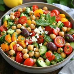 For the Mediterranean Chickpea Salad, you will need: - 1 can (15 oz) chickpeas, drained and rinsed - 1 cup cherry tomatoes, halved - 1 cucumber, diced - 1 bell pepper (red or yellow), diced - ½ red onion, finely chopped - ¼ cup Kalamata olives, pitted and sliced - ½ cup feta cheese, crumbled - 2 tablespoons fresh parsley, chopped - 2 tablespoons fresh mint, chopped - 3 tablespoons olive oil - 2 tablespoons lemon juice - Salt and pepper to taste When measuring ingredients, be precise. Use a dry measuring cup for solids and a liquid measuring cup for liquids. For the best taste, choose ripe cherry tomatoes and fresh herbs. Fresh produce adds bright flavors. I often prefer fresh ingredients for their taste and texture. However, canned chickpeas save time. Rinse them well to remove excess sodium. Fresh herbs like parsley and mint elevate the dish. They bring a punch of flavor that canned versions lack. Always choose quality ingredients for the best Mediterranean Chickpea Salad. For a full recipe, check the earlier section. Start by gathering your ingredients. You will need: - 1 can (15 oz) chickpeas, drained and rinsed - 1 cup cherry tomatoes, halved - 1 cucumber, diced - 1 bell pepper (red or yellow), diced - ½ red onion, finely chopped - ¼ cup Kalamata olives, pitted and sliced - ½ cup feta cheese, crumbled - 2 tablespoons fresh parsley, chopped - 2 tablespoons fresh mint, chopped - 3 tablespoons olive oil - 2 tablespoons lemon juice - Salt and pepper to taste In a large bowl, combine the chickpeas, halved cherry tomatoes, diced cucumber, diced bell pepper, and finely chopped red onion. This mix is colorful and fresh. Next, add the sliced Kalamata olives and crumbled feta cheese to the bowl. The olives add a nice briny flavor, and the feta adds creaminess. For the dressing, take a small bowl. Whisk together the olive oil, lemon juice, a pinch of salt, and pepper. This dressing is bright and zesty. Pour it over the salad ingredients and toss gently. Now, add the chopped parsley and mint. Toss again to mix the herbs evenly. Taste the salad and adjust the seasoning if needed. Cover the salad with plastic wrap. Chill it in the refrigerator for at least 30 minutes. This time helps the flavors blend well. When ready to serve, present the salad in a large bowl or on individual plates. Garnish with a sprig of mint and a sprinkle of extra feta on top. It looks beautiful and inviting. You can find the full recipe in the recipe section. Enjoy your Mediterranean Chickpea Salad! To boost the flavor of your Mediterranean Chickpea Salad, use fresh herbs. Fresh parsley and mint add bright notes. Try adding a pinch of red pepper flakes for heat. A splash of balsamic vinegar can deepen the taste. You can also roast the chickpeas for a crunchy twist. Toss them in olive oil and spices, then bake until crisp. This adds a new texture and flavor. One common mistake is not rinsing the chickpeas. Rinsing removes excess salt and improves taste. Another mistake is cutting veggies too big. Smaller pieces mix better and make each bite tasty. Don’t skip chilling the salad. Giving it time in the fridge helps flavors blend. Lastly, check the seasoning. Taste before serving and adjust salt and pepper if needed. If you have leftover veggies, add them to the salad. Bell peppers, cucumbers, or even carrots work well. You can also use leftover grains like quinoa or couscous for extra fiber. If you have a bit of feta or olives left, toss them in too. This salad is flexible, making it easy to use what you have. For a fun twist, mix in leftover roasted chicken or shrimp. Enjoy your creative spin on this dish! For the full recipe, refer to the section above. {{image_2}} You can mix in many tasty ingredients to your Mediterranean chickpea salad. Here are some ideas: - Avocado for creaminess - Artichoke hearts for a tangy bite - Sun-dried tomatoes for added flavor - Fresh basil for a sweet touch - Quinoa for extra protein These additions can give your salad a new twist and keep it exciting. This salad is naturally vegan and gluten-free. To make it even more versatile, you can swap feta cheese with tofu or avocado. This change keeps it creamy while staying dairy-free. Ensure that the olives and any canned ingredients are gluten-free too. You can change the salad based on the season. In spring, add fresh peas and radishes. Summer is perfect for juicy peaches or nectarines. In fall, roasted sweet potatoes or apples can add warmth. Winter calls for hearty greens like kale or spinach. Each season brings unique flavors and colors to your salad. Check out the Full Recipe for more details on making your Mediterranean chickpea salad shine! To keep your Mediterranean chickpea salad fresh, store it in an airtight container. Use glass or plastic containers with tight lids. If possible, separate the dressing from the salad. This helps keep the veggies crisp. Add the dressing just before serving. You can also store the salad in smaller portions. This way, you grab what you need for lunch or dinner. When stored properly in the fridge, your salad will last about 3 to 5 days. After that, the veggies may start to lose their crunch. If you notice any bad smells or changes in color, it's best to toss it. Always trust your senses when checking food. You don't need to heat this salad, as it tastes best cold. However, if you prefer a warm dish, you can warm some of the ingredients separately. Heat the chickpeas in a pot on low heat. Just be careful not to overcook them. Add the warm chickpeas back to the salad right before serving for a twist. For the full recipe, check out Mediterranean Chickpea Salad. Yes, you can make this salad a day before. The flavors blend better when chilled. Store it in the fridge in an airtight container. Just give it a good stir before serving to mix up the dressing again. You can use goat cheese or a dairy-free cheese. If you want a nutty flavor, try using crumbled tofu or nutritional yeast. Both options work well and keep the salad tasty. Absolutely! This salad is packed with protein from chickpeas and vitamins from fresh veggies. The olive oil adds healthy fats. It is low in calories and high in fiber, making it a great choice for a meal. To make this salad heartier, add quinoa or farro. You can also toss in some grilled chicken or shrimp. Nuts, like almonds or walnuts, add crunch and protein. These additions make the salad a complete meal. For a complete guide on how to prepare this dish, check out the Full Recipe. Making a great Mediterranean Chickpea Salad is easy and fun. You learned about fresh ingredients and how to prep them. I shared tips to enhance flavor and avoid common mistakes. You can even switch ingredients to suit your diet. Storing leftovers is simple, and I gave you clear guidelines. Try making this salad your own. Use creative variations and enjoy its health benefits. I hope you feel inspired to cook and share your salad. Happy cooking!