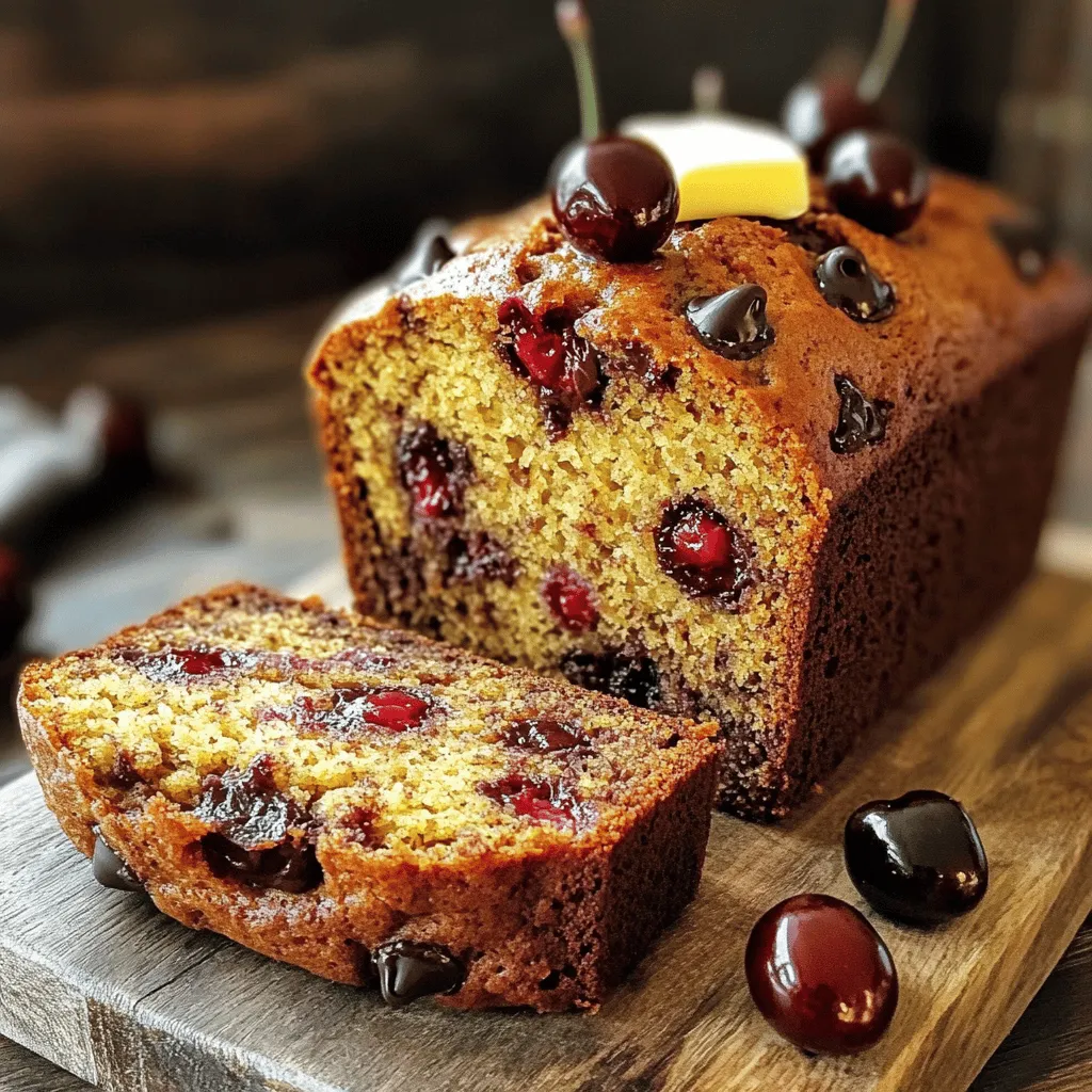 To make this tasty cherry chocolate chip banana bread, you will need the following ingredients: - 3 ripe bananas, mashed - 1 cup cherries, pitted and halved - 1/2 cup dark chocolate chips - 1/2 cup granulated sugar - 1/4 cup brown sugar - 1/3 cup unsalted butter, melted - 2 large eggs - 1 teaspoon vanilla extract - 1 teaspoon baking soda - 1/2 teaspoon baking powder - 1/4 teaspoon salt - 1 1/2 cups all-purpose flour - Optional: 1/2 cup chopped nuts (walnuts or pecans) Measuring accurately is key. Use a kitchen scale for best results. For dry ingredients, use a spoon to scoop flour into your measuring cup. Level it with a knife. For sticky ingredients like honey or molasses, spray the cup with non-stick spray first. This helps them slide out easily. When preparing fruit, mash bananas well. They should be smooth, but some lumps are okay. For cherries, cut them in half and remove the pits. This adds a burst of flavor. You can make a few swaps if needed. Here are some ideas: - Bananas: If you don’t have ripe bananas, use applesauce. One cup equals one banana. - Cherries: Frozen cherries work just fine. Thaw and drain them first. - Chocolate Chips: Use milk chocolate or white chocolate if you prefer. - Flour: For a gluten-free option, use gluten-free all-purpose flour. - Nuts: Omit nuts if you have allergies. The bread will still taste great! This recipe is flexible, so feel free to mix and match! For the full recipe, check the instructions above. First, set your oven to 350°F (175°C). This step warms the oven for even baking. While it heats, grab a 9x5 inch loaf pan. Grease it with butter or non-stick spray. This helps the bread slide out easily later. In a large bowl, mash three ripe bananas. You want them smooth but still a bit chunky. Add 1/3 cup melted butter, 1/2 cup granulated sugar, and 1/4 cup brown sugar. Mix these well until they blend together. Next, crack in two large eggs and pour in one teaspoon of vanilla extract. Whisk until you have a smooth mixture. Now, take another bowl to mix dry ingredients. Sprinkle one teaspoon of baking soda, 1/2 teaspoon baking powder, and 1/4 teaspoon salt over 1 1/2 cups all-purpose flour. Stir these together gently. This helps to evenly distribute the leavening agents. It’s time to combine wet and dry. Slowly add the flour mix to the wet ingredients. Stir just until you see no more flour. The batter should be a bit lumpy, which is perfect. Now, gently fold in 1 cup of pitted and halved cherries and 1/2 cup of dark chocolate chips. If you like nuts, add 1/2 cup of chopped walnuts or pecans too. This adds a nice crunch. Pour your batter into the greased loaf pan. Use a spatula to smooth the top. Place it in the preheated oven. Bake for 55-65 minutes. To check if it’s done, insert a toothpick into the center. If it comes out clean, the bread is ready! When baked, take the pan out and let it cool for about 10 minutes. Then, transfer the bread to a wire rack. Let it cool completely. For serving, slice the banana bread warm. A smear of butter or cream cheese makes it even better. Optionally, top with whole cherries for a fun look. Enjoy this delicious treat! If you need ripe bananas fast, try this method: - Preheat your oven to 300°F (150°C). - Place unpeeled bananas on a baking sheet. - Bake for 15 to 20 minutes. - Let them cool before using. This will soften the bananas and bring out their sweet flavor. For soft and moist banana bread, follow these tips: - Use very ripe bananas; the darker, the better. - Don’t overmix the batter; it should be slightly lumpy. - Allow the bread to cool fully before slicing. This helps the flavors meld and the texture to set. Having the right tools makes baking easier: - A 9x5 inch loaf pan is ideal for this recipe. - Use a large mixing bowl for easy stirring. - A spatula helps to fold ingredients without overmixing. - A toothpick tests if the bread is done. These tools will help you achieve the best results. Serve this treat warm for the best flavor. - Spread a little butter or cream cheese on warm slices. - Garnish with whole cherries on top for style. - Pair your banana bread with a cup of coffee or tea. These simple steps make your experience even better. For the full recipe, check out the detailed instructions above. {{image_2}} You can change up the fruit in this recipe. Blueberries add a nice burst of flavor. Raspberries give a sweet and tart taste. Both fruits mix well with cherries and chocolate. Feel free to swap or add any fruit you enjoy. Just make sure to keep the total amount of fruit similar. The type of chocolate you choose can change the taste. Dark chocolate offers a rich flavor. Milk chocolate is sweeter and creamier. White chocolate adds a unique sweetness. Try different types to find your favorite mix. Each type of chocolate will give a new twist to your banana bread. Nuts can add crunch and flavor. Pecans bring a buttery taste. Almonds add a nice bite. If you prefer, you can skip nuts altogether. The banana bread will still taste amazing without them. Experiment with different nuts or choose none for a nut-free option. You can easily make this banana bread gluten-free. Swap all-purpose flour with a gluten-free blend. Make sure the blend works for baking. Check that all other ingredients are gluten-free too. Your banana bread will still be soft and delicious, perfect for everyone to enjoy. For the full recipe, check the details above. To keep your cherry chocolate chip banana bread fresh, wrap it tightly in plastic wrap. You can also place it in an airtight container. Store it at room temperature for up to three days. If you want to keep it longer, freezing is a great option. Freezing cherry chocolate chip banana bread is simple. First, let the bread cool completely. Then, wrap it well in plastic wrap or aluminum foil. For best results, place it in a freezer-safe bag. It can last for up to three months in the freezer. When you’re ready to eat, just thaw it in the fridge overnight. To reheat your banana bread, preheat your oven to 350°F (175°C). Place the slices on a baking sheet and cover them lightly with foil. Heat for about 10-15 minutes until warm. If you prefer, you can microwave a slice for about 15-20 seconds. This keeps the bread soft and yummy. Enjoy it warm for the best taste! Yes, you can use frozen cherries. Just thaw and drain them before use. Frozen cherries work well and still add great flavor. They might release more juice, so adjust baking time slightly if needed. Make sure to chop them into smaller pieces for even mixing. To check if the banana bread is done, insert a toothpick into the center. If it comes out clean, the bread is ready. If it has batter on it, bake for a few more minutes. The top should be golden brown and spring back when touched. Absolutely! You can make mini loaves. Just adjust the baking time. Mini loaves usually take about 25 to 35 minutes to bake. Use the toothpick test to check for doneness. This is a fun way to share or gift the bread. Here are the nutritional facts per slice (based on 8 servings): - Calories: 210 - Total Fat: 8g - Saturated Fat: 4g - Cholesterol: 40mg - Sodium: 150mg - Total Carbohydrates: 32g - Dietary Fiber: 1g - Sugars: 12g - Protein: 3g Keep in mind that these values can vary based on ingredient brands and specific measurements. Enjoy your delicious Cherry Chocolate Chip Banana Bread! For the full recipe, check the recipe section above. Cherry chocolate chip banana bread combines sweet and tangy flavors for a delicious treat. We covered ingredients, mixing steps, and helpful baking tips. Experiment with fruits and nuts to make it your own. Store leftovers properly to enjoy later. Simple adaptations make this recipe perfect for any palate or diet. You can create something unique and tasty. Remember, baking is all about fun and sharing love through food. Enjoy your baking experience!