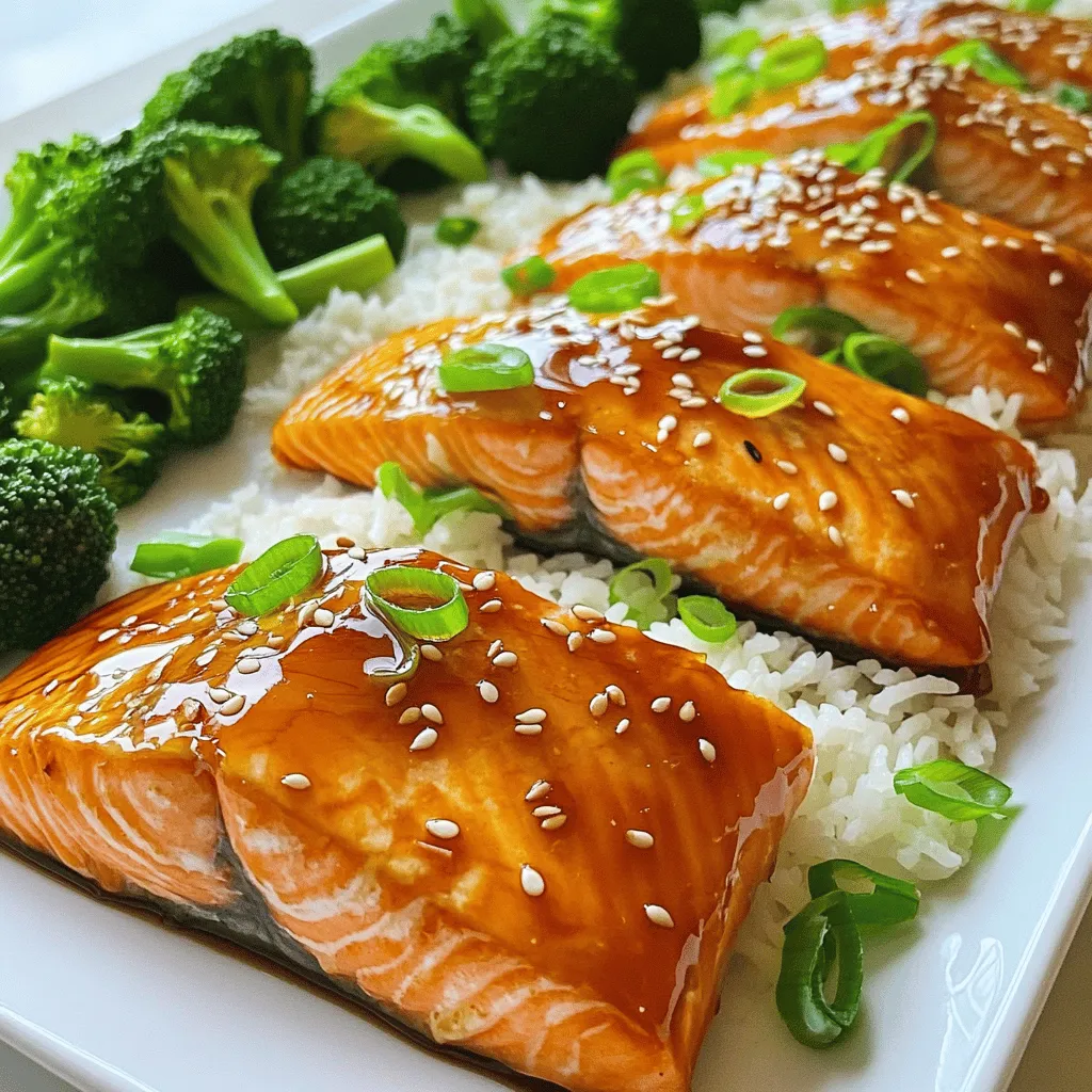 - 4 salmon fillets (6 oz each) - 1/4 cup honey - 2 tablespoons Sriracha sauce - 2 tablespoons soy sauce (low sodium preferred) - 1 tablespoon fresh ginger, grated - 3 cloves garlic, minced - 1 tablespoon sesame oil - 2 green onions, sliced - Sesame seeds - Salt and pepper to taste - Baking sheet - Parchment paper - Mixing bowl - Whisk Using fresh ingredients makes this dish shine. I always look for the best salmon. It should smell fresh and not fishy. Honey adds sweetness, while Sriracha brings heat. The balance of these flavors is key. Soy sauce adds a savory touch. Ginger and garlic give depth to the glaze. I love the aroma when they mix. Sesame oil gives a nutty flavor, rounding out the dish. For garnishes, I use green onions and sesame seeds. They add color and a nice crunch. Salt and pepper season the salmon, making it taste just right. Gather your equipment first. A baking sheet lined with parchment makes cleanup easy. A mixing bowl and whisk help in making the glaze. This setup helps you stay organized while cooking. For the full recipe, check the details above. Enjoy making this tasty dish! - Preheat oven to 400°F (200°C) - Line a baking sheet with parchment paper Start by preheating your oven. This step is key to getting that perfect cook. Next, grab a baking sheet and line it with parchment paper. This keeps the salmon from sticking and makes cleanup easy. - Combine honey, Sriracha sauce, soy sauce, grated ginger, minced garlic, and sesame oil in a bowl - Whisk until well blended In a bowl, mix together the honey, Sriracha, soy sauce, grated ginger, minced garlic, and sesame oil. Use a whisk to blend them well. This glaze gives our salmon a sweet and spicy kick. You can taste it and adjust if you want more heat or sweetness. - Pat salmon fillets dry and season with salt and pepper - Coat with the prepared glaze Take the salmon fillets and pat them dry. This helps the glaze stick better. Season both sides with salt and pepper, then coat each fillet with the glaze. Make sure to cover them well for full flavor. - Arrange salmon on the baking sheet and bake for 12-15 minutes - Baste with reserved glaze halfway through Place the salmon on the lined baking sheet. Bake them in the hot oven for 12 to 15 minutes. Halfway through, baste the fillets with some reserved glaze. This adds extra flavor and keeps the salmon moist. - Remove salmon and let it rest - Garnish with green onions and sesame seeds before serving Once cooked, take the salmon out of the oven and let it rest for a couple of minutes. This helps keep it juicy. Before serving, sprinkle sliced green onions and sesame seeds on top. This adds a nice crunch and bright color. For the full recipe, check out the complete instructions! You can change the Sriracha amount to fit your spice level. If you like it mild, use less. If you love heat, add more. You can also swap salmon for other fish. Trout or cod work well in this dish. You can bake the salmon or grill it. Baking is easier, but grilling gives a nice char. To check if your salmon is done, look for a flaky texture. It should separate easily with a fork. Want to make it brighter? Add some citrus zest like lemon or lime. Fresh herbs like cilantro also boost flavor. They add a nice touch and make the dish pop. {{image_2}} You can swap honey for maple syrup or agave. Both sweeteners work great. If you want more heat, add minced jalapeños to the glaze. This gives a spicy kick. You can adjust the heat to your taste. Try cooking the salmon in an air fryer. It makes the outside crispy while keeping the inside moist. Set the air fryer to 375°F (190°C) for about 10-12 minutes. You can also broil the salmon for a caramelized finish. Broil for 5-7 minutes. Keep a close eye on it to avoid burning. Get creative with sauces! You can use teriyaki sauce for a different twist. Infusing with lemon or lime juice brightens the flavor. It adds a fresh zing to the dish. These simple changes can make each meal special. For the full recipe, check out the details above. To store your Sriracha honey glazed salmon, place it in an airtight container. This keeps it fresh for up to three days. If you have leftover glaze, store that separately in a small jar. Glass containers work best for keeping flavors intact. You can reheat Sriracha honey glazed salmon in two ways: the oven or the microwave. For the oven, preheat it to 350°F (175°C). Place the salmon on a baking sheet and cover it with foil. Heat for about 10 minutes, or until warm. If using a microwave, place the salmon on a microwave-safe plate. Heat in 30-second intervals until warm. Avoid overcooking to keep it moist. Yes, you can freeze Sriracha honey glazed salmon. Wrap each fillet tightly in plastic wrap and then in foil. This protects it from freezer burn. It will stay fresh for up to three months. To thaw, place it in the fridge overnight. For best results, reheat in the oven after thawing to keep that tasty glaze. You can enjoy Sriracha honey glazed salmon with several tasty sides. Here are my top picks: - Steamed broccoli - Jasmine rice - Roasted asparagus - Quinoa salad These sides balance the spicy sweetness of the salmon. They also add color and nutrition to your plate. To tone down the spice in your dish, you have a few options. First, reduce the amount of Sriracha sauce you use. You can also swap Sriracha for a milder sauce, like sweet chili sauce. Another idea is to mix in some honey or ketchup to soften the heat. Yes, you can use frozen salmon. Just make sure to thaw it before cooking. The best way to thaw salmon is to leave it in the fridge overnight. If you're in a hurry, place it in a sealed bag and run it under cold water for about an hour. Cook it just like fresh salmon once it's thawed. To check if your salmon is done, look for a few signs. The salmon should flake easily with a fork. The inside should look a light pink and not raw. The safe internal temperature for salmon is 145°F (63°C). You can use a meat thermometer for accuracy. You will need a few basic tools to make this dish. Here’s a quick list: - Baking sheet - Parchment paper - Mixing bowl - Whisk These tools will make your cooking experience easy and fun. You can find the complete Sriracha honey glazed salmon recipe online. It includes all the ingredients and steps to create this delicious dish. Just search for "Sriracha Honey Glazed Salmon Full Recipe" and you will find it easily! You now have a simple way to make Sriracha Honey Glazed Salmon. We covered the main ingredients, preparation, and cooking steps. Plus, I shared tips for customizing the dish. Whether you choose to bake or grill, this recipe fits various tastes. Try it with your favorite sides for a complete meal. Enjoy this tasty, healthy dish and make it your own!