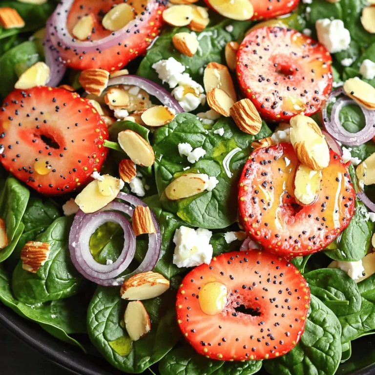 - 4 cups fresh spinach - 1 cup fresh strawberries - 1/2 cup sliced almonds - 1/4 cup red onion - 1/2 cup feta cheese - 1/4 cup poppyseed dressing For a great salad, start with fresh, quality ingredients. Fresh spinach should be bright and crisp. Look for strawberries that are firm and red, with no soft spots. You want almonds that are sliced and toasted for added crunch. The red onion should be thinly sliced for a mild bite. Feta cheese adds creaminess and a tangy flavor. Lastly, the poppyseed dressing ties everything together with a sweet and tangy note. Each serving contains about: - Calories: 210 - Fat: 14g - Carbs: 18g - Protein: 6g This salad is light yet filling. It offers a balance of vitamins from the spinach and strawberries. The nuts provide healthy fats and protein. Feta adds calcium and flavor. Overall, it’s a nutritious option for any meal. When picking strawberries, choose those that smell sweet. They should feel firm but not hard. Avoid berries with bruises or mold. For spinach, look for vibrant green leaves. Leaves should not be wilted or yellowed. Always wash your produce right before using it. This keeps them fresh and removes any dirt or pesticides. This salad is quick to make and perfect for any meal. You can prep it in just 10 minutes. Gather your ingredients before you start. This will help everything go smoothly. 1. Start with the Spinach: Place 4 cups of fresh spinach in a large salad bowl. This is your base. 2. Add Strawberries: Layer 1 cup of sliced strawberries evenly over the spinach. Spread them out so each bite has some sweetness. 3. Top with Almonds and Onion: Sprinkle 1/2 cup of toasted sliced almonds and 1/4 cup of thinly sliced red onion on top. This adds crunch and flavor. 4. Feta Cheese Time: Crumble 1/2 cup of feta cheese over the salad. This gives it a creamy touch that contrasts nicely with the other flavors. 5. Dress the Salad: Pour 1/4 cup of poppyseed dressing over the salad. 6. Toss Gently: Use two large spoons to toss the salad. Make sure the dressing coats all the ingredients evenly. This step is key to flavor. 7. Let It Rest: Allow the salad to sit for about 5 minutes. This helps the flavors mix before serving. - Image 1: Show the fresh spinach in the bowl. - Image 2: Capture the strawberries being layered. - Image 3: Display the almonds and onions sprinkled on top. - Image 4: Highlight the crumbled feta cheese. - Image 5: Illustrate the dressing being drizzled. - Image 6: Feature the tossed salad ready to serve. These images will guide you through each step. For the complete recipe, check out the Full Recipe link. Enjoy the process! This salad pairs well with grilled chicken or fish. You can serve it as a light lunch or side dish. A crispy baguette makes a great companion. For a more filling meal, add quinoa or farro. You can also enjoy it with a chilled glass of white wine. To boost flavors, consider adding other fruits. Blueberries or raspberries can add sweetness. You might also try sliced peaches or mango. Nuts like walnuts or pecans give crunch. For a bit of spice, sprinkle in some pepper flakes. Fresh herbs like mint or basil can brighten the dish. Making your own poppyseed dressing is easy. Combine oil, vinegar, honey, and poppy seeds. Store-bought dressings work too, but watch for added sugars. If you want a lighter version, try yogurt-based dressings. You can also swap the dressing for a balsamic glaze for a twist. Check the taste and adjust the balance. For the complete preparation steps, check out the Full Recipe. {{image_2}} If you want to switch things up, consider these easy swaps. You can replace feta cheese with goat cheese or a vegan cheese. Both add a nice creamy texture. For nuts, sliced almonds are great, but walnuts or pecans work too. They give a different crunch and flavor. You can adapt this salad for every season. In spring, add fresh peas for a pop of green. Summer is perfect for adding blueberries or raspberries. Fall calls for sliced apples or pears, which add sweetness. In winter, try roasted butternut squash for a warm touch. Making this salad fit your diet is simple. For a vegan option, skip the cheese and use a plant-based dressing. To make it gluten-free, ensure your dressing has no gluten. For a low-calorie option, use less dressing or swap in a light vinaigrette. These changes keep the salad fresh and tasty. For the full recipe, check the [Full Recipe]. To keep leftovers fresh, store the salad in an airtight container. Make sure to separate the dressing from the salad. This keeps the spinach and strawberries crisp. If you mix in the dressing, the salad may become soggy. Store it in the fridge and eat within two days for the best taste. You can prep ingredients ahead of time. Wash and dry the spinach a day before. Slice the strawberries and store them in a sealed container. Toast the almonds and keep them in a cool place. You can mix the ingredients just before serving. This helps keep everything fresh and crunchy. Can you freeze parts of the salad? Freezing is not a good idea for this salad. Spinach and strawberries do not freeze well. They become mushy when thawed. You can freeze the poppyseed dressing if you want. Just store it in a freezer-safe container. Use it within three months for the best flavor. To make this salad vegan, replace the feta cheese with avocado. You can also use a vegan poppyseed dressing. Look for dressings that do not contain dairy or eggs. This way, you keep the salad fresh and tasty while making it plant-based. To keep the salad fresh, store it in an airtight container. Place a paper towel inside to absorb extra moisture. This helps prevent wilting and sogginess. Avoid adding dressing until you are ready to eat. This keeps the greens crisp and vibrant. You can prep the salad in advance, but with care. Wash and dry the spinach, then store it separately. Slice the strawberries and keep them in a sealed bag. You can mix the dry ingredients, like nuts and onions, ahead of time. Add the dressing just before serving to keep everything fresh. Strawberry Spinach Salad pairs well with grilled chicken or salmon. It also goes great with a light soup or a crusty bread. Try serving it alongside a cheese platter for a balanced meal. These options enhance the flavors and make a wonderful dining experience. This blog covered how to make a tasty Strawberry Spinach Salad. You learned about the fresh ingredients, nutrition facts, and tips for choosing ripe produce. I shared step-by-step instructions for easy prep and helpful storage advice. You also found different ways to customize the salad for your taste and dietary needs. Enjoy making this bright, fresh salad. It’s a fun dish for any meal!