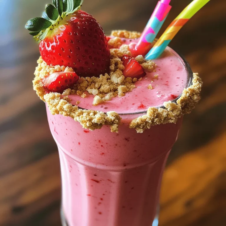 - 1 cup fresh strawberries, hulled and halved - 1/2 cup cream cheese, softened - 1/2 cup Greek yogurt - 1/2 cup milk (dairy or non-dairy) - 1/4 cup honey or maple syrup - 1 teaspoon vanilla extract - 1/2 teaspoon ground cinnamon - Ice cubes (optional for a colder smoothie) - Fresh strawberries and crushed graham crackers for garnish To make a tasty Strawberry Cheesecake Smoothie, you need fresh ingredients. The key is using ripe strawberries for the best flavor. The cream cheese gives it that cheesecake taste, while the Greek yogurt adds creaminess and protein. You can choose any milk you like, dairy or non-dairy. For sweetness, honey or maple syrup works great. You can mix and match these to find your favorite taste. A hint of vanilla and ground cinnamon makes it aromatic and delicious. Adding ice cubes can chill the smoothie, perfect for hot days. Finally, don’t forget to garnish with fresh strawberries and crushed graham crackers. This makes your smoothie look as good as it tastes! Check the Full Recipe for more details on making this delightful treat. - Hull and halve the strawberries. - Measure out other ingredients like cream cheese and yogurt. Preparing your ingredients properly makes blending easier. Start with the strawberries. Use a small knife to cut off the green tops. Cut each strawberry in half. This helps them blend nicely. Next, measure the right amounts of cream cheese, Greek yogurt, honey, and milk. Set everything out so you can grab what you need quickly. - Combine all ingredients in a blender. - Blend until smooth and creamy. Now it’s time to blend! Put the halved strawberries, cream cheese, yogurt, honey, milk, vanilla extract, and ground cinnamon into the blender. Secure the lid tightly. Blend on high speed. Stop the blender when the mix is smooth and creamy. If it looks thick, add a bit more milk and blend again. - Add ice cubes for a colder smoothie. - Taste and adjust sweetness if necessary. If you want a colder smoothie, toss in some ice cubes. Blend again until the ice is crushed. Now, taste your smoothie. If it’s not sweet enough, add more honey or maple syrup. Blend once more to mix it in well. This step is key to making the smoothie just right for you. - Use a high-speed blender for a creamy texture. This helps mix all ingredients well. - If your smoothie is too thick, blend in intervals. This keeps the mixture smooth. - Chill your glasses before pouring. This gives a refreshing experience. - For garnish, add crushed graham crackers on top. A fresh strawberry adds a nice touch. - Experiment with different sweeteners like agave or stevia. This allows you to find your favorite taste. - Adding a pinch of salt can balance sweetness. It enhances the overall flavor without overpowering it. For the full recipe, check out the Strawberry Cheesecake Smoothie section above! {{image_2}} If you want a dairy-free smoothie, you can easily swap out the cream cheese and yogurt. Use vegan cream cheese made from nuts or soy. For yogurt, coconut or almond yogurt works great. These options keep the smooth texture while making it dairy-free. You can try other fruits for new flavors. Blueberries, raspberries, or blackberries all taste fantastic. If you love bananas, they add a nice creaminess, too. Just make sure to adjust the sweetness if needed. Want to make it even better? Add a handful of fresh spinach. It boosts the nutrients without changing the flavor much. If you like it creamy, mix in a spoonful of peanut butter. It adds richness and a nice nutty taste. Feel free to explore these variations to create your perfect Strawberry Cheesecake Smoothie. For the full recipe, check out the section above. This smoothie tastes best when you drink it right away. The flavors shine bright and the texture stays creamy. If you have extra, put it in the fridge. But try to finish it within one day. Smoothies can separate after sitting for a while. To fix this, just shake or stir it well before serving. If it still looks a bit thick, add a splash of milk and mix again. This will bring back its smooth texture. Want to save some for later? You can freeze your smoothie! Pour it into ice cube trays or small bags. This makes it easy to blend a quick snack later. Just pop a few cubes into your blender with some milk when you're ready. Enjoy a fresh smoothie anytime! A Strawberry Cheesecake Smoothie stays fresh in the fridge for about 1 to 2 days. After that, the texture may change, and it won’t taste as good. I recommend drinking it right after you make it for the best flavor and texture. Yes, you can make this smoothie in advance! Just blend all your ingredients and store it in an airtight container. Keep it in the fridge. Remember to stir or shake it well before drinking. It’s great for busy mornings or a quick snack. If you don’t have graham crackers, you can use crushed cookies, granola, or even crushed nuts. They add a nice crunch and flavor. You can also skip the crunch and just use fresh fruit for a lighter look. Absolutely! This smoothie is a great treat for kids. It’s sweet, creamy, and packed with fruit. It’s a fun way to enjoy healthy ingredients. Just be mindful of the sweetness if your kids prefer less sugar. Yes, you can add protein powder! It’s a great way to boost nutrition. Just mix in your favorite protein powder when blending. Adjust the liquid if needed to keep the smoothie creamy. Enjoy a protein-packed treat! Creating a Strawberry Cheesecake Smoothie is easy and fun. We covered all the key ingredients, like fresh strawberries, cream cheese, and sweeteners. Follow the steps to blend it perfectly and enjoy the taste. Remember to experiment with fruits and dairy-free options. This smoothie is a great treat for everyone, including kids. For the best flavor and freshness, enjoy it right away. Try freezing extra for later use. Enjoy making this tasty drink any time!