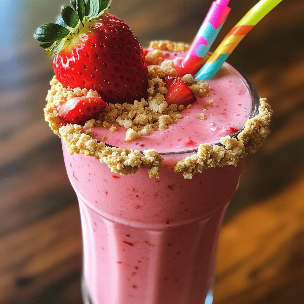 - 1 cup fresh strawberries, hulled and halved - 1/2 cup cream cheese, softened - 1/2 cup Greek yogurt - 1/2 cup milk (dairy or non-dairy) - 1/4 cup honey or maple syrup - 1 teaspoon vanilla extract - 1/2 teaspoon ground cinnamon - Ice cubes (optional for a colder smoothie) - Fresh strawberries and crushed graham crackers for garnish To make a tasty Strawberry Cheesecake Smoothie, you need fresh ingredients. The key is using ripe strawberries for the best flavor. The cream cheese gives it that cheesecake taste, while the Greek yogurt adds creaminess and protein. You can choose any milk you like, dairy or non-dairy. For sweetness, honey or maple syrup works great. You can mix and match these to find your favorite taste. A hint of vanilla and ground cinnamon makes it aromatic and delicious. Adding ice cubes can chill the smoothie, perfect for hot days. Finally, don’t forget to garnish with fresh strawberries and crushed graham crackers. This makes your smoothie look as good as it tastes! Check the Full Recipe for more details on making this delightful treat. - Hull and halve the strawberries. - Measure out other ingredients like cream cheese and yogurt. Preparing your ingredients properly makes blending easier. Start with the strawberries. Use a small knife to cut off the green tops. Cut each strawberry in half. This helps them blend nicely. Next, measure the right amounts of cream cheese, Greek yogurt, honey, and milk. Set everything out so you can grab what you need quickly. - Combine all ingredients in a blender. - Blend until smooth and creamy. Now it’s time to blend! Put the halved strawberries, cream cheese, yogurt, honey, milk, vanilla extract, and ground cinnamon into the blender. Secure the lid tightly. Blend on high speed. Stop the blender when the mix is smooth and creamy. If it looks thick, add a bit more milk and blend again. - Add ice cubes for a colder smoothie. - Taste and adjust sweetness if necessary. If you want a colder smoothie, toss in some ice cubes. Blend again until the ice is crushed. Now, taste your smoothie. If it’s not sweet enough, add more honey or maple syrup. Blend once more to mix it in well. This step is key to making the smoothie just right for you. - Use a high-speed blender for a creamy texture. This helps mix all ingredients well. - If your smoothie is too thick, blend in intervals. This keeps the mixture smooth. - Chill your glasses before pouring. This gives a refreshing experience. - For garnish, add crushed graham crackers on top. A fresh strawberry adds a nice touch. - Experiment with different sweeteners like agave or stevia. This allows you to find your favorite taste. - Adding a pinch of salt can balance sweetness. It enhances the overall flavor without overpowering it. For the full recipe, check out the Strawberry Cheesecake Smoothie section above! {{image_2}} If you want a dairy-free smoothie, you can easily swap out the cream cheese and yogurt. Use vegan cream cheese made from nuts or soy. For yogurt, coconut or almond yogurt works great. These options keep the smooth texture while making it dairy-free. You can try other fruits for new flavors. Blueberries, raspberries, or blackberries all taste fantastic. If you love bananas, they add a nice creaminess, too. Just make sure to adjust the sweetness if needed. Want to make it even better? Add a handful of fresh spinach. It boosts the nutrients without changing the flavor much. If you like it creamy, mix in a spoonful of peanut butter. It adds richness and a nice nutty taste. Feel free to explore these variations to create your perfect Strawberry Cheesecake Smoothie. For the full recipe, check out the section above. This smoothie tastes best when you drink it right away. The flavors shine bright and the texture stays creamy. If you have extra, put it in the fridge. But try to finish it within one day. Smoothies can separate after sitting for a while. To fix this, just shake or stir it well before serving. If it still looks a bit thick, add a splash of milk and mix again. This will bring back its smooth texture. Want to save some for later? You can freeze your smoothie! Pour it into ice cube trays or small bags. This makes it easy to blend a quick snack later. Just pop a few cubes into your blender with some milk when you're ready. Enjoy a fresh smoothie anytime! A Strawberry Cheesecake Smoothie stays fresh in the fridge for about 1 to 2 days. After that, the texture may change, and it won’t taste as good. I recommend drinking it right after you make it for the best flavor and texture. Yes, you can make this smoothie in advance! Just blend all your ingredients and store it in an airtight container. Keep it in the fridge. Remember to stir or shake it well before drinking. It’s great for busy mornings or a quick snack. If you don’t have graham crackers, you can use crushed cookies, granola, or even crushed nuts. They add a nice crunch and flavor. You can also skip the crunch and just use fresh fruit for a lighter look. Absolutely! This smoothie is a great treat for kids. It’s sweet, creamy, and packed with fruit. It’s a fun way to enjoy healthy ingredients. Just be mindful of the sweetness if your kids prefer less sugar. Yes, you can add protein powder! It’s a great way to boost nutrition. Just mix in your favorite protein powder when blending. Adjust the liquid if needed to keep the smoothie creamy. Enjoy a protein-packed treat! Creating a Strawberry Cheesecake Smoothie is easy and fun. We covered all the key ingredients, like fresh strawberries, cream cheese, and sweeteners. Follow the steps to blend it perfectly and enjoy the taste. Remember to experiment with fruits and dairy-free options. This smoothie is a great treat for everyone, including kids. For the best flavor and freshness, enjoy it right away. Try freezing extra for later use. Enjoy making this tasty drink any time!