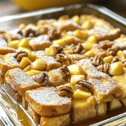 - 1 loaf of brioche or challah bread, cut into 1-inch cubes - 3 large eggs - 2 cups milk - 1 teaspoon vanilla extract - 1 tablespoon cinnamon - 1/4 cup brown sugar - 2 large apples, peeled, cored, and diced (any tart variety like Granny Smith) The main ingredients bring a warm and sweet taste to this dish. The brioche or challah bread absorbs the egg mixture well. This helps create a soft and custardy texture. The eggs and milk mixture adds richness. Vanilla extract enhances the flavor. Cinnamon gives that classic warm spice that pairs perfectly with apples. The brown sugar adds sweetness, balancing the tartness of the apples. - 1/2 cup chopped walnuts or pecans (optional) - 1/4 cup maple syrup (plus additional for serving) - Powdered sugar, for dusting (optional) Optional ingredients add extra flavor and texture. Nuts like walnuts or pecans provide a nice crunch. Maple syrup adds a sweet touch. You can drizzle it over the finished bake. Powdered sugar gives a lovely dusting. It makes the dish look even more inviting. Accurate measurements are vital for the best results. Too much or too little of an ingredient can change the texture and taste. Always use measuring cups and spoons for precision. When baking, follow the recipe closely. This ensures your Apple Cinnamon French Toast Bake turns out perfect every time. 1. First, preheat your oven to 350°F (175°C). This warms up the oven for even cooking. 2. Next, grease a 9x13 inch baking dish. Use butter or cooking spray to prevent sticking. 3. In a large bowl, whisk together three large eggs, two cups of milk, one teaspoon of vanilla extract, one tablespoon of cinnamon, and one-fourth cup of brown sugar. Mix until everything is smooth. 1. Now, add the cubed brioche or challah bread to the bowl. Gently fold it into the egg mixture. Make sure all pieces get soaked. 2. Let the mixture sit for about 15 minutes. This helps the bread absorb the liquid. 3. In the greased baking dish, layer half of the soaked bread at the bottom. 4. Spread half of the diced apples evenly over the bread. If you like nuts, sprinkle half of the chopped walnuts or pecans on top. 5. Repeat this process with the remaining bread mix, apples, and nuts. 6. Drizzle one-fourth cup of maple syrup over the entire mixture. This adds a sweet touch. 1. Cover the dish with aluminum foil. This keeps the moisture in while baking. 2. Bake for 25 minutes. After that, remove the foil and bake for an extra 15-20 minutes. Look for a golden brown top that is slightly crispy. 3. Once it's done, let the French toast bake cool for a few minutes. If you want, dust it with powdered sugar before serving. This Apple Cinnamon French Toast Bake is a perfect treat for any morning. For the full recipe, check the main section. To make sure your Apple Cinnamon French Toast Bake cooks evenly, follow these steps: - Soak the bread well: Let the bread sit in the egg mixture for at least 15 minutes. This helps it soak up all the flavors. - Use a greased dish: Always grease your baking dish to prevent sticking. This ensures easy serving. - Cover with foil: Cover the dish for the first part of baking. This traps heat and moisture. It helps cook the bake through without burning the top. - Check for doneness: Look for a golden brown top. A toothpick inserted in the center should come out clean. To add more flavor to your bake, consider these options: - Extra spices: Try adding nutmeg or ginger. Just a pinch can elevate the taste. - Vanilla extract: Use pure vanilla extract for a richer flavor. It pairs well with apples and cinnamon. - Lemon zest: A little lemon zest brightens the dish. It adds a fresh note that balances the sweetness. Presentation can make your bake even more special. Here are some fun ideas: - Warm and drizzled: Serve your French toast bake warm with a drizzle of maple syrup. - Garnish with apples: Top each serving with fresh apple slices for a pop of color. - Whipped cream: A dollop of whipped cream adds a creamy touch. It makes each bite feel indulgent. - Dust with powdered sugar: For a sweet finish, sprinkle powdered sugar over the top right before serving. For the full recipe, check out the [Full Recipe]. Enjoy your baking! {{image_2}} You can make this dish gluten-free by using gluten-free bread. Just ensure all other ingredients are also gluten-free. For a dairy-free option, substitute regular milk with almond or oat milk. You can replace eggs with flax eggs or a dairy-free egg substitute. This way, everyone can enjoy this tasty French toast bake. Feel free to add different fruits or spices to change the flavor. Try using pears, berries, or even bananas. Each fruit brings a unique taste. You can also mix in spices like nutmeg or ginger for extra warmth. This adds depth and excitement to your bake. If you want a crispier top, bake the dish uncovered for the last few minutes. This makes the top golden and crunchy. You can also add cream cheese to the layers. Just cut it into small cubes and mix it with the bread and apples. This adds a creamy texture that contrasts with the bake's fluffiness. For the Full Recipe, check the ingredients and steps above. Enjoy creating your personal version! After you make this Apple Cinnamon French Toast Bake, let it cool completely. Then, place it in an airtight container. You can refrigerate the bake for up to three days. For longer storage, freeze individual portions. Wrap each piece tightly in plastic wrap, then place it in a freezer bag. This helps keep it fresh and tasty. To reheat, you can use the oven or microwave. For the oven, preheat it to 350°F (175°C). Place the bake in a baking dish and cover it with foil. Heat for about 15-20 minutes until warm. If using the microwave, place a slice on a microwave-safe plate. Heat it for 30-60 seconds, checking often to avoid overcooking. When stored properly, the baked French toast can last up to three days in the fridge. If frozen, it is best used within one month for the best taste. The quality may decline after that, but it will still be safe to eat. You can prepare this dish the night before. Here’s how: 1. Follow the recipe steps up to the baking part. 2. After assembling the layers, cover the dish with foil. 3. Place it in the fridge overnight. 4. In the morning, let it sit for about 30 minutes before baking. 5. Bake as directed in the Full Recipe. This makes breakfast easy and quick. Yes, you can! Different breads will change the taste and texture. Here are some options: - Brioche: Soft and sweet, perfect for a rich flavor. - Challah: Slightly dense, great for holding the egg mixture. - Sourdough: Adds tanginess, which contrasts well with sweet apples. - Whole Wheat: Healthier option but may change the sweetness. Choose what you like best! If you’re out of apples, don’t worry! Here are some tasty substitutes: - Pears: Sweet and juicy, they work well. - Peaches: Provide a lovely summer flavor. - Bananas: Add sweetness but will change the texture. - Berries: Fresh or frozen, they offer a burst of flavor. Feel free to experiment with these fruits! In this blog post, we covered how to make a delicious Apple Cinnamon French Toast Bake. We looked at main ingredients like brioche, a mix of eggs and milk, and the sweet touch of apples and cinnamon. We discussed optional add-ins, measurement tips, and even baking tricks for the best texture. Remember, you can customize this dish with different fruits or dietary needs. With proper storage, your leftovers will stay fresh and tasty. Enjoy creating this cozy meal for your loved ones!