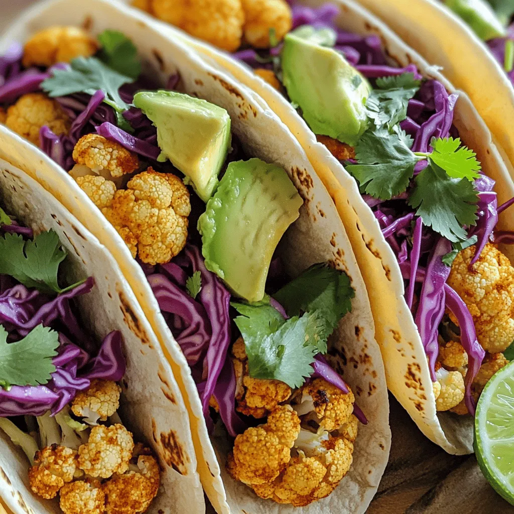 For the best roasted cauliflower tacos, gather these key ingredients: - 1 medium cauliflower, cut into florets - 2 tablespoons olive oil - 1 teaspoon smoked paprika - 1 teaspoon ground cumin - ½ teaspoon garlic powder - Salt and pepper to taste - 8 small corn tortillas - 1 cup red cabbage, finely shredded - 1 ripe avocado, sliced - ½ cup cilantro, chopped - 1 lime, cut into wedges - Hot sauce (optional) To make these delicious tacos, you’ll need a few tools: - Baking sheet - Parchment paper - Large mixing bowl - Dry skillet - Knife and cutting board Cauliflower is not just tasty; it’s also good for you! Here are some health benefits: - Low in calories: Cauliflower helps you feel full without adding many calories. - Rich in vitamins: It has vitamins C and K, which boost your immune system. - High in fiber: Fiber aids digestion and keeps you feeling satisfied. - Antioxidants: These protect your body from damage and keep you healthy. Roasted cauliflower tacos are a fun and nutritious choice for any meal. You can learn how to make this tasty dish with the Full Recipe. First, take a medium cauliflower and cut it into small florets. This helps them roast evenly. Place the florets in a big bowl. Now, drizzle in two tablespoons of olive oil. Add one teaspoon of smoked paprika, one teaspoon of ground cumin, and half a teaspoon of garlic powder. Season with salt and pepper to your taste. Mix everything well until the florets are covered with the seasoning. Next, preheat your oven to 425°F (220°C). Line a baking sheet with parchment paper. Spread the cauliflower florets on the sheet in a single layer. This allows for even roasting. Place it in the oven and roast for 25 to 30 minutes. Make sure to flip the florets halfway through. They should turn golden brown and become tender. While the cauliflower roasts, warm eight small corn tortillas in a dry skillet over medium heat. Heat them for about 30 seconds on each side until soft. Once the cauliflower is done, take it out of the oven. Grab a tortilla and add a good amount of roasted cauliflower. Top it with shredded red cabbage, slices of ripe avocado, and chopped cilantro. Serve with lime wedges on the side. If you like spice, add hot sauce as desired. For the full recipe, check the section above. For roasted cauliflower tacos, the right spices make all the difference. I love using smoked paprika and cumin for a warm flavor. You can also try chili powder for heat or coriander for a fresh note. Don’t forget salt and pepper to bring out the taste. Mix and match to find your favorite blend. Cooking time can vary based on your oven. Roasting at 425°F (220°C) usually takes 25 to 30 minutes. Check for a golden brown color. If you like a bit more crunch, roast for an extra few minutes. Keep an eye on the cauliflower to avoid burning. Presentation is key for any meal. For these tacos, stack them high with roasted cauliflower, red cabbage, and avocado. Add a sprinkle of cilantro for color. Lime wedges on the side look great and add flavor. You can even drizzle some hot sauce for a spicy kick. Enjoy making your tacos a feast for the eyes! For the full recipe, check out the section above. {{image_2}} You can make these tacos even better by adding proteins. Black beans and chickpeas are great choices. They boost flavor and add texture. To use black beans, just rinse them and warm them up. For chickpeas, roast them in the oven with spices. They bring a nice crunch. Protein makes your meal filling and keeps you satisfied longer. If you need gluten-free options, corn tortillas are perfect. They are soft and hold the filling well. You can also use lettuce wraps for a fresh twist. Just take large leaves and use them instead of tortillas. This keeps your meal light and healthy. Always check labels to ensure your ingredients are gluten-free. For a creamy touch, add vegan cheese. It melts nicely and adds richness. You can use store-bought or make your own. For sauces, try a simple avocado crema. Blend avocado with lime juice and a pinch of salt. It adds a tasty zing. Hot sauce can also spice things up if you like heat. For more ideas, check out the Full Recipe for roasted cauliflower tacos. Each variation lets you play with flavors and textures, making each meal unique! To keep your leftover tacos fresh, place them in an airtight container. You should store the tacos in the fridge. They stay good for up to three days. If you have extra cauliflower, store it separately. This helps keep the tortillas from getting soggy. To reheat the tacos, use a skillet on medium heat. Warm them for about two minutes on each side. This makes the tortillas soft again. For the cauliflower, you can heat it in the oven. Set the oven to 350°F (175°C) and bake for about 10 minutes. This method keeps the taste and texture nice. If you want to freeze roasted cauliflower, let it cool first. Then, place it in a freezer bag. Squeeze out all the air before sealing it. You can freeze it for up to three months. When ready to use, thaw it in the fridge overnight. Reheat it in the oven for the best taste. You can enjoy a quick meal later with the Full Recipe. To make roasted cauliflower tacos vegan, use plant-based ingredients. The main filling, roasted cauliflower, is already vegan. Just ensure your tortillas are corn-based and free from animal products. Use toppings like avocado, red cabbage, and cilantro, all of which are plant-based. For extra flavor, skip dairy-based sauces and opt for a vegan hot sauce or a homemade salsa. You can find a full recipe that guides you through this process. Yes, you can prepare the cauliflower ahead of time. Cut the cauliflower into florets and store them in an airtight container in the fridge. You can also toss them with the olive oil and spices ahead of time. When you are ready to cook, just spread the florets on a baking sheet and roast them. This saves time on busy days and helps you enjoy fresh tacos quickly. For side dishes, you have many tasty options. Here are some ideas: - Mexican rice: Fluffy rice with spices and herbs. - Black beans: Cooked beans add protein and flavor. - Guacamole: Creamy avocado dip pairs well with tacos. - Corn salad: Fresh corn with tomatoes and lime is refreshing. - Chips and salsa: A classic pairing for a crunchy snack. These sides will complement your roasted cauliflower tacos perfectly! This article covered key ingredients for roasted cauliflower tacos, their health benefits, and essential tools. I shared step-by-step instructions and tips for perfect seasoning and presentation. You learned about variations, storage methods, and answers to common questions. In conclusion, these tasty tacos are easy to make and fun to customize. Enjoy trying new flavors and ingredients to make this dish your own. Happy cooking!