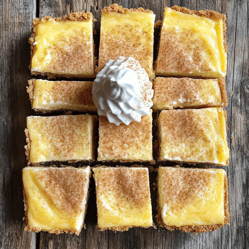 - 1 ½ cups all-purpose flour - ½ cup unsalted butter, softened - ¾ cup granulated sugar - 1 teaspoon baking powder - ¼ teaspoon salt - 1 teaspoon vanilla extract - 16 oz cream cheese, softened - 1 cup granulated sugar - 1 teaspoon vanilla extract - 2 large eggs - 1 teaspoon cinnamon - 2 tablespoons sugar - 1 teaspoon cinnamon The ingredients for Snickerdoodle Cheesecake Bars are simple yet essential. For the crust, you need flour, butter, sugar, baking powder, salt, and vanilla extract. The butter must be softened for easy mixing. You should blend the butter with sugar until creamy. Next, the cheesecake filling requires cream cheese, sugar, vanilla, eggs, and cinnamon. Use softened cream cheese to avoid lumps. You will mix it until it’s smooth and creamy. Finally, for the topping, just sugar and cinnamon create a lovely finish. This blend adds a sweet, spiced touch to the bars. For the full recipe, including steps and tips, check out the detailed guide. 1. Preheat oven and grease the baking pan. Start by setting your oven to 350°F (175°C). Grease a 9x9 inch baking pan or use parchment paper for easy removal. 2. Creaming butter and sugar. In a medium bowl, mix ½ cup of softened butter and ¾ cup of sugar. Beat them together until the mixture is creamy and smooth. 3. Mixing dry ingredients and combining. In another bowl, combine 1 ½ cups of all-purpose flour, 1 teaspoon of baking powder, and ¼ teaspoon of salt. Gradually add the dry mix into the butter mixture. Stir until everything blends well. 1. Pressing the crust into the pan. Evenly press the crust mixture into the bottom of the prepared pan. Make sure it covers the whole base. 2. Baking time and cooling period. Bake the crust for about 10-12 minutes. It should be lightly golden. Remove it from the oven and let it cool slightly. 1. Beating cream cheese. In a large bowl, beat 16 oz of softened cream cheese. Use a hand mixer until it becomes smooth and creamy. 2. Mixing in sugar, eggs, and cinnamon. Gradually add 1 cup of sugar and 1 teaspoon of vanilla extract while mixing. Add 2 large eggs one at a time. Mix until smooth. Then, fold in 1 teaspoon of cinnamon gently. 1. Pouring filling over the crust. Once the crust has cooled, pour the cheesecake filling over it. Spread the filling evenly across the surface. 2. Baking time and doneness indicators. Bake the bars for another 25-30 minutes. They are done when the filling is set and slightly golden. A toothpick inserted in the center should come out clean. 1. Preparing the cinnamon-sugar topping. While the cheesecake bakes, mix 2 tablespoons of sugar with 1 teaspoon of cinnamon in a small bowl. 2. Cooling and refrigerating the bars. After baking, remove the bars from the oven. Immediately sprinkle the cinnamon-sugar mixture on top. Let the bars cool completely in the pan. Once cooled, refrigerate them for at least 2 hours before slicing into squares. For the full recipe, check the ingredients and steps above! Softened ingredients are key for a creamy dessert. Start with room temperature butter and cream cheese. This step helps them mix well. If they are cold, you may end up with lumps. For mixing, I recommend using a hand mixer. It makes the cream cheese smooth and fluffy. Mix until you see no more lumps. This ensures a nice texture in your cheesecake bars. When it comes to serving, a dollop of whipped cream adds a nice touch. You can also sprinkle extra cinnamon on top. This adds flavor and makes the bars look pretty. Pair these bars with a warm drink. A cup of coffee or chai tea works great. The spices in your drink will match the bars perfectly. One big mistake is overmixing the cheesecake filling. This can add too much air. A light texture is what we want. Mix just until things combine. Another mistake is baking time errors. Check your bars around the 25-minute mark. You want the edges to look golden, and the center should be set. A toothpick should come out clean when done. {{image_2}} You can easily change the flavor of your Snickerdoodle Cheesecake Bars. Adding chocolate chips gives a rich taste. Just fold in a cup of chocolate chips into the cheesecake filling. The sweet and creamy filling balances well with the chocolate. If you want a nutty twist, try adding pecans or walnuts. Chop about half a cup and mix them into the crust or cheesecake filling. The nuts add a nice crunch and flavor. For those who need gluten-free options, swap the all-purpose flour with a gluten-free blend. Make sure it has a good mix of starches and flours. This keeps the bars just as tasty. If you want a dairy-free version, use vegan cream cheese. There are many great brands available now. Also, substitute the butter with coconut oil or vegan butter. These swaps keep your dessert creamy and delicious. You can switch up your bars with seasonal flavors. For a fall treat, try a pumpkin spice version. Mix in half a cup of pumpkin puree and add spices like nutmeg and ginger to your filling. This makes your bars warm and cozy. In summer, add berry toppings for freshness. You can use strawberries, blueberries, or raspberries. Just place fresh berries on top after the bars cool. This adds a pop of color and a burst of flavor. Feel free to explore these variations to make your Snickerdoodle Cheesecake Bars your own! Don't forget to check the Full Recipe for more details. To keep your snickerdoodle cheesecake bars fresh, place them in the fridge. Use an airtight container to avoid drying out. This way, they stay moist and tasty. If you want to save some for later, freezing works well. Wrap each bar tightly in plastic wrap. After that, place them in a freezer bag. To enjoy, thaw in the fridge overnight or let them sit at room temperature for a few hours. These bars taste best within five days when stored in the fridge. Look for signs of spoilage, like a sour smell or changes in texture. If you see any, it's time to toss them out. For the best flavor, enjoy them fresh or within a week. For the full recipe, check the earlier sections. Yes, you can make Snickerdoodle Cheesecake Bars ahead of time. They taste great when chilled. I suggest making them 1-2 days before you plan to serve them. After baking, cool the bars completely. Then, wrap them tightly in plastic wrap. Store them in the fridge. This keeps them fresh and ready for your guests. If you're looking for a cream cheese substitute, try using Greek yogurt. It gives a creamy texture but has less fat. You can also use silken tofu for a vegan option. Blend the tofu until smooth. For a lighter option, consider ricotta cheese. It adds a nice flavor without being too heavy. Absolutely! You can add your own twist to the toppings. Try drizzling caramel or chocolate sauce for extra sweetness. Chopped nuts, like pecans or walnuts, add crunch. You can also sprinkle some crushed cookies on top for added texture. Get creative and make it your own! To check if the cheesecake is done, look for a slight jiggle in the center. It should not be liquid but still have a little movement. The edges will be set and slightly golden. You can also use a toothpick. Insert it into the center; it should come out clean. If it doesn’t, bake a few more minutes. Now you know how to make delicious Snickerdoodle Cheesecake Bars. We covered crust, filling, and toppings, plus tips for the best texture. Make sure to avoid common mistakes, like overmixing. Variations let you get creative, while storage tips help keep leftovers fresh. Enjoy your baking and share these treats with friends! You’ll impress everyone with your skills.