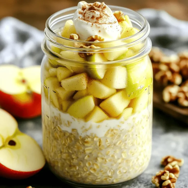 When making Apple Pie Overnight Oats, you need fresh and simple ingredients. Here’s what you’ll use: - 1 cup rolled oats - 1 ½ cups almond milk (or any milk of choice) - 1 apple, diced (Granny Smith or Honeycrisp recommended) - 1 tablespoon maple syrup (adjust for sweetness) - 1 teaspoon ground cinnamon - ¼ teaspoon nutmeg - 2 tablespoons chia seeds - ½ teaspoon vanilla extract - Pinch of salt - Chopped walnuts or pecans for topping (optional) - Greek yogurt for serving (optional) These ingredients blend to create a tasty and filling breakfast. Each ingredient brings something good to the table. - Rolled oats offer fiber, which helps with digestion and keeps you full. - Almond milk is low in calories and high in vitamins. It’s a great dairy alternative. - Apples add sweetness and crunch. They also provide vitamins and antioxidants. - Maple syrup gives a natural sweetness and has minerals like manganese. - Cinnamon adds flavor and may help lower blood sugar levels. - Nutmeg enhances taste and can aid digestion. - Chia seeds are packed with omega-3s and protein. They help make the oats creamy. - Vanilla extract brings a lovely aroma and flavor. - Salt balances sweetness and enhances flavors. - Nuts add healthy fats and a satisfying crunch. You can easily swap some ingredients based on what you have. - If you prefer dairy, use regular milk instead of almond milk. - For a sweeter taste, replace maple syrup with honey or agave. - Any apple will work, but Fuji or Braeburn can also be tasty choices. - If you don’t have chia seeds, try flax seeds for a similar texture. - For a nut-free option, skip the nuts or use sunflower seeds. - To make it vegan, ensure your milk and yogurt are plant-based. Feel free to explore these substitutions while keeping the core flavors intact. For the full recipe, check out the detailed steps. To make Apple Pie Overnight Oats, start with a large mixing bowl. Add 1 cup of rolled oats. Next, pour in 1 ½ cups of almond milk or your favorite milk. Then, dice one apple, ideally a Granny Smith or Honeycrisp. Toss that in, too. Sweeten it up with 1 tablespoon of maple syrup. Sprinkle in 1 teaspoon of ground cinnamon and ¼ teaspoon of nutmeg. Add 2 tablespoons of chia seeds for extra nutrition. Don’t forget ½ teaspoon of vanilla extract and a pinch of salt for flavor. Mix all these ingredients well until they blend nicely. This step is key, as it ensures the flavors mix well. Now, it’s time to portion the oats. Divide the mixture into two or three mason jars or bowls. How many you use depends on how hungry you are! Seal the jars or cover the bowls tightly with plastic wrap. Place them in the fridge overnight. If you’re in a hurry, let them chill for at least four hours. This waiting time allows the oats to absorb the milk and soften nicely. In the morning, check the oats. Stir them well. If they seem too thick, add a splash of almond milk. This will make them creamier. For serving, top your oats with chopped walnuts or pecans for crunch. If you love yogurt, add a dollop of Greek yogurt for creaminess. You can serve the oats cold or warm them up in the microwave for about 30 seconds. For a pretty touch, layer the oats with extra diced apples and a sprinkle of cinnamon on top. Pair with fresh apple slices for a bright side! This recipe makes breakfast fun and easy. You can find the full recipe in the earlier sections. To get the best texture, use rolled oats. They soak up the almond milk well. Avoid instant oats; they can be too mushy. Let your oats sit overnight. This helps them soften and absorb flavors. If you find your oats too thick in the morning, add a splash of almond milk. Stir well until smooth. For a richer taste, add more spices. A bit more cinnamon or a dash of ginger can boost flavor. You can also mix in a spoonful of peanut butter for creaminess. For a fruit twist, try adding raisins or dried cranberries. They add sweetness and texture. Top with chopped nuts for a crunch. Walnuts or pecans work great. Make your oats in bulk. You can prepare several jars at once. Store them in the fridge for up to five days. This way, you have quick breakfasts ready to go. Use mason jars for easy storage and serving. Label them with dates, so you know which to eat first. This will save you time on busy mornings. For the full recipe, check out the details above. {{image_2}} You can change the fruit in your overnight oats. Try using pears or peaches. You can also use berries like blueberries or strawberries. Each fruit adds a new flavor and color. Apples give a classic pie taste, but other fruits can surprise your taste buds. Mix and match to find your favorite. If you want to change up the nuts, try almonds or sunflower seeds. They add crunch and healthy fats. Walnuts and pecans are great, but cashews offer a creamier bite. You can also skip the nuts if you prefer. The oats will still taste amazing without them. Just pick what you like best. To make this recipe vegan, use plant-based milk like oat or soy milk. Maple syrup is already vegan, which is great. You can skip the Greek yogurt or use a dairy-free yogurt instead. This way, you get a tasty and healthy meal that fits your diet. Enjoy it without worry! For the full recipe, check out the Apple Pie Overnight Oats. To store your apple pie overnight oats, use airtight containers. Mason jars work great! Seal the jars tightly to keep the oats fresh. Store them in the fridge right after you prepare them. This helps the oats soak up the flavors. The cool temperature keeps them safe to eat. Your apple pie overnight oats will last about 3 to 5 days in the fridge. After a few days, the oats may become softer. If they look or smell off, it’s best to toss them. Always check before eating. Freshness matters for flavor and safety. You can freeze apple pie overnight oats for easy meal prep. Divide the mixture into single-serve containers. Leave some space at the top for expansion when freezing. They can stay in the freezer for up to 3 months. To enjoy, thaw them in the fridge overnight or microwave them for a quick warm-up. Freezing is a smart way to save time on busy mornings. For the complete recipe, check out the Full Recipe. Preparing Apple Pie Overnight Oats takes just 10 minutes. The real magic happens overnight. This allows the oats to soak up the almond milk and flavors. You can also make them in the morning and let them chill for at least 4 hours. This gives you a quick and easy breakfast for busy mornings. Yes, you can use quick oats instead of rolled oats. Quick oats cook faster and may make a softer texture. However, they may not hold their shape as well. If you prefer a chewier bite, stick with rolled oats. Either way, you will enjoy a tasty treat. Chia seeds add great health benefits to your overnight oats. They are rich in fiber, which helps digestion. They also provide protein, making your meal more filling. Chia seeds are high in omega-3 fatty acids. These fats are good for your heart. Plus, they absorb liquid, making the oats thicker and creamier. This helps create a delightful texture in your Apple Pie Overnight Oats. For the full recipe, check out the link above. This blog post covered everything you need for Apple Pie Overnight Oats. We discussed key ingredients and their benefits. I shared preparation and assembly steps to make it easy for you. Tips on perfecting the texture and flavor enhancements can upgrade your dish. We explored fun variations with fruits and nuts, plus storage tips for freshness. Enjoy making this versatile recipe often. With these easy steps, you can create a tasty and healthy breakfast every time.