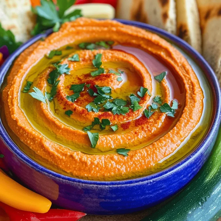 To make roasted red pepper hummus, you need just a few main items. Here’s what you’ll need: - 1 can (15 oz) chickpeas, drained and rinsed - 1 large roasted red pepper, peeled and chopped (store-bought or homemade) - 3 tablespoons tahini - 2 tablespoons olive oil - 1 garlic clove, minced These ingredients form the base of your hummus. The chickpeas provide creaminess, while the roasted red pepper adds a sweet and smoky flavor. To elevate the taste of your hummus, add these flavor enhancers: - 2 tablespoons lemon juice - 1 teaspoon cumin - Salt and pepper to taste Lemon juice brightens the dish. Cumin adds warmth and depth. Salt and pepper round out the flavors perfectly. Don’t forget to garnish your hummus! Here are some great options: - Fresh parsley, chopped - Paprika or smoked paprika Garnishes add color and a hint of freshness. They make your hummus not just tasty, but also beautiful. For the full recipe, check out the instructions and more tips to make this flavorful dip. To start, you need to prepare your ingredients. First, drain and rinse the chickpeas well under cold water. This step helps remove extra sodium and keeps the hummus smooth. Next, take your roasted red pepper. If you have a store-bought one, just peel and chop it. If you made it at home, let it cool before peeling. Now it's time to blend your hummus! In a food processor, combine the drained chickpeas, chopped roasted red pepper, tahini, olive oil, minced garlic, lemon juice, and cumin. Pulse the mixture on high until it becomes smooth. If it’s too thick, add water a tablespoon at a time until you reach your desired consistency. Don’t forget to taste it! Adjust the salt and pepper to your liking and blend again to mix well. Once your hummus is ready, transfer it to a serving bowl. For a beautiful touch, drizzle a bit more olive oil on top. Then, sprinkle some fresh parsley and paprika for garnish. This adds color and flavor. Serve it with pita bread, fresh veggies, or your favorite chips for a perfect snack. You can find the full recipe [here](#). To get that perfect creamy texture, you might need to add water. If your hummus is too thick, add a tablespoon of water at a time. Blend well after each addition until you reach the right consistency. This step makes a big difference. The choice of tahini also matters. Always use high-quality tahini for the best flavor. It should be smooth and creamy. A good tahini gives your hummus a rich taste and enhances its creaminess. Taste is key. Adjusting salt and lemon juice can elevate your hummus. Start with a pinch of salt and a squeeze of lemon juice. Blend, taste, and add more if needed. This lets you personalize the flavor to your liking. Don't be afraid to experiment with spices. Cumin adds warmth, but you can try paprika or even cayenne for heat. Adding spices can change the flavor profile and make your hummus unique. To store leftover hummus, place it in an airtight container. This helps keep it fresh. Always cover the surface with a thin layer of olive oil. It prevents the hummus from drying out. If your hummus thickens in the fridge, don’t worry. Just add a splash of water or olive oil and blend again. This will bring it back to life. Enjoy your hummus any time with these easy tips! For the full recipe, check out the Roasted Red Pepper Hummus. {{image_2}} You can make your roasted red pepper hummus even better with some fun twists. One great option is adding roasted garlic. It adds a rich, sweet taste. Just roast a few cloves until they are soft and mix them in. You can also blend in other veggies like spinach or sun-dried tomatoes for more flavor. Spices can change the game too! Try adding smoked paprika for a smoky touch, or cayenne pepper for some heat. Fresh herbs, like basil or cilantro, can also brighten the flavors. Feel free to play around with these options to find your favorite mix. This hummus is naturally vegan and gluten-free, making it a great choice for many diets. If you want a lower-sodium version, skip the added salt. The roasted red pepper and spices already give it a lot of flavor. You can also use low-sodium canned chickpeas to help cut back on salt. If you need to keep it low-fat, reduce the olive oil or swap it for water when blending. You’ll still get a smooth, creamy texture. How you serve your hummus can make it even more special. You can place it in a bowl and drizzle olive oil on top. Then, sprinkle some paprika and fresh parsley for a colorful look. That makes it more appealing and tasty. Pair your hummus with various dippers. Pita bread is classic, but fresh veggies like carrots and cucumbers are great too. You can even use chips or crackers for a crunchy option. For a fun twist, try using sliced bell peppers or zucchini as dippers. If you want the full experience, check out the Full Recipe for all the details! To keep your roasted red pepper hummus fresh, use an airtight container. This helps prevent air and moisture from getting in. Store it in the fridge for up to a week. The flavors will blend and deepen over time, making it even tastier! You can freeze hummus if you have leftovers. Just scoop it into a freezer-safe container. Leave some space at the top for expansion. Seal it well and freeze for up to three months. When you’re ready to eat it, thaw the hummus in the fridge overnight. To revive its creaminess, stir in a bit of olive oil or water. Watch for signs of spoilage in your hummus. If you see mold, or if it smells sour or off, throw it away. Fresh hummus should have a pleasant, nutty aroma. Aim to eat your hummus within a week for the best taste. If frozen, consume it within three months for optimal flavor. To make roasted red pepper hummus, you need a few simple ingredients. Gather these items: - 1 can (15 oz) chickpeas, drained and rinsed - 1 large roasted red pepper, peeled and chopped - 3 tablespoons tahini - 2 tablespoons olive oil - 1 garlic clove, minced - 2 tablespoons lemon juice - 1 teaspoon cumin - Salt and pepper to taste - Water, as needed for consistency - Fresh parsley, chopped (for garnish) - Paprika or smoked paprika (for garnish) Start by adding the chickpeas, roasted red pepper, tahini, olive oil, garlic, lemon juice, and cumin to a food processor. Blend until the mix is smooth. If it seems too thick, slowly add water until you find the right texture. Next, taste and adjust the salt and pepper. Once done, serve with a sprinkle of parsley and paprika on top. For the full recipe, check the section above. Hummus is a healthy snack option. A serving of roasted red pepper hummus has about 100 calories. It offers protein, fiber, and healthy fats. The chickpeas provide protein and fiber, which help with digestion. Tahini adds healthy fats and calcium. Olive oil brings heart-healthy monounsaturated fats. Plus, garlic and lemon juice offer antioxidants. Yes, you can easily add spice to your hummus. Here are some ways to do it: - Add a pinch of cayenne pepper for mild heat. - Include diced jalapeños for a fresh kick. - Mix in a dash of hot sauce for an extra zing. Start with a small amount, then taste and adjust. This way, you can control the heat level! Roasted red pepper hummus is simple and tasty. You start with key ingredients like chickpeas and tahini. After blending, you can serve it with garnishes and dippers. Remember to store leftovers properly for best flavor. This dish is versatile and suits many diets, so feel free to experiment. You can even add your favorite spices for a personal touch. Enjoy this healthy snack, and share it with others. Making hummus at home is fun and rewarding!