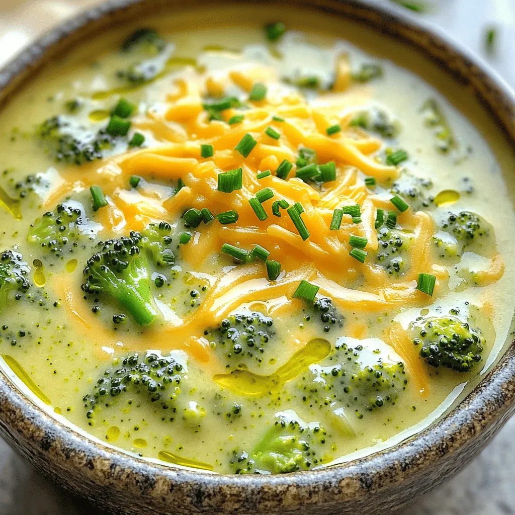 To make creamy broccoli cheddar soup, gather these items: - 4 cups fresh broccoli florets - 1 medium potato, peeled and diced - 1 medium onion, chopped - 2 cloves garlic, minced - 4 cups vegetable broth - 1 cup heavy cream - 2 cups sharp cheddar cheese, shredded - 1 tablespoon olive oil - Salt and pepper to taste - 1 teaspoon paprika (optional) - Fresh chives for garnish (optional) You can switch some ingredients if needed. For broccoli, you can use cauliflower. Instead of heavy cream, try coconut milk for a lighter option. If you want a dairy-free soup, a plant-based cheese works well. For the broth, chicken broth gives a richer taste, but vegetable broth keeps it vegan. Use sweet potato instead of regular potato for a different flavor. This soup is a great source of vitamins and minerals. Each serving has about: - Calories: 350 - Protein: 10g - Fat: 25g - Carbohydrates: 30g - Fiber: 4g - Sodium: 700mg The heavy cream and cheese add richness, while broccoli provides fiber and vitamins. You can lighten it by reducing the cheese or cream. For the full recipe, check the earlier section! To start, gather your ingredients. You’ll need fresh broccoli, a potato, an onion, garlic, vegetable broth, heavy cream, sharp cheddar cheese, olive oil, salt, and pepper. I like to chop everything before I cook. This makes the process smooth and easy. Dice the potato and chop the onion and garlic. Rinse the broccoli florets well and set them aside. Now, grab a large pot and heat the olive oil over medium heat. When the oil is hot, add the chopped onion. Sauté it for about five minutes until it turns soft and clear. Then, add the minced garlic. Stir it for one minute until it smells great. Next, toss in the diced potato and broccoli florets. Cook them for three to four minutes to soften a bit. Pour in the vegetable broth and bring it to a boil. Once it boils, reduce the heat and let it simmer. This should take about fifteen to twenty minutes. You want the broccoli and potatoes to be tender. After that, take the pot off the heat. Now, use an immersion blender to blend the soup until it's smooth. If you don’t have one, you can blend it in a regular blender in batches. When it’s all blended, return it to the pot. Stir in the heavy cream and shredded cheddar cheese. Mix well until the cheese melts. Finally, season with salt, pepper, and paprika if you like. Heat the soup gently but don’t let it boil. When blending, be careful. If you blend too fast, hot soup can splatter. Take your time and blend in small amounts. If using a blender, fill it halfway to avoid spills. After blending, if the soup seems too thick, add a little more broth or cream. This will help reach your desired consistency. Enjoy your creamy broccoli cheddar soup! For the complete recipe, check out the Full Recipe. To make your soup pop, try adding a pinch of nutmeg. This spice adds warmth and depth. You can also use low-sodium broth for a cleaner taste. For a touch of zest, squeeze in some lemon juice just before serving. Fresh herbs like thyme or basil can brighten the soup too. One common mistake is overcooking the broccoli. Cook it just until tender; then blend. This keeps the vibrant color and fresh taste. Also, avoid boiling the soup after adding the cheese. High heat can make the cheese grainy, ruining the creamy texture. Lastly, don't skip seasoning! Taste as you go to get it just right. For the ultimate creaminess, use heavy cream and good-quality cheese. Shred your cheese yourself; pre-shredded cheese often has additives that can affect texture. Blend the soup until it’s smooth, but leave a few chunks for texture. Lastly, if the soup is too thick, add more broth slowly until it reaches your desired creaminess. For the full recipe, check out the Creamy Broccoli Cheddar Bliss above. {{image_2}} You can boost the soup's nutrition by adding protein. Chicken or turkey works great. Just cook it in the pot with the onions. You can also use cooked bacon or ham for a savory touch. For a vegetarian option, try adding chickpeas or white beans. They add protein and texture. If you need a dairy-free soup, swap the cream and cheese. Use coconut milk for a creamy base. Try nutritional yeast for cheesy flavor without dairy. You can also use cashew cream for richness. Blend soaked cashews with water until smooth. It gives a nice taste and texture. Mix in seasonal veggies for extra flavor and nutrition. In spring, consider peas or asparagus. They add a fresh taste. In the fall, try adding sweet potatoes or squash. They make the soup heartier and sweeter. Feel free to experiment with any veggies you enjoy. This is your soup, so make it yours! For the full recipe, check out the details above. After enjoying your soup, let it cool. Then, transfer it to an airtight container. This helps keep the soup fresh for up to three days in the fridge. Make sure to label the container with the date. This will help you track how long it’s been stored. You can freeze Creamy Broccoli Cheddar Soup for later. Just pour it into freezer-safe bags or containers. Leave some space at the top for expansion. It will stay good for about three months in the freezer. When you freeze it, remember to label it too. To reheat, you can use the stove or microwave. If using the stove, pour the soup into a pot. Heat it over medium-low heat, stirring often. If using a microwave, place the soup in a microwave-safe bowl. Heat it in short intervals, stirring in between. This way, it heats evenly. Aim for a warm and creamy texture, but don’t let it boil. Enjoy your soup just like it was fresh! For the complete recipe, visit the Full Recipe section. Yes, you can make this soup ahead of time. I often prepare it a day in advance. After cooking, let the soup cool completely. Store it in an airtight container in the fridge. This soup stays fresh for about three days. When you are ready to eat, just reheat it on the stove. Stir it often to keep it smooth. To thicken the soup, you have a few easy options. First, you can add more potato. This adds creaminess as it cooks. Another method is to blend a portion of the soup back in. Use an immersion blender for a smooth texture. If you prefer, you can mix in cornstarch. Just combine one tablespoon of cornstarch with cold water. Stir it into the soup and heat it until it thickens. This soup pairs well with many sides. I love to serve it with crusty bread or a fresh salad. Grilled cheese sandwiches are a classic choice, too. You can also add crackers for a crunchy touch. For a special treat, serve it with a light wine. This makes a great meal for any day. Check the Full Recipe for more ideas! This blog post covered how to make Creamy Broccoli Cheddar Soup. We started with the key ingredients and their substitutes. You learned the steps to prepare, cook, and blend the soup. I shared tips to enhance flavor and avoid common mistakes. We explored variations, including protein options and dairy-free alternatives. Finally, I provided storage tips for leftovers. Making this soup is simple and fun. Enjoy creating it your way! Your kitchen will smell great, and the taste will please everyone.