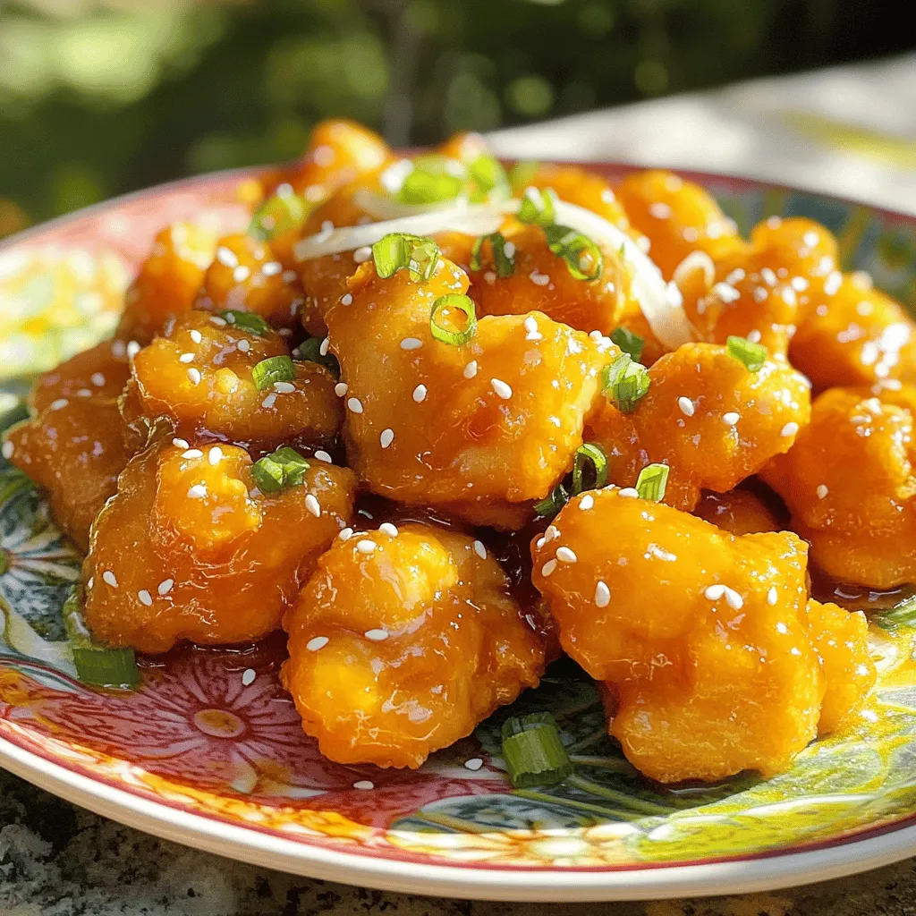 To make Easy Orange Chicken, gather these simple ingredients: - 1 lb (450g) boneless chicken thighs, cut into bite-sized pieces - 1/2 cup cornstarch - 2 tablespoons vegetable oil - 1 cup orange juice (freshly squeezed if possible) - Zest of 1 orange - 2 tablespoons soy sauce - 2 tablespoons honey - 1 teaspoon grated ginger - 2 cloves garlic, minced - 1 tablespoon rice vinegar - 1/2 teaspoon red pepper flakes (optional, for heat) You can make your dish pop with these fun garnishes: - 2 green onions, sliced - Sesame seeds If you need to swap ingredients, try these options: - Use chicken breast instead of thighs for a leaner choice. - Maple syrup can replace honey for a different sweetness. - You can use lime juice if you don't have orange juice. - If you want more heat, add sriracha instead of red pepper flakes. Now you have everything you need to create a tasty meal in minutes! For the full recipe, refer to the Easy Orange Chicken section. Start by cutting your chicken thighs into bite-sized pieces. This helps them cook evenly. Next, place the chicken in a large bowl. Add the cornstarch and toss until the pieces are well coated. Make sure to shake off any extra cornstarch. This step is key to getting that crispy texture. Heat vegetable oil in a large skillet or wok over medium-high heat. Once the oil is hot, add the coated chicken. Cook the chicken in batches to avoid crowding. It should take about 4-5 minutes per batch. Look for a nice golden brown color. Once cooked, remove the chicken and place it on a plate. In the same skillet, lower the heat to medium. Add minced garlic and grated ginger, sautéing for about 30 seconds. You want to smell their wonderful aroma. Now, pour in the orange juice, zest, soy sauce, honey, rice vinegar, and red pepper flakes if you want some heat. Stir the mixture well and bring it to a gentle simmer. Let the sauce simmer for about 3-5 minutes. This helps it thicken a bit. Once it’s ready, return the cooked chicken to the skillet. Toss everything together so the chicken gets coated in the sauce. Cook for another 2-3 minutes to meld the flavors. Now you have a tasty orange chicken ready to enjoy! For the full recipe, check here. To get crispy chicken, coat it well with cornstarch. This forms a nice crust. Heat the oil until it shimmers before adding the chicken. Cook in batches to avoid crowding. Each piece should have room to fry evenly. This step keeps the chicken crunchy and golden. For a thick sauce, let it simmer longer. This helps it reduce and intensify flavor. If it's too thin, mix a bit of cornstarch with water. Stir this mixture in and cook until it thickens. Adjust the thickness to suit your taste. A well-balanced sauce clings beautifully to the chicken. Add zest or herbs for more flavor. Fresh herbs like cilantro or basil can brighten the dish. You might also try adding a splash of orange liqueur for depth. For heat, mix in more red pepper flakes. Each tweak can make your orange chicken unique. Explore these options to find what you love. For the full recipe, check here: [Full Recipe]. {{image_2}} You can add colorful vegetables to your orange chicken. This makes the dish healthier and more fun. Try broccoli, bell peppers, and snap peas. Just sauté the veggies in the same skillet before adding the sauce. Cook them until they are bright and tender. Then, mix the chicken back in with the sauce. You get a tasty and vibrant meal. If you like a kick, make it spicy! Add more red pepper flakes to the sauce. Start with one teaspoon and adjust to your taste. You can also add fresh chili peppers for extra heat. Just slice them thin and sauté them with the garlic and ginger. This brings out their flavor. Your spicy orange chicken will excite your taste buds! You can switch up the protein in this recipe. Try shrimp or tofu for a different taste. For shrimp, cook them until they turn pink, then add the sauce. If you want to use tofu, press it to remove moisture, then cube it. Cook it until it's golden before mixing in the sauce. Each protein brings a unique flavor to the dish, making it versatile and fun. For the full recipe, check out the link. To store your leftover Easy Orange Chicken, place it in an airtight container. Make sure it cools down first. This helps keep the chicken juicy and fresh. Store it in the fridge for up to three days. If you want to enjoy it later, freezing is a great option. When you're ready to eat the leftovers, reheating is simple. You can use a microwave or a skillet. For the microwave, place the chicken in a bowl and cover it. Heat for 1-2 minutes until warm. If you use a skillet, add a splash of water or orange juice to keep it moist. Heat on medium until it’s hot. If you want to freeze Easy Orange Chicken, do this right after it cools. Use a freezer-safe container or bag. It can last for up to three months in the freezer. When you're ready to eat, thaw it overnight in the fridge. Then, reheat as mentioned above. This way, you'll have a tasty meal ready in minutes! For the full recipe, check out the Easy Orange Chicken section. You can make Easy Orange Chicken healthier by using less oil. Try baking the chicken instead of frying it. You can also use skinless chicken thighs or even chicken breast for a leaner option. Replace honey with a natural sweetener like agave or maple syrup. Add fresh veggies like bell peppers or broccoli to boost nutrients. Yes, you can use chicken breast instead of thighs. Chicken breast has less fat and can be just as tasty. Slice the breast into bite-sized pieces. It cooks quickly, so watch it closely to avoid overcooking. Adjust the cooking time to about 3-4 minutes per batch. You can serve Easy Orange Chicken with steamed rice or quinoa. These sides soak up the sauce well. Adding a fresh salad or stir-fried veggies adds color and crunch. You can also try it with noodles for a fun twist. To thicken the sauce, let it simmer longer. This reduces the liquid and concentrates the flavors. If you want a quicker fix, mix a bit of cornstarch with water. Stir this mixture into the sauce as it simmers. Cook for an extra minute until it thickens nicely. For the full recipe, check the main content. In this blog post, we covered how to make Easy Orange Chicken. I shared the key ingredients, cooking steps, and tips for crispy chicken. You also learned about tasty variations and how to store leftovers. By following these steps, you can create a delicious dish that impresses everyone. Enjoy this recipe and make it your own. Happy cooking!