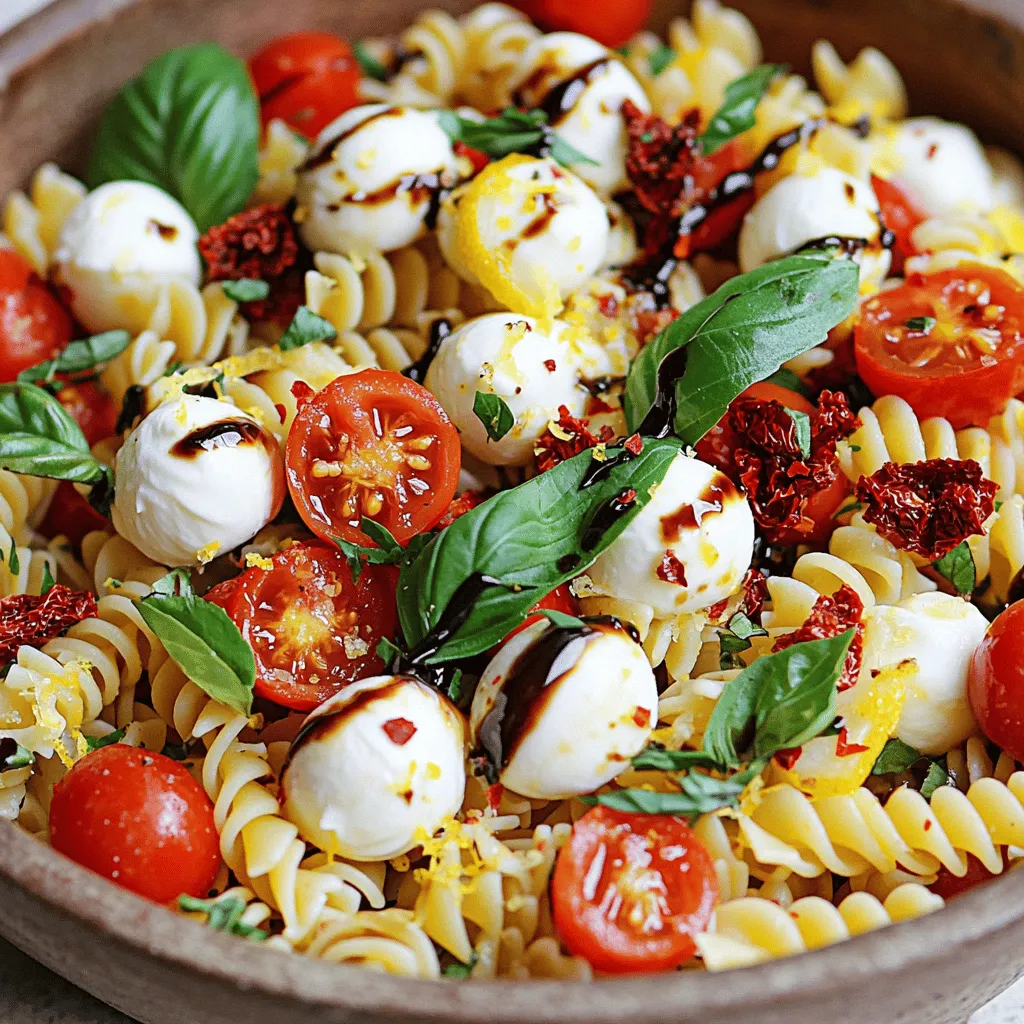 - 8 oz. pasta (fusilli or penne works best) - 1 cup cherry tomatoes, halved - 1 cup fresh mozzarella balls, halved - 1/2 cup fresh basil leaves, roughly torn - 1/4 cup sun-dried tomatoes, chopped - 3 tablespoons balsamic glaze - 2 tablespoons extra virgin olive oil - Salt and pepper to taste - 1/4 teaspoon red pepper flakes (optional for heat) - Zest of 1 lemon When picking tomatoes, look for firm ones that feel heavy for their size. Choose mozzarella balls that are soft and plump. Fresh basil should be bright green and smell fragrant. Sun-dried tomatoes should be soft and moist for better flavor. This salad serves four. Each serving has about 300 calories. Here’s the breakdown: - Fats: 18g - Carbohydrates: 30g - Proteins: 10g This pasta salad is not just tasty; it also packs a good mix of nutrients. You can swap regular pasta for gluten-free or whole wheat pasta. Both options work well. If you want different cheese, try feta or goat cheese. Both add a unique twist to the salad. You can also add grilled chicken or shrimp for extra protein. To make Caprese Pasta Salad, start by cooking the pasta. Use 8 oz. of fusilli or penne. Boil a large pot of salted water. Add the pasta and cook it until al dente. This usually takes about 8-10 minutes. Once cooked, drain the pasta and rinse it under cold water. This cooling step helps keep the pasta firm. It also stops the cooking process, giving you a perfect texture. Next, grab a big bowl. Combine the cooled pasta with 1 cup of halved cherry tomatoes, 1 cup of halved fresh mozzarella balls, and 1/2 cup of roughly torn fresh basil leaves. Don't forget the 1/4 cup of chopped sun-dried tomatoes. For the dressing, whisk together 3 tablespoons of balsamic glaze, 2 tablespoons of extra virgin olive oil, and the zest of 1 lemon in a small bowl. You can also add salt, pepper, and 1/4 teaspoon of red pepper flakes if you like some heat. Pour this dressing over the salad and toss everything gently. Make sure the dressing evenly coats all the ingredients. Now, let the salad chill in the refrigerator. Aim for at least 30 minutes. This chilling time allows the flavors to mix and get stronger. When you are ready to serve, you can enjoy it cold or at room temperature. For a nice touch, garnish with extra basil leaves. This adds a fresh look and taste to your dish. For the full recipe, check the details above. To create a balanced dressing, mix balsamic glaze with olive oil. This mix gives a nice blend of sweet and tangy. You can also add lemon zest for a fresh touch. Taste your dressing before adding it to the pasta. Adjust salt and pepper to your liking. If you want more heat, sprinkle in red pepper flakes. Caprese Pasta Salad pairs well with white wine, like Pinot Grigio. A crusty bread can also enhance your meal. For a fun twist, serve the salad in jars for gatherings. This makes it easy for guests to grab and enjoy. You can also arrange it on a large platter for a party. Top it with extra basil for a colorful touch. Prepping this salad ahead of time can save you stress. Cook your pasta and cool it before adding other ingredients. Chop your veggies and cheese in advance. Store them separately until you are ready to mix. For transport, use a tight container to keep it fresh. This way, you can take your Caprese Pasta Salad to any gathering or picnic. You can find the full recipe for more detailed instructions. {{image_2}} Caprese Pasta Salad can fit any season or taste. Let’s explore different ways to make it shine. - Adding seasonal vegetables: You can mix in fresh avocado or colorful bell peppers. These add a nice crunch and extra nutrients. - Incorporating proteins: Grilled chicken or shrimp works great in this salad. They make the dish heartier and are perfect for a main meal. - Vegan version of Caprese Pasta Salad: Swap out mozzarella for vegan cheese or avocado. This keeps it creamy while being dairy-free. - Ideas for making it keto-friendly: Use spiralized zucchini instead of pasta. This lowers carbs and adds a fresh twist. - Mediterranean variations: Toss in olives or artichokes for a Mediterranean flair. These ingredients bring bold flavors and a touch of saltiness. - Asian-inspired version: Try using sesame oil and fresh ginger in the dressing. This gives the salad a unique taste that surprises the palate. With these variations, your Caprese Pasta Salad can excite your taste buds each time. For the complete recipe, check out the Full Recipe section. To store your Caprese Pasta Salad, place it in an airtight container. This keeps the salad fresh and prevents odors from mixing. It will stay good for up to three days in the fridge. After that, the ingredients may lose their crunch and flavor. You can freeze Caprese Pasta Salad, but it may change in texture. The fresh mozzarella and basil do not freeze well. If you want to freeze it, leave out those ingredients. When ready to eat, thaw the salad in the fridge overnight. Reheating is not usually needed since this salad is best served cold. If you must reheat it, use a microwave on low power. Heat it just enough to take the chill off. Expect some texture loss, especially with the tomatoes. The flavors may also blend more than when fresh. To enjoy the best taste, I recommend eating it cold. For the complete recipe, check out the Full Recipe. Yes, you can pick any pasta you like. Fusilli and penne work best. Their shapes hold the sauce well. Other options include rotini or farfalle. Each type adds a unique twist to your salad. Just remember, the pasta should be al dente. This means it should be firm but not hard. Overcooked pasta can make your salad mushy. Caprese Pasta Salad stays fresh for about three days in the fridge. Store it in an airtight container to keep it safe. After that, the ingredients may lose their taste and texture. If you notice any changes in smell or color, it’s best to throw it out. Yes, you can make it ahead of time. Preparing it a few hours before serving is great. This allows the flavors to mix well. You can even prepare it the night before. Just remember to keep it chilled until you serve it. The salad tastes best cold or at room temperature. To boost nutrition, consider adding spinach or kale. These greens add vitamins and minerals. You can also mix in chickpeas for protein and fiber. If you enjoy nuts, sprinkle some pine nuts or walnuts for crunch. Avocado is another great addition, providing healthy fats. Yes, you can make it gluten-free. Use gluten-free pasta made from rice or corn. Check the package for cooking instructions. Remember to watch for cross-contamination if you have allergies. All other ingredients like tomatoes and mozzarella are naturally gluten-free. Serve your salad in a large bowl or platter. This makes it easy for guests to help themselves. For a fun twist, try serving it in individual jars. This way, everyone gets their own portion. Garnish with fresh basil leaves for a pop of color. You can also drizzle extra balsamic glaze on top for added flavor. For a full recipe, check out the detailed steps to make this delicious dish! In summary, we explored how to create a delightful Caprese Pasta Salad. We covered the essential ingredients, provided step-by-step instructions, and shared tips for better flavor. This salad is versatile, allowing for many variations to suit your taste. Remember to store it properly and be creative with toppings. Enjoy this fresh dish at gatherings or as a meal prep option. You’ll impress everyone with your cooking skills!