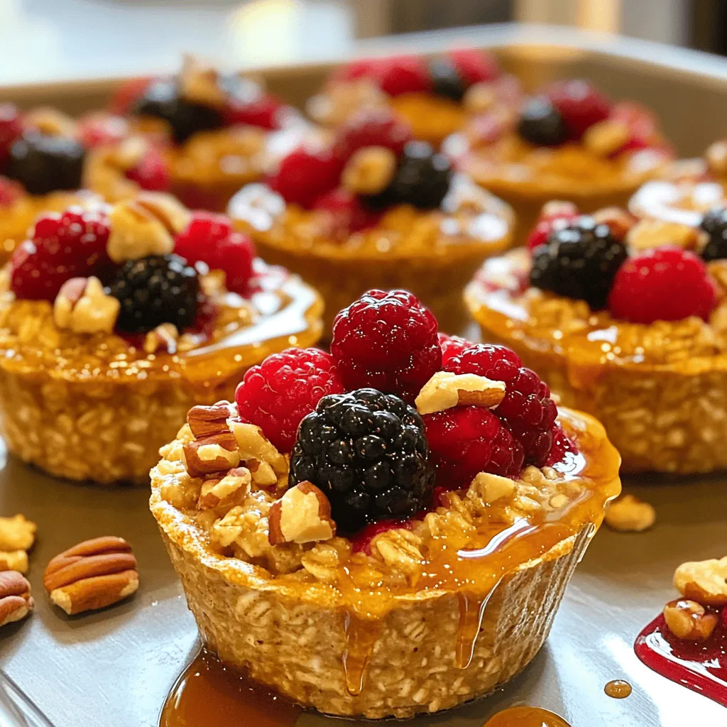 - 2 cups rolled oats - 2 cups almond milk - 1/3 cup maple syrup These main ingredients make up the base of our oatmeal cups. Rolled oats provide fiber and nutrients. Almond milk keeps them moist and adds a nice flavor. Maple syrup brings a touch of sweetness that balances the dish. - 1/2 cup mixed berries - 1/4 cup dark chocolate chips - 1/4 cup chopped nuts You can personalize these cups with optional ingredients. Mixed berries add color and antioxidants. Dark chocolate chips give a sweet twist, perfect for dessert lovers. Chopped nuts add crunch and healthy fats. - 1 teaspoon baking powder - 1 teaspoon cinnamon - 1/2 teaspoon salt These cooking essentials enhance the flavor and texture of the oatmeal cups. Baking powder helps them rise, making them fluffy. Cinnamon adds warmth and depth, while salt balances the sweetness. For the full recipe, check out the detailed instructions to create these delicious treats! - Preheat your oven to 350°F (175°C). - Line your muffin tin with paper liners or lightly grease it. - In a large bowl, combine 2 cups of rolled oats, 1 teaspoon of baking powder, 1 teaspoon of cinnamon, and 1/2 teaspoon of salt. - Mix well to ensure everything combines evenly. - In another bowl, whisk together 2 cups of almond milk, 1/3 cup of maple syrup, 1 ripe mashed banana, and 1 teaspoon of vanilla extract. - Make sure the mixture is smooth and well blended. - Pour the wet mixture into the dry oat mixture. - Stir until everything is mixed well. - Gently fold in 1/2 cup of mixed berries and 1/4 cup of chopped nuts. - If you want a sweeter touch, add 1/4 cup of dark chocolate chips. - Fill each cup of the muffin tin about 2/3 full with the oatmeal mixture. - Bake for 20-25 minutes. - Check for doneness by inserting a toothpick in the center. It should come out clean. Enjoy your warm and tasty baked oatmeal cups! For the full recipe, refer to the earlier section. To keep your baked oatmeal cups fresh, store them in an airtight container. They can last up to five days in the fridge. You can also freeze them for longer storage. Just make sure they cool completely before you freeze them. If you want to adjust the sweetness, use more or less maple syrup or honey. Start with the amount in the full recipe, and taste the mix. This way, you can make it just right for your taste. Serve your oatmeal cups warm. A drizzle of maple syrup on top makes them even more tasty. You can also add a dollop of yogurt for creaminess. For a fun look, garnish with extra berries and a sprinkle of nuts. This will make your dish pop with color and texture. One common mistake is overmixing the batter. This can make the cups tough. Mix just until everything blends together. Another mistake is not preheating the oven properly. Always make sure your oven is at 350°F (175°C) before baking. This helps the cups rise well and cook evenly. {{image_2}} You can switch up the flavors of your baked oatmeal cups. For a chocolate chip variation, just add a 1/4 cup of dark chocolate chips. They melt and create little pockets of rich flavor. Kids love this version, and it keeps them excited about healthy eating! If you want something a bit different, try the peanut butter and banana combo. Mix in 1/3 cup of creamy peanut butter and use two ripe bananas. This adds a nice nutty taste and extra protein. It also gives a great texture that everyone enjoys. For those who need gluten-free options, use certified gluten-free oats. This makes the recipe safe for those with gluten sensitivities. Just check the label when you shop. Most brands offer great quality oats that taste just as good. If you follow a vegan diet, you can easily make vegan alternatives. Swap out the almond milk for any plant-based milk, like oat or soy milk. You can also replace maple syrup with agave syrup. This way, you keep the sweetness without using animal products. You can also make your baked oatmeal cups fit the seasons. For holiday spices, add a teaspoon of nutmeg or pumpkin spice in the fall. This brings a cozy vibe that’s perfect for chilly days. In the summer, go for tropical fruits. Try adding diced mango or pineapple. These fruits brighten the flavor and give a refreshing taste. It makes for a perfect summer snack! Get creative with these variations. They help you enjoy baked oatmeal cups in many fun ways! You can find the full recipe in the previous sections. To keep your baked oatmeal cups fresh, store them in the fridge. Place them in an airtight container. This helps lock in moisture and flavor. If you want to save some for later, freezing is a great option. Wrap each cup in plastic wrap, then place them in a freezer bag. They will stay fresh for up to three months. When you’re ready to enjoy your frozen oatmeal cups, remove one from the freezer. Let it thaw in the fridge overnight for the best texture. You can also reheat them straight from the freezer. Use the microwave for about 30 seconds to 1 minute. Alternatively, warm them in the oven at 350°F for about 10-15 minutes. This keeps the cups soft and tasty, making sure they don't dry out. These oatmeal cups last about 5 days in the fridge. After that, they may lose their flavor and texture. Keep an eye out for signs of spoilage, like an off smell or mold. If you see any changes, it's best to toss them out. Enjoy your delicious treats while they're fresh! Yes, you can easily make these oatmeal cups dairy-free. Use almond milk, oat milk, or coconut milk instead of regular milk. These options work well and keep the cups moist. You can also try soy milk or cashew milk for a creamy texture. Absolutely! You can swap berries for bananas, diced apples, or peaches. Try adding chopped mango or pineapple for a tropical twist. Just remember to adjust the sweetness if using sweeter fruits. Each fruit brings its unique flavor and keeps it interesting. To check if the oatmeal cups are done, insert a toothpick into the center. If it comes out clean, your cups are ready. They should also look golden on top. If the toothpick has wet batter, bake for a few more minutes. Yes, you can make these oatmeal cups ahead of time. They store well in the fridge for up to five days. You can also freeze them for longer storage. Just pop them in the microwave for a quick breakfast. Meal prepping these cups saves time on busy mornings. These baked oatmeal cups combine healthy ingredients like oats and almond milk. We discussed the steps, tips, and storage options to make the process easy. You can enjoy various flavors and adjust the recipe to fit your needs. Remember, follow the instructions closely to avoid common mistakes. With these tips, you can create tasty, nutritious treats for any time. I hope you feel inspired to try making your own oatmeal cups! Enjoy your baking journey!