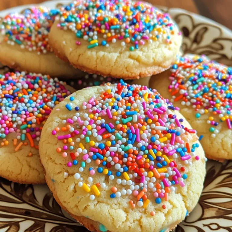 To make soft sprinkle sugar cookies, you need key ingredients. These form the base of the cookies. Here’s a simple list: - 2 ¾ cups all-purpose flour - 1 teaspoon baking soda - ½ teaspoon baking powder - 1 cup unsalted butter, softened - 1 ½ cups granulated sugar - 1 egg - 1 teaspoon vanilla extract - ½ teaspoon almond extract - ½ teaspoon salt - ½ cup colorful sprinkles Each ingredient plays a role. Flour gives the cookies structure. Baking soda and baking powder help them rise. Butter adds richness and flavor. Sugar sweetens the dough and helps it spread. The egg binds everything together, while extracts enhance the taste. Finally, the sprinkles add fun and color. You can add a few optional ingredients for extra flavor. Try these: - Zest from a lemon or orange for a fresh twist - A pinch of cinnamon for warmth - Different extracts, like coconut or maple These ingredients can personalize your cookies. They allow you to explore new flavors without much effort. Using quality ingredients makes a big difference. Fresh butter and pure extracts enhance taste. All-purpose flour should be unbleached for best results. Avoid old baking soda or powder; they lose potency over time. When you use fresh, high-quality ingredients, you create cookies that taste amazing. You can find the full recipe [here](#). First, gather your ingredients. You need flour, baking soda, baking powder, and salt. In a bowl, whisk these dry ingredients together. This helps mix them well and avoids clumps. Next, take a large bowl for the wet ingredients. Cream the softened butter and sugar together until it looks fluffy and light. This step is key for soft cookies. After that, add the egg and both extracts. Mix until everything is blended. Now, slowly add the dry mix to the wet mix. Stir gently; overmixing can make your cookies tough. Finally, fold in the colorful sprinkles. This adds fun and flavor to your dough. Preheat your oven to 350°F (175°C). Line two baking sheets with parchment paper. Use a cookie scoop or spoon to drop heaping tablespoons of dough onto the sheets. Space them about two inches apart. This allows room for spreading. Bake the cookies for 10-12 minutes. Look for lightly golden edges. The centers should be soft, which is perfect. After baking, let them cool on the sheets for five minutes. This helps them set before moving to a wire rack. To ensure soft cookies, do not overmix the dough. This keeps them airy and light. Also, take care not to bake them too long. They continue to cook on the sheet after you take them out. For added softness, you can add an extra egg yolk. This makes the cookies rich and tender. If you want a touch of flavor, consider using different extracts. Almond or lemon can add a nice twist. Always store your cookies in an airtight container. This keeps them fresh and soft longer. To make your sugar cookies soft, start with room-temperature butter. Cold butter can lead to flat cookies. Use granulated sugar and cream it well with the butter. This adds air and helps create a light texture. Avoid overbaking; take them out when the edges are golden but the centers look soft. The cookies will firm up as they cool. You will need a few key tools for this recipe. A large mixing bowl helps you blend the butter and sugar easily. A medium bowl is great for mixing dry ingredients. Use a cookie scoop or spoon to portion the dough. Parchment paper prevents sticking and aids in even baking. A wire rack helps cool the cookies evenly. After baking, let the cookies cool on the sheet for 5 minutes. This allows them to set. Then, move them to a wire rack. For serving, arrange the cookies on a nice plate. Add extra sprinkles on top for a fun look. Pair them with milk or your favorite drink for a delicious treat. Enjoy each bite! {{image_2}} You can choose many sprinkles for your cookies. Classic rainbow sprinkles add fun. They look great and taste sweet. You can also try chocolate sprinkles. They give a nice twist to the flavor. For a pop of color, use edible glitter. It makes your cookies shine and stand out. If you want something unique, try themed sprinkles. Think hearts for Valentine's Day or ghosts for Halloween. Each sprinkle type brings its charm and adds joy to your baking. You can enhance your sugar cookies with flavor. One great option is almond extract. It gives a nutty taste that pairs well with vanilla. Lemon zest is another choice. It adds a fresh and zesty kick. You can also experiment with orange zest for a citrusy twist. For chocolate lovers, add cocoa powder to the dough. This creates a rich chocolate cookie with sprinkles. Each flavor twist makes the cookies special and fun for all. If you need gluten-free cookies, swap all-purpose flour for a gluten-free blend. Make sure it contains xanthan gum for the right texture. For a vegan version, replace the butter with coconut oil or vegan butter. Use a flax egg instead of a regular egg. To make a flax egg, mix one tablespoon of ground flaxseed with three tablespoons of water. Let it sit until it gets thick. These alternatives keep the cookies soft and tasty, just like the original. You can enjoy soft sprinkle sugar cookies no matter your diet! For the complete recipe, check out the Full Recipe section. To keep your soft sprinkle sugar cookies fresh, store them in an airtight container. This method helps lock in moisture. Place a piece of bread in the container to maintain softness. The bread will absorb excess air, keeping your cookies chewy. Avoid stacking them too high to prevent crushing. Freezing cookies is easy and great for later snacking. First, let the cookies cool completely. Then, place them in a single layer on a baking sheet. Freeze them for about an hour. Once frozen, transfer the cookies to a freezer-safe bag or container. This way, they won’t stick together. Label the bag with the date for easy tracking. Soft sprinkle sugar cookies can last up to one week at room temperature. If stored properly, they can last up to three months in the freezer. Always check for any signs of spoilage before eating. Enjoy your treats without worry! To make cookies softer, use more butter. Butter holds more moisture than other fats. You can also chill the dough before baking. This step helps the cookies spread less. Adding a bit of cornstarch can also help. It gives a nice tender bite to the cookies. Yes, you can use margarine instead of butter. However, margarine can change the taste a bit. It may also affect the texture. I recommend using unsalted margarine for the best results. Always check if it has a similar fat content to butter. Store freshly baked cookies in an airtight container. This keeps them soft and fresh. You can use wax paper between layers to avoid sticking. If you want to keep them longer, adding a slice of bread helps keep moisture in. Soft Sprinkle Sugar Cookies last about five days at room temperature. If you store them in the fridge, they can last up to a week. For longer storage, freeze them. They can last up to three months in the freezer. Just make sure to wrap them well! For the full recipe, check the earlier section. This blog post covered everything about soft sprinkle sugar cookies. We explored essential and optional ingredients to create the best flavor. The step-by-step instructions made it easy to prepare and bake. Tips for achieving softness and cool serving ideas were helpful. Various sprinkle and flavor options offered new ways to enjoy these cookies. Lastly, we discussed proper storage and how to keep them fresh. Now, you can make delicious cookies that everyone will love, time and again.