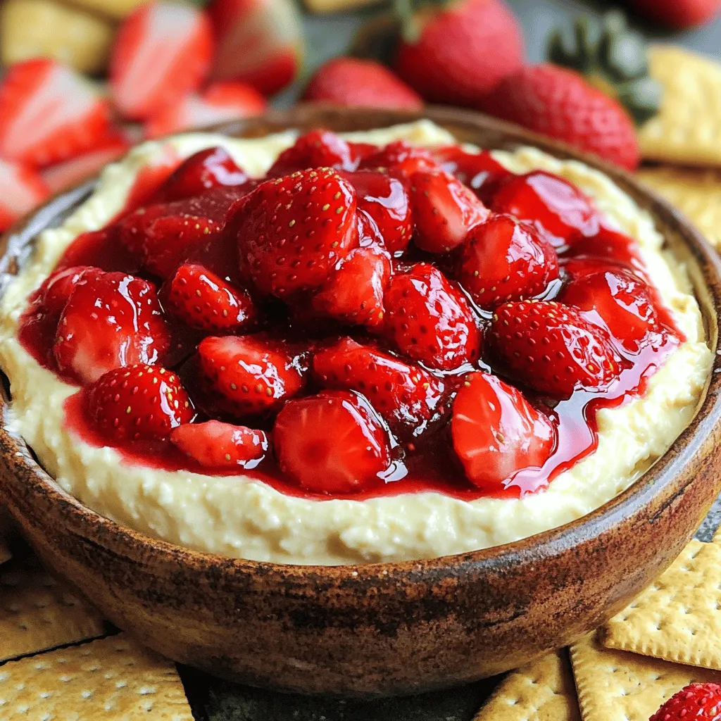 To make a tasty strawberry cheesecake dip, you need a few simple ingredients: - 1 cup cream cheese, softened - 1 cup powdered sugar - 1 teaspoon vanilla extract - ½ cup sour cream - 1 cup fresh strawberries, diced - ¼ cup strawberry preserves These main ingredients create a creamy and sweet base that is hard to resist. The cream cheese gives it a rich texture, while the strawberries add a fresh fruit flavor. You might like to try some optional ingredients to make your dip even better: - A pinch of salt to balance sweetness - Lemon juice for a refreshing zing - A dash of cinnamon for warmth These additions can enhance the taste and make your dip unique. You can mix and match based on your preferences. Now, let’s talk about what to dip into this delicious cheesecake dip: - Graham crackers for a crunchy contrast - Fresh fruit like apple slices or banana - Pretzels for a salty twist Each option brings its own flavor and texture to the table. Feel free to get creative and find your favorite pairing! For the complete recipe, check out the full recipe link. First, gather all your ingredients. You will need cream cheese, powdered sugar, vanilla extract, sour cream, fresh strawberries, and strawberry preserves. Make sure your cream cheese is soft. This makes mixing easier. Wash and dice your strawberries into small pieces. You want them to blend nicely into the dip. In a medium bowl, use an electric mixer to beat the softened cream cheese. Mix until it is smooth and creamy. Slowly add the powdered sugar to the bowl. Keep mixing until everything is well combined. Next, pour in the vanilla extract and sour cream. Mix again until it looks smooth. Now, gently fold in the diced strawberries and strawberry preserves. Be careful not to mash the strawberries. You want small pieces, not mush. Transfer your dip to a nice serving bowl. Spread it out evenly so it looks pretty. For a fun touch, add a few whole strawberries on top. A drizzle of strawberry preserves also makes it look nice. Serve your dip with graham crackers or fresh fruit. This adds a nice crunch, and it’s a great way to enjoy the dip. You can find the full recipe to ensure you have everything right. Enjoy your tasty treat! To get the best texture for your dip, start with softened cream cheese. Cold cream cheese will clump and be hard to mix. I recommend leaving it out for about an hour before you start. When you beat the cream cheese, do it on medium speed. This helps it blend well with the other ingredients. Mixing slowly at first will prevent splatters. Add the powdered sugar gradually, mixing until smooth. If it feels too thick, add a little more sour cream to loosen it up. If you want to switch things up, try adding a splash of lemon juice. This gives a nice zing and brightens the dip. You can also stir in some crushed graham crackers for a crunchy twist. If you're a chocolate lover, mix in some cocoa powder for a rich flavor. Don't forget about spices! A pinch of cinnamon can add warmth. Get creative and find what flavors you like best! You can make this dip a day in advance. Just store it in an airtight container in the fridge. This allows the flavors to blend well. When you're ready to serve, give it a quick stir. If it seems too thick, add a bit of milk or cream to adjust. Just remember to keep your toppings fresh. Add whole strawberries or a drizzle of preserves right before serving. This keeps everything looking nice! For the full recipe, check out Strawberry Cheesecake Dip. {{image_2}} Mixing chocolate into your dip gives it a new twist. To make a chocolate strawberry cheesecake dip, add ½ cup of cocoa powder. Beat it into the cream cheese before you add the other ingredients. The chocolate flavor pairs well with the strawberries. You can even use chocolate chips for a richer taste. This variation is great for chocolate lovers. If you want a low-carb dip, swap out the powdered sugar. Use a sugar substitute like erythritol or stevia instead. This keeps the sweetness without the carbs. You can also choose full-fat cream cheese to make it more filling. Use fresh strawberries carefully, as they have some carbs. This dip can fit into your keto lifestyle while still tasting great. You can switch out strawberries for other fruits. Raspberries add a tangy flavor, while blueberries give a sweet touch. Peaches or mangoes work well too. Just chop them up as you do with strawberries. Each fruit brings its own flavor, making the dip unique. Feel free to mix and match your favorite fruits. This way, you can enjoy a new taste every time you make it. For the complete recipe, check out the [Full Recipe]. To keep your strawberry cheesecake dip fresh, store it in an airtight container. This helps to prevent air from drying it out. Make sure the container seals tightly. You can use plastic wrap as a second layer. This is a good way to keep it safe in the fridge. When stored properly, strawberry cheesecake dip lasts about 3 to 5 days in the fridge. Always check for any off smells or changes in texture before eating. If you see any signs of spoilage, it’s best to throw it away. You don’t need to heat this dip, as it’s best served cold. If it seems too thick after being stored, you can mix in a bit of sour cream. This will help make it smooth again. Just stir gently until you reach the right consistency. Enjoy it with fresh graham crackers or fruit. For the full recipe, check the link! Yes, you can make this dip ahead of time. Prepare it and store it in the fridge. It tastes just as good after a few hours. Make sure to cover it well to keep it fresh. If you want to replace cream cheese, try Greek yogurt. It gives a nice tangy flavor. You can also use mascarpone for a rich taste. Both options work well in this dip. Yes, this dip is gluten-free! The main ingredients do not contain gluten. Just be careful with the dipping options. Use gluten-free graham crackers or fresh fruit for a safe choice. To make this dip vegan, swap cream cheese for vegan cream cheese. Use maple syrup instead of powdered sugar. This keeps the sweet taste while making it plant-based. Check that your strawberry preserves are vegan too. Strawberry cheesecake dip is easy to make and delicious to eat. We covered the main and optional ingredients, along with tasty dipping options. You learned the steps to prepare and present this dish beautifully. Tips helped you find the best consistency, flavors, and storage advice. You can also explore fun variations like chocolate or low-carb options. With this dip, your desserts will impress everyone. Try it today and enjoy the sweet flavors together!