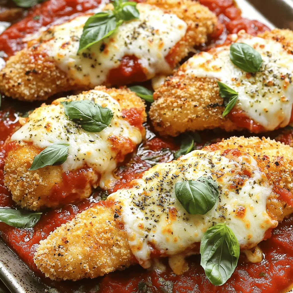 - 1 pound chicken tenderloins - 1 cup all-purpose flour - 2 large eggs, beaten - 1 cup breadcrumbs (preferably panko for extra crunch) - 1/2 cup grated Parmesan cheese - 1 teaspoon garlic powder - 1 teaspoon onion powder - 1 teaspoon Italian seasoning - Salt and pepper, to taste - 1 cup marinara sauce (store-bought or homemade) - 1 cup shredded mozzarella cheese - Fresh basil leaves, for garnish - Olive oil, for frying - Adding fresh herbs like parsley or oregano can brighten the dish. - You can use crushed cornflakes instead of breadcrumbs for a different crunch. - Try adding a pinch of red pepper flakes for heat. - Mix in some Italian sausage with the marinara sauce for added flavor. Using these ingredients, you can create a delightful meal that pleases everyone. The blend of flavors in the chicken and sauce makes this dish truly special. You can follow the Full Recipe to get all the steps and tips to perfect your Crispy Chicken Parmesan Tenders. To start, set up three shallow bowls. Use one bowl for flour, one for beaten eggs, and one for breadcrumbs. I season the flour with salt and pepper. In the breadcrumb bowl, mix in grated Parmesan cheese, garlic powder, onion powder, and Italian seasoning. This spice mix adds great flavor to the tenders. Next, take each chicken tenderloin. First, coat it in the seasoned flour, shaking off the extra. Then, dip it into the beaten eggs. Finally, press it into the breadcrumb mix until it is well-coated. I like to ensure an even coating for the best crunch. Repeat this for all the tenderloins. Now it’s time to fry! Heat about 1/4 inch of olive oil in a large skillet over medium-high heat. The oil should be hot but not smoking. Carefully add the coated chicken tenders in batches. I avoid overcrowding the pan. Fry each side for about 4 to 5 minutes. You want them golden brown and crispy. When done, transfer them to a paper towel-lined plate to drain excess oil. Preheat your oven to 400°F (200°C). In a baking dish, spread half of the marinara sauce at the bottom. Place the fried chicken tenders on top of the sauce. Pour the rest of the marinara over the tenders. Then, sprinkle shredded mozzarella cheese evenly on top. For a bubbly cheese topping, bake for about 15 to 20 minutes. Enjoy the delicious smell as it cooks! For the full recipe, refer to the earlier section. To get the best crunch, always use panko breadcrumbs. They are light and airy, which helps your chicken turn out super crispy. Regular breadcrumbs don’t give the same texture. When frying, keep the oil temperature right. Heat about 1/4 inch of olive oil in a skillet over medium-high heat. If the oil is too hot, your chicken will burn. If it is too cool, the chicken will soak up the oil. Fry the chicken in batches without crowding the pan. This helps them cook evenly and stay crispy. Pair your Crispy Chicken Parmesan Tenders with some easy sides. A fresh salad adds a nice crunch. Roasted veggies or garlic bread are also great choices. For dips, marinara sauce is a classic. You can also serve ranch or a spicy aioli for a tasty twist. These sides and dips elevate your meal. You can spice up your chicken with extra flavors. Try adding paprika or cayenne pepper to the breadcrumb mix for some heat. For a fresh taste, consider using herbs. Basil, parsley, or oregano can add more depth. Chopping these herbs and mixing them with the breadcrumbs is a great way to boost flavor. Explore the full recipe to make your Crispy Chicken Parmesan Tenders today! {{image_2}} You can switch up the cheese for your Crispy Chicken Parmesan Tenders. While mozzarella and Parmesan are standard, many tasty options exist. Try using provolone for a creamy texture. Gouda can add a rich, smoky flavor. For something unique, consider using a sharp cheddar. The right cheese can change the dish's flavor profile. You can also use flavored cheeses, like herb-infused or garlic cheese blends. These options give a twist to the classic taste. If you want a healthier version, consider baking instead of frying. Baking reduces the oil and calories. It also keeps the chicken tender and juicy. You can also explore gluten-free or low-carb options. Use almond flour or coconut flour for a gluten-free breading. For a low-carb choice, try crushed pork rinds instead of breadcrumbs. Both options can still give you that crunchy texture. Want a kick of heat? You can add spice to the chicken or sauce. Mix in red pepper flakes to the breadcrumb mix for added warmth. You can also use spicy marinara sauce. Brands that feature spicy options can make this dish pop. Look for sauces labeled "arrabbiata" or "spicy marinara." These varieties will enhance the flavor and give your meal a bold twist. To keep your Crispy Chicken Parmesan Tenders fresh, cool them first. Place them on a wire rack to let air circulate. This helps prevent sogginess. After they cool, store them in an airtight container. You can keep them in the refrigerator for up to three days. If you want to save them longer, freeze them. Wrap each tender tightly in plastic wrap and place them in a freezer bag. They can last up to three months in the freezer. When you’re ready to enjoy your leftovers, reheating them properly is key. The oven is the best choice for keeping them crispy. Preheat your oven to 375°F (190°C). Place the tenders on a baking sheet and cover them loosely with foil. Heat for about 15-20 minutes, or until they are warm. If you use a microwave, be careful. The microwave can make them soggy. To avoid this, place a paper towel under the tenders. Heat them in short intervals, checking often. This helps them stay somewhat crispy, but the oven is always better. No matter how you reheat, enjoy those tasty tenders again! For the full recipe, check out the earlier section. To make Crispy Chicken Parmesan Tenders, start with the full recipe. First, set up three bowls for your breading. One bowl holds seasoned flour, another has beaten eggs, and the last has breadcrumbs mixed with Parmesan and spices. Coat each chicken tender in flour, then eggs, and finally in the breadcrumb mix. Fry the chicken in hot olive oil until golden brown. After frying, layer marinara sauce and cheese in a baking dish with the chicken. Bake until the cheese melts. This method gives you a crunchy and tasty dish. Yes, you can use chicken breasts instead of tenderloins. However, chicken breasts are thicker. You’ll need to cut them into similar sizes as the tenderloins. This helps them cook evenly. Cooking time may be longer, about 6 to 8 minutes per side. Always check the internal temperature; it should reach 165°F to ensure they are safe to eat. To reheat chicken tenders, the oven is best. Preheat it to 350°F. Place the tenders on a baking sheet and cover them with foil. This keeps them from drying out. Heat for about 10 to 15 minutes. If you prefer the microwave, use medium power. Heat in short bursts to prevent sogginess. You want to enjoy that crispy texture again! Crispy Chicken Parmesan Tenders are fun and easy to make. You need simple ingredients and clear steps. Start with preparing your chicken, then bread it well. Fry until it’s golden, and layer with sauce and cheese. Bake to perfection and serve with your favorite sides. Feel free to customize flavors and make it your own. Use different cheeses or add spice. Proper storage and reheating keep the tenders tasty. Enjoy your cooking adventure and impress others with this delicious meal!