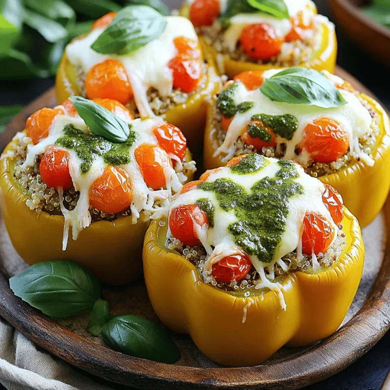 To make Pesto Chicken Stuffed Peppers, you will need: - 4 large bell peppers (any color) - 2 cups cooked chicken, shredded - 1/2 cup basil pesto - 1 cup cooked quinoa - 1 cup cherry tomatoes, halved - 1/2 cup mozzarella cheese, shredded - 1/4 cup Parmesan cheese, grated - 1 tablespoon olive oil - Salt and pepper to taste - Fresh basil leaves for garnish For the best flavor, I suggest using: - Pesto: Look for brands like Buitoni or Classico for great taste. - Cheese: For mozzarella, Galbani offers a creamy option. For Parmesan, try Kraft or Grana Padano. - Quinoa: Ancient Harvest is a reliable brand for quality quinoa. Feel free to customize your stuffed peppers! Here are some ideas: - Protein: Swap chicken for shredded turkey or even black beans for a vegetarian option. - Grains: Use brown rice or couscous instead of quinoa for a different texture. - Veggies: Add spinach or zucchini to the filling for extra nutrition. - Cheese: Try goat cheese or feta for a tangy twist. These options can enhance both taste and nutrition. Use your creativity to make this dish your own! For the full recipe, check the details above. Start by preheating your oven to 375°F (190°C). Take your bell peppers and cut off the tops. Remove the seeds and membranes inside. I like to brush the outside with olive oil. This gives them a nice shine and flavor. Next, place the peppers upright in a baking dish. In a large bowl, mix the cooked chicken, basil pesto, and cooked quinoa. Add halved cherry tomatoes and half of the mozzarella cheese. This blend is key for flavor. Season the mixture with salt and pepper to taste. It should smell amazing and look colorful! Carefully spoon the chicken mixture into each bell pepper until they are full. Don't be shy; pack it in! Next, sprinkle the rest of the mozzarella and Parmesan cheese on top. Cover the dish with foil and bake for 25 minutes. After that, remove the foil and bake for another 10-15 minutes. You want the cheese to be bubbly and golden. Once baked, let them cool for a few minutes. Garnish with fresh basil leaves before serving. For the full recipe, check out the details above! To make your Pesto Chicken Stuffed Peppers truly shine, start by choosing ripe bell peppers. The best peppers are firm and colorful. Cut the tops off and remove the seeds. Lightly brush the outside with olive oil. This adds flavor and helps them brown nicely. Inside, mix your chicken with pesto and quinoa. This blend adds moisture and taste. One common mistake is overcooking the peppers. You want them tender but not mushy. Bake them covered first, then uncovered. This keeps them moist. Another mistake is not seasoning the filling. Always taste your mixture before stuffing the peppers. Adjust salt and pepper as needed for the best flavor. For a beautiful presentation, serve the stuffed peppers on a large platter. Drizzle with extra pesto for color. Sprinkle fresh basil on top for a pop of green. You can also add a side of cherry tomatoes for added color and taste. This makes the dish look and feel special. For the full recipe, check the detailed instructions provided. {{image_2}} If you want to switch up the protein, try turkey or tofu. Turkey adds a lean option that still packs flavor. Use ground turkey for a nice texture. Tofu offers a plant-based alternative. Press it first to remove excess water. Crumble it and mix it with pesto for great taste. These options let you enjoy this dish in new ways. You can also play with different vegetables and grains. Instead of bell peppers, try zucchini or eggplant. They make for a fun twist. For grains, swap quinoa with rice or farro. Each grain adds its own texture and flavor. You can even mix in some spinach or kale for extra greens. This keeps the dish fresh and exciting. Seasonal flavors can make your stuffed peppers shine. In fall, add roasted pumpkin or squash for warmth. During summer, use fresh corn and diced jalapeños for a kick. For holidays, consider adding cranberries or nuts for a festive touch. This flexibility allows you to create a dish that fits any occasion. Check out the Full Recipe to explore more ideas! After enjoying your pesto chicken stuffed peppers, store any leftovers in an airtight container. This keeps them fresh and tasty. Place your stuffed peppers in the fridge. They will stay good for about three to four days. If you have extra pesto, store it separately in a small jar. This way, it stays fresh and ready for your next meal. You can freeze these stuffed peppers for later use. First, let them cool completely. Wrap each pepper tightly in plastic wrap. Then, put them in a freezer-safe bag. Label the bag with the date. They can last up to three months in the freezer. When you're ready to eat, just thaw them in the fridge overnight. To reheat your stuffed peppers, preheat your oven to 350°F (175°C). Remove the peppers from the fridge or freezer. If frozen, let them thaw first. Place the peppers in a baking dish. Cover with foil to keep them moist. Heat for about 20-25 minutes. If you want a crispy top, uncover the dish for the last five minutes. Enjoy your meal, just like when it was fresh! Pesto Chicken Stuffed Peppers can last up to four days in the fridge. Store them in an airtight container. This keeps them fresh and tasty. The flavors may blend even more over time. Just reheat before eating! Yes, you can make Pesto Chicken Stuffed Peppers ahead of time. Prepare the stuffed peppers and keep them in the fridge for one day. You can also freeze them for later. Just cook them after thawing. This makes weeknight dinners easy! Many side dishes go well with Pesto Chicken Stuffed Peppers. Here are some ideas: - A fresh green salad with lemon vinaigrette - Garlic bread for a crunchy bite - Roasted vegetables like zucchini or asparagus - Quinoa pilaf for extra flavor These sides will make your meal more fun and complete! Pesto Chicken Stuffed Peppers are simple yet flavorful. We covered the best ingredients, brands, and substitutions. The step-by-step guide ensures easy preparation, cooking, and baking. Tips and tricks enhance taste and help avoid errors. Variations allow for personal touches with proteins and veggies. Lastly, proper storage keeps leftovers fresh. Remember, you can customize this dish to fit your taste. Enjoy cooking and make it a fun experience!