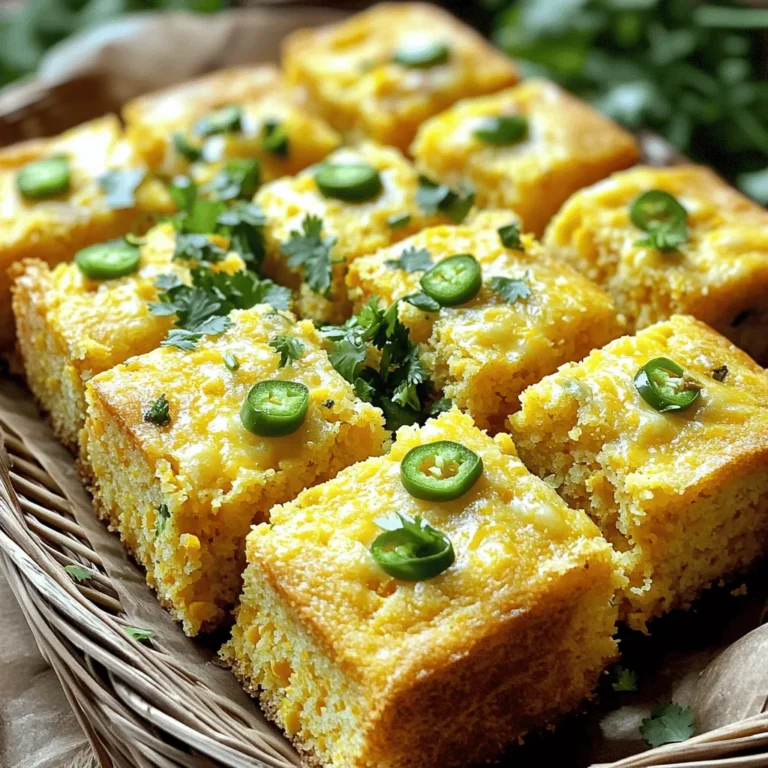 For making Jalapeño Cheddar Cornbread, you need these key items: - 1 cup cornmeal - 1 cup all-purpose flour - 1 tablespoon baking powder - 1/2 teaspoon salt - 1/4 cup sugar - 1 cup milk - 1/4 cup vegetable oil - 2 large eggs - 1 cup shredded sharp cheddar cheese - 2-3 jalapeños, seeded and diced - 1/2 cup corn kernels (fresh or frozen) These ingredients come together to create a moist and tasty cornbread. The sharp cheddar adds a nice bite, while the jalapeños bring heat. If you don't have some of these ingredients, you can swap them. Here are a few ideas: - Use whole wheat flour instead of all-purpose flour for a healthier option. - Substitute Greek yogurt for milk to add creaminess and tang. - Replace vegetable oil with melted butter for more flavor. - For a milder taste, use bell peppers instead of jalapeños. These swaps can change the flavor but still keep the cornbread delicious. To keep your cornbread fresh and tasty, follow these tips: - Use fresh corn if possible. It makes a big difference in taste. - Store your cornbread in an airtight container to prevent it from drying out. - If you use frozen corn, make sure to thaw and drain it well. - Always check the expiration dates on baking powder and flour for the best rise. By following these tips, you ensure your cornbread stays fluffy and flavorful. For the full recipe, refer to the specific sections above. Start by gathering all your ingredients. You will need cornmeal, flour, baking powder, salt, sugar, milk, oil, eggs, cheese, jalapeños, and corn. Preheat your oven to 400°F (200°C). Grease an 8-inch square baking pan or a cast-iron skillet. This helps the cornbread not stick while baking. In a large mixing bowl, whisk together the dry ingredients: cornmeal, flour, baking powder, salt, and sugar. Mix them until they blend well. In another bowl, combine the wet ingredients: milk, oil, and eggs. Beat them together until smooth. Pour the wet mix into the dry mix. Stir gently until just combined. It’s fine to leave some lumps. Next, fold in the shredded cheddar cheese, diced jalapeños, and corn. This adds great flavor. Pour the batter into your greased pan, smoothing the top with a spatula. Place the pan in the oven. Bake your cornbread for 20 to 25 minutes. Check it by inserting a toothpick in the center. If it comes out clean, your cornbread is ready. The top should be golden brown. After baking, let it cool for about 10 minutes before slicing. This allows the flavors to settle. Enjoy your Jalapeño Cheddar Cornbread as a tasty side! You can find the Full Recipe for all the details. To adjust the spice level in your jalapeño cheddar cornbread, start with fewer jalapeños. You can always add more if you want more heat. Try using milder peppers, like banana peppers, instead of jalapeños. If you like it spicy, leave some seeds in the jalapeños. You can also add a pinch of cayenne pepper to the mix for extra kick. Keeping your cornbread moist is key to a great texture. Use whole milk instead of low-fat milk for richer flavor. Adding corn kernels helps keep moisture locked in. You can also mix in a bit of sour cream or yogurt to boost moisture. Make sure not to overbake; check for doneness at 20 minutes. A toothpick should come out clean but not dry. Mixing well is important but don’t overdo it. Combine dry ingredients first, then add wet ones. Stir until just combined, leaving some lumps. Overmixing makes cornbread dense, not fluffy. Fold in cheese and jalapeños gently. This distributes the flavors without losing air. For the best results, use room-temperature eggs and milk. This helps create a light, airy texture. For the full recipe, check out the detailed instructions for making this delicious dish! {{image_2}} You can mix in green onions for a fresh taste. The green onions add a mild, onion flavor that pairs well with cheddar. Just chop about half a cup and fold them into the batter. This gives your cornbread a pop of color and flavor. If you need a gluten-free version, swap the all-purpose flour for a gluten-free blend. Many brands work well for baking. Make sure your cornmeal is also gluten-free. This simple change keeps the flavor while making it safe for those with gluten issues. You can experiment with spices to create new flavors. Try adding a teaspoon of garlic powder or smoked paprika for a unique twist. If you love herbs, consider fresh cilantro or parsley. Each addition brings its own flair to your cornbread. For a sweet touch, mix in a bit of honey or maple syrup. You'll discover many exciting variations with just these simple tweaks. For the full recipe, check out the details above. To keep your jalapeño cheddar cornbread fresh, store it in an airtight container. This way, it stays moist and tasty. You can leave it at room temperature for up to two days. For longer storage, pop it in the fridge. It will last about a week in the fridge. When you're ready to enjoy leftovers, reheating is easy. You can do this in the oven or microwave. For the oven, set it to 350°F (175°C). Wrap the cornbread in foil and heat for about 10-15 minutes. If you're in a hurry, microwave a slice for about 30 seconds. Check if it's warm enough. Freezing is a great option if you want to save some cornbread. First, let the cornbread cool completely. Then, wrap it tightly in plastic wrap and foil. This helps prevent freezer burn. You can freeze it for up to three months. To eat, thaw it overnight in the fridge, then reheat as mentioned above. This keeps the flavors and texture just right. For the full recipe, check out the section above! To make your cornbread spicier, add more jalapeños. You can use whole or chopped peppers. For more heat, try using serrano peppers instead of jalapeños. Another option is to add a pinch of cayenne pepper to the batter. This will give it a nice kick without changing the flavor too much. Yes, you can use other types of cheese. Pepper jack adds a nice spice, while gouda gives a rich flavor. Mozzarella can make the cornbread extra gooey. Try mixing cheeses for a unique taste. Just keep the amount the same as the sharp cheddar in the recipe. Serve cornbread warm for the best taste. Cut it into squares and place it in a basket. You can add butter or honey to make it sweeter. For a fun twist, top it with chili or soup. Cornbread pairs well with many dishes, so feel free to get creative! In this article, we explored the key ingredients, step-by-step instructions, and helpful tips for making cornbread. We covered variations, storage methods, and answered common questions. Now you can bake cornbread with confidence and make it your own. Remember, the joy of cooking is in trying new flavors and adapting recipes to fit your taste. Enjoy your baking journey and savor every bite of your delicious cornbread!