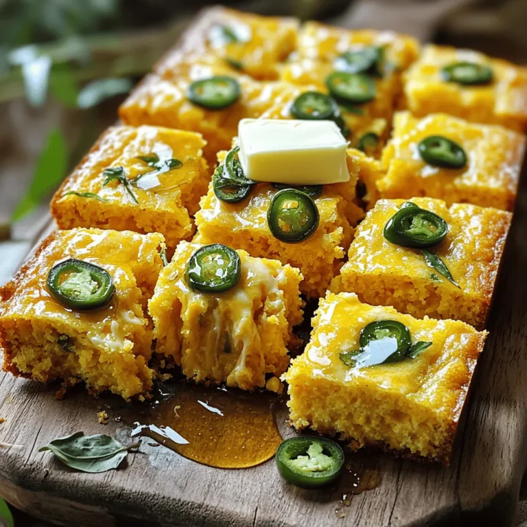 - 1 cup cornmeal - 1 cup all-purpose flour - 1 tablespoon baking powder - 1/2 teaspoon salt - 1 cup whole milk - 2 large eggs - 1/4 cup vegetable oil - 1 tablespoon honey (optional) - 1 cup shredded sharp cheddar cheese - 1-2 fresh jalapeños, finely chopped (adjust to heat preference) To make Cheddar Jalapeño Cornbread, gather your ingredients. Start with the dry ones. The cornmeal gives it texture. The all-purpose flour adds lift. Baking powder helps it rise. Salt enhances all the flavors. Next, prepare the wet ingredients. Whole milk adds moisture. Eggs bind the mixture. Vegetable oil keeps it soft. Honey is optional for a hint of sweetness. The key flavors are the sharp cheddar and fresh jalapeños. Cheese adds richness. Jalapeños provide a kick. You control the heat by how many jalapeños you add. For the full recipe, check out the detailed instructions. - Preheat your oven to 400°F (200°C) and grease a 9-inch pan. - In a large bowl, mix 1 cup of cornmeal, 1 cup of flour, 1 tablespoon of baking powder, and 1/2 teaspoon of salt. - In another bowl, whisk together 1 cup of whole milk, 2 eggs, and 1/4 cup of vegetable oil. You can add 1 tablespoon of honey if you want it sweeter. - Pour the wet mixture into the dry ingredients. Stir until just combined. A few lumps are fine; don’t overmix. - Fold in 1 cup of shredded sharp cheddar cheese and 1-2 finely chopped jalapeños. Adjust the amount based on how spicy you like it. - Pour the batter into your greased pan. Use a spatula to smooth the top. - Bake for 20-25 minutes. It’s done when the top is golden brown and a toothpick comes out clean. Your cornbread is now ready to enjoy! For the complete recipe, check out the Full Recipe section. To get the best cornbread, avoid overmixing the batter. Mix just enough to combine the wet and dry ingredients. A few lumps are fine. This method keeps the cornbread light and fluffy. Choosing the right cheese is also key. I recommend using sharp cheddar for a strong flavor. It melts well and adds richness to the cornbread. You can adjust the jalapeño quantity to match your heat level. If you like it spicy, use two jalapeños. For a milder taste, stick with one or even half. Experiment with different cheeses too. A mix of cheddar and pepper jack gives a nice kick. Gouda can add a smoky flavor that pairs well with the corn. Serving the cornbread is fun and simple. I like to serve warm slices on a rustic wooden board. Top each slice with a pat of butter and a few jalapeño slices for color. Drizzling honey on top adds sweetness and balances the heat. For the full recipe, you can check out the details above. {{image_2}} You can switch up the cheese for fun. - Pepper jack gives it a spicy kick. - Gouda adds a nice smoky flavor. These choices make your cornbread unique and tasty. You can mix and match to find your favorite! Want to jazz up your cornbread? Add some extras! - Corn kernels bring a bit of sweetness. - Bacon bits add a savory depth. These add-ins not only change the flavor but also the texture. You can get creative with what you have at home. If you have dietary needs, don’t worry! There are easy swaps. - Try gluten-free flour for a gluten-free version. - Use vegan milk and flax eggs for a vegan option. These adjustments let everyone enjoy this cornbread. You can keep the flavor while meeting different diets. For the full recipe, check the earlier section. Store your leftover cornbread in an airtight container. This keeps it fresh and moist. You can also wrap it in plastic wrap. Place it in the fridge for up to three days. If you want, you can also cover it in foil for extra protection. For long-term storage, freeze your cornbread. First, slice it into pieces. Wrap each slice tightly in plastic wrap. Then, place them in a freezer-safe bag. This helps prevent freezer burn. You can freeze cornbread for up to three months. When you're ready, just thaw it overnight in the fridge. To reheat cornbread, use an oven or a microwave. For the oven, preheat it to 350°F (175°C). Place the cornbread slices on a baking sheet. Cover with foil to keep moisture in. Heat for about 10-15 minutes. If using the microwave, place a slice on a plate. Add a damp paper towel on top. Heat for about 20-30 seconds. Enjoy your warm and moist cornbread! For the full recipe, check the previous section. To check if your cornbread is done, use a toothpick. Insert it into the center of the bread. If it comes out clean, your cornbread is ready. If it has wet batter, bake it for a few more minutes. The top should be golden brown, and the edges will pull away from the pan. Yes, you can make this cornbread ahead of time. Prepare it and let it cool completely. Wrap it tightly in plastic wrap or foil. Store it in the fridge for up to three days. You can also freeze it for longer storage. Just thaw it overnight in the fridge before serving. This cornbread pairs well with many dishes. Try serving it with chili for a cozy meal. It also goes great with barbecue or grilled meats. You can even enjoy it with soup or salad. The flavors complement each other nicely. For a fun twist, add a dollop of honey or butter on top! We covered the key ingredients and steps to make delicious Cheddar Jalapeño Cornbread. The right mix of dried and wet ingredients creates a tasty texture. Adding sharp cheddar and fresh jalapeños gives it a delightful kick. Remember, keep experimenting with flavors and variations to find your perfect version. Proper storage and reheating help maintain freshness. Enjoy this dish with your favorite meals or as a snack. Trust me, this cornbread will impress everyone.