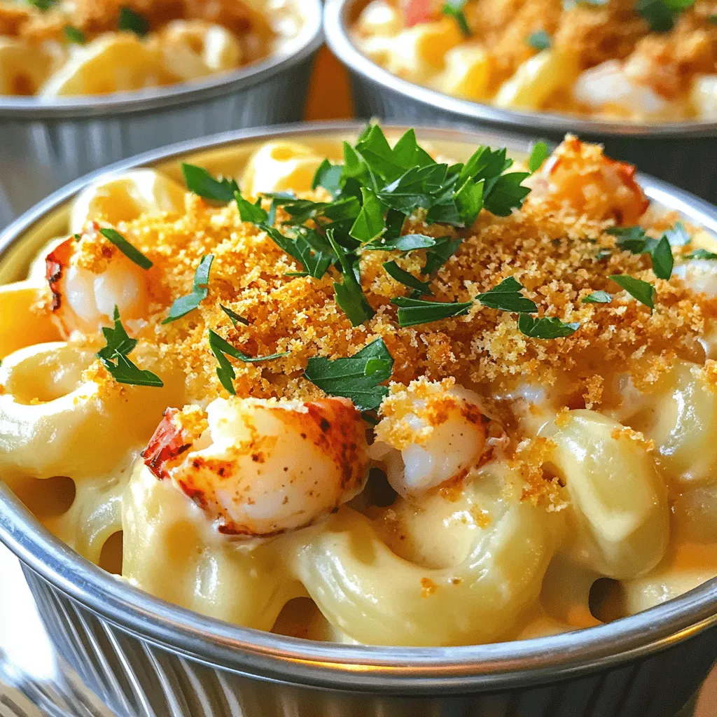 For this dish, you will need: - 8 oz elbow macaroni - 2 cups lobster meat, cooked and chopped - 2 tablespoons unsalted butter - 2 tablespoons all-purpose flour - 2 cups whole milk - 1 cup heavy cream - 2 cups sharp cheddar cheese, grated - 1 cup Gruyère cheese, grated - 1 teaspoon garlic powder - 1 teaspoon onion powder - Salt and pepper to taste - 1/2 cup panko breadcrumbs - 2 tablespoons parsley, chopped (for garnish) These ingredients create a rich and creamy base. The lobster meat adds a sweet and briny flavor. The cheeses melt into a smooth sauce, making every bite delicious. You can add extra depth with: - A pinch of cayenne pepper for heat - A squeeze of lemon juice for brightness - Truffle oil for a luxurious touch - Fresh herbs like thyme or basil for freshness These options let you customize the dish to your taste. Each addition brings out different flavors and makes it special. To prepare this dish, gather the following tools: - Large pot for boiling pasta - Large saucepan for the cheese sauce - Whisk for mixing - Baking dish for oven cooking - Small bowl for mixing toppings These tools will help you cook each component perfectly. Having the right equipment makes the process smoother and more enjoyable. Start by boiling water in a large pot. Add salt to the water. Then, add 8 ounces of elbow macaroni. Cook it until it's al dente, which means it should be firm but not hard. This usually takes about 8 to 10 minutes, but check the package for exact times. Once done, drain the pasta and set it aside. In a large saucepan, melt 2 tablespoons of unsalted butter over medium heat. After it melts, add 2 tablespoons of all-purpose flour. Whisk it together for about one minute until it turns golden. Next, slowly whisk in 2 cups of whole milk and 1 cup of heavy cream. Keep whisking until the sauce thickens. This should take about 4 to 5 minutes. Once thick, lower the heat and add 2 cups of grated sharp cheddar cheese and 1 cup of grated Gruyère cheese. Stir until the cheese melts and the sauce is smooth. Finally, mix in 1 teaspoon of garlic powder and 1 teaspoon of onion powder. Season with salt and pepper to your taste. Gently fold in the cooked macaroni and 2 cups of chopped lobster meat into the cheese sauce. Make sure everything is well coated in that creamy goodness. Preheat your oven to 350°F (175°C). Next, transfer the mac and cheese mixture to a greased baking dish. To create a crunchy topping, mix 1/2 cup of panko breadcrumbs with a drizzle of olive oil or melted butter. Sprinkle this mixture evenly over the mac and cheese. Place the dish in the oven and bake for about 20 to 25 minutes. You want the top to be golden brown and crispy. Once it’s ready, let it cool for a few minutes. Before serving, sprinkle with chopped parsley for a fresh touch. For the full recipe, check out the details above! To make the best cheese sauce, start with high-quality cheese. I love using sharp cheddar and Gruyère. This combo gives a bold flavor. When you melt the cheese, do it slowly. Too much heat makes it grainy. Stir constantly to keep it smooth. If your sauce is too thick, add a splash of milk. If it's too thin, let it cook longer to thicken. When choosing lobster, fresh is great, but frozen works well too. Fresh lobster has a sweet taste. If using frozen, thaw it overnight in the fridge. This keeps the meat tender. To cook lobster, boil it in salted water for about 10 minutes per pound. After cooking, let it cool before chopping. Both fresh and frozen lobster will shine in your mac and cheese. One common mistake is overcooking the pasta. Cook it just until al dente. It will finish cooking in the oven. Another mistake is not seasoning enough. Taste your cheese sauce and add salt and pepper as needed. Lastly, don’t skip the panko topping. It adds a great crunch. For the full recipe, check out the Luxe Lobster Mac & Cheese section. Enjoy every cheesy bite! {{image_2}} You can easily change up this lobster mac and cheese. Try using shrimp, crab, or scallops. Each seafood brings a unique flavor to the dish. Shrimp adds a sweet touch, while crab offers a rich, buttery taste. Scallops give a lovely, delicate flavor. Mix and match them according to your taste. This way, you can create a special seafood blend that excites your palate. If you prefer a meatless option, switch the lobster for mushrooms or spinach. Both add a hearty feel. You can also use a mix of roasted vegetables for added flavor. Try artichokes, zucchini, or bell peppers for a colorful twist. Each veggie choice adds its own charm and keeps the dish fresh and exciting. The creamy cheese sauce pairs well with these ingredients, making it still feel indulgent. Toppings can take your dish to new heights. Instead of just panko breadcrumbs, think outside the box. Use crushed potato chips for extra crunch or sprinkle crispy bacon bits for a savory kick. You can also try a mix of herbs, like thyme or rosemary, for a fragrant finish. For a spicy touch, add chopped jalapeños or a dash of hot sauce. These toppings will give your creamy lobster mac and cheese a delightful twist. Feel free to explore these variations and make this dish your own! For the full recipe, check out the Luxe Lobster Mac & Cheese section above. To store your creamy lobster mac and cheese, let it cool first. Place it in an airtight container. Keep it in the fridge for up to three days. This way, the flavors stay fresh and tasty. When reheating, use a microwave or an oven. For the microwave, place a portion in a bowl. Add a splash of milk to keep it creamy. Heat for one to two minutes, stirring halfway. If you use the oven, preheat to 350°F (175°C). Place the mac and cheese in an oven-safe dish. Cover it with foil to prevent drying out. Bake for about 15 to 20 minutes, or until hot. If you want to freeze it, do so before baking. Transfer the mixture to a freezer-safe container. Seal tightly and label with the date. You can freeze it for up to three months. To enjoy later, thaw it in the fridge overnight. Bake it as directed when ready. This ensures a delicious meal whenever you crave creamy lobster mac and cheese! For the full recipe, check out the details above. To make Lobster Mac and Cheese from scratch, follow these steps: 1. Cook elbow macaroni in salted water until al dente. 2. In a saucepan, melt butter and whisk in flour to create a roux. 3. Gradually add whole milk and heavy cream, stirring until thick. 4. Stir in cheddar and Gruyère until melted. 5. Combine the cooked macaroni and lobster meat with the cheese sauce. 6. Bake with panko on top until golden brown. These steps lead to a creamy, delicious dish. For the full recipe, check the earlier section. Yes, you can use other cheeses. Try mozzarella for stretchiness or gouda for a smoky flavor. Cream cheese adds extra creaminess. Just ensure they melt well for a smooth sauce. The best way to cook lobster is to steam or boil it. Boil for about 7-10 minutes per pound. Ensure it turns bright red and the meat is opaque. Let it cool before chopping. Many restaurants serve great Lobster Mac and Cheese. Look for seafood restaurants or upscale bistros. Check local reviews to find the best ones near you. You can elevate Lobster Mac and Cheese by adding: - Truffle oil for an earthy touch - Fresh herbs like thyme or basil for brightness - Crispy bacon for a savory crunch - Sun-dried tomatoes for a sweet and tangy flavor These additions create layers of taste and texture. This blog post showed you how to make creamy lobster mac and cheese. We covered ingredients, tools, and step-by-step instructions. You also learned tips to perfect your sauce and avoid mistakes. Variations let you try different seafood or toppings. Finally, we discussed storage and reheating tips. Making this dish can impress friends and family. With simple steps, you can enjoy a rich, tasty meal at home. Dive into cooking and have fun with your lobster mac and cheese!