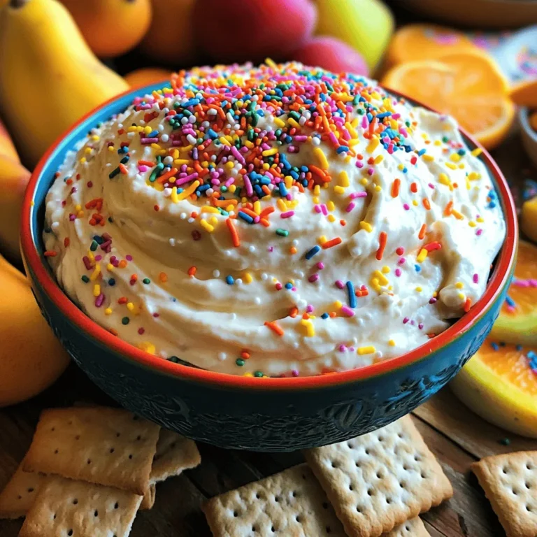 To create your Funfetti Birthday Cake Dip, you'll need these key ingredients: - 1 cup vanilla cake mix - 1 cup cream cheese, softened - 1/2 cup powdered sugar - 1/2 cup whipped topping (like Cool Whip) - 1 teaspoon vanilla extract - 1/4 cup rainbow sprinkles (plus extra for garnish) - 1-2 tablespoons milk (as needed for consistency) These ingredients work together to give the dip its sweet, cake-like flavor. The cream cheese makes it creamy and rich, while the cake mix adds that nostalgic birthday cake taste. The rainbow sprinkles bring joy and color to the dip. You can customize your dip to fit your taste. Here are some ideas: - Add a pinch of salt for balance. - Stir in some mini chocolate chips for extra sweetness. - Use flavored whipped topping for a twist. Feel free to get creative! The goal is to make the dip your own while keeping that funfetti charm. When it comes to serving your dip, choose dippers that will complement its sweet flavor. Some great options include: - Graham crackers - Animal crackers - Fresh fruit (like strawberries or bananas) These dippers add texture and flavor to your funfetti experience. Enjoy experimenting to find your favorite pairing! For the full recipe, check out the details above. First, grab a large mixing bowl. Add 1 cup of softened cream cheese and 1 cup of vanilla cake mix. Mix these two until they blend well. I use an electric mixer for this. It makes it smooth and easy. Next, add 1/2 cup of powdered sugar. Mix it until it’s all combined. Then, stir in 1/2 cup of whipped topping and 1 teaspoon of vanilla extract. Keep mixing until creamy and smooth. If it feels thick, add 1-2 tablespoons of milk. This helps make the dip just right. Finally, fold in 1/4 cup of rainbow sprinkles for that fun look. Transfer the dip to a serving bowl and add more sprinkles on top for flair. To get your dip just right, always start with softened cream cheese. Cold cream cheese can make it hard to mix. If you want a lighter dip, whip it a bit longer. If it’s still too thick after adding milk, keep mixing. Each dip can be a little different. You can adjust the milk based on how thick you want it. If you want it fluffier, add a bit more whipped topping. This gives it a fun texture that everyone will love. When it’s time to serve, choose a nice bowl. A clear bowl shows off the colorful sprinkles. Place it in the center of your table. Surround it with fun dippers. You can use graham crackers, animal crackers, or fresh fruit. Each dipper adds a new taste. For a party, set out small plates so guests can take their own. This dip is a great treat for any birthday or celebration. Enjoy every scoop! For the full recipe, check out the details above. To keep your Funfetti Birthday Cake Dip creamy, start with softened cream cheese. If it's too cold, it won't mix well. I use an electric mixer for the best results. Make sure to blend until smooth. If the dip feels thick, add milk one tablespoon at a time. This helps reach the right consistency. Gently fold in the sprinkles last to keep them intact and colorful. If you have leftovers, store the dip in an airtight container. This keeps it fresh for up to three days. You can also cover it tightly with plastic wrap. Before serving, give it a quick stir. If it seems thick after storage, add a little milk to regain that creamy texture. You can prepare this dip a day in advance. Just follow the steps and store it in the fridge. This gives the flavors time to blend. When you’re ready to serve, add some extra sprinkles on top. This will make it look fresh and fun! Check out the Full Recipe for all the details you need. {{image_2}} You can change the flavor of your Funfetti Birthday Cake Dip easily. Try adding different cake mixes. Chocolate or red velvet mixes add a rich taste. For a fruity twist, use lemon or strawberry cake mix. You can also switch the sprinkles. Use chocolate sprinkles or pastel colors for a softer look. This way, you keep the fun but change the taste. Make your dip fit the seasons! For spring, add fresh fruits like strawberries or peaches. In summer, mix in lemon zest for a bright flavor. Autumn calls for pumpkin spice cake mix, which gives a warm touch. For winter, add peppermint extract or crushed candy canes for a festive feel. These seasonal twists make your dip fun all year long. You can make this dip a bit healthier too. Use Greek yogurt instead of cream cheese for more protein. Light whipped topping can cut down on calories. You might also try using a low-sugar cake mix. Swap out regular sprinkles for sugar-free ones. These changes keep the dip tasty while making it a little better for you. Check the Full Recipe for the classic version, then experiment with these ideas! You should store Funfetti Birthday Cake Dip in an airtight container. This keeps it fresh and safe. Place the dip in the container right after serving. Make sure to cover it well to avoid any air exposure. You can also use plastic wrap to cover the dip. Just press it directly onto the surface of the dip. This helps prevent a crust from forming. Funfetti Birthday Cake Dip lasts for about three to five days in the fridge. If you want to keep it longer, you can freeze it. To freeze, place the dip in a freezer-safe container. It can last up to three months in the freezer. When you're ready to use it, thaw it in the fridge overnight. You may need to mix it again to get the right texture. Check for changes in color or smell. If the dip looks dull or has an off smell, it may have spoiled. You should also look for any signs of separation. If the dip has water on top, it’s best to toss it. Remember to trust your senses. If something seems off, do not eat it. Keeping an eye on these signs helps ensure you enjoy your sweet treat safely. Yes, you can make this dip ahead of time. Just prepare the dip and store it in the fridge. It stays fresh for up to two days. This makes it a great option for parties or last-minute gatherings. You can use Greek yogurt for a tangy twist. If you want a dairy-free option, try vegan cream cheese. Both will give you a creamy texture. Just make sure to adjust the flavor if needed. Yes, you can skip the cake mix. Instead, use vanilla pudding mix for a similar taste. This change will still keep the flavor sweet and fun. The Funfetti Birthday Cake Dip lasts about three days in the fridge. Store it in a sealed container to keep it fresh. Always check for any changes in smell or texture before eating. You can dip many things! Try graham crackers, animal crackers, or sliced fruit like strawberries and apples. Pretzels also add a fun salty crunch. Get creative and enjoy the sweet flavors! For the complete recipe, check the Full Recipe section. This article guides you through making Funfetti Birthday Cake Dip. We explored essential and optional ingredients for creativity. You learned how to prepare, mix, and serve your dip effectively. I shared tips for keeping it creamy and fresh. We also covered fun flavor variations and safe storage methods. In the end, enjoy this cheerful dip at your next gathering. Its bright colors and flavors make any occasion more festive. Turn simple snacks into sweet memories!
