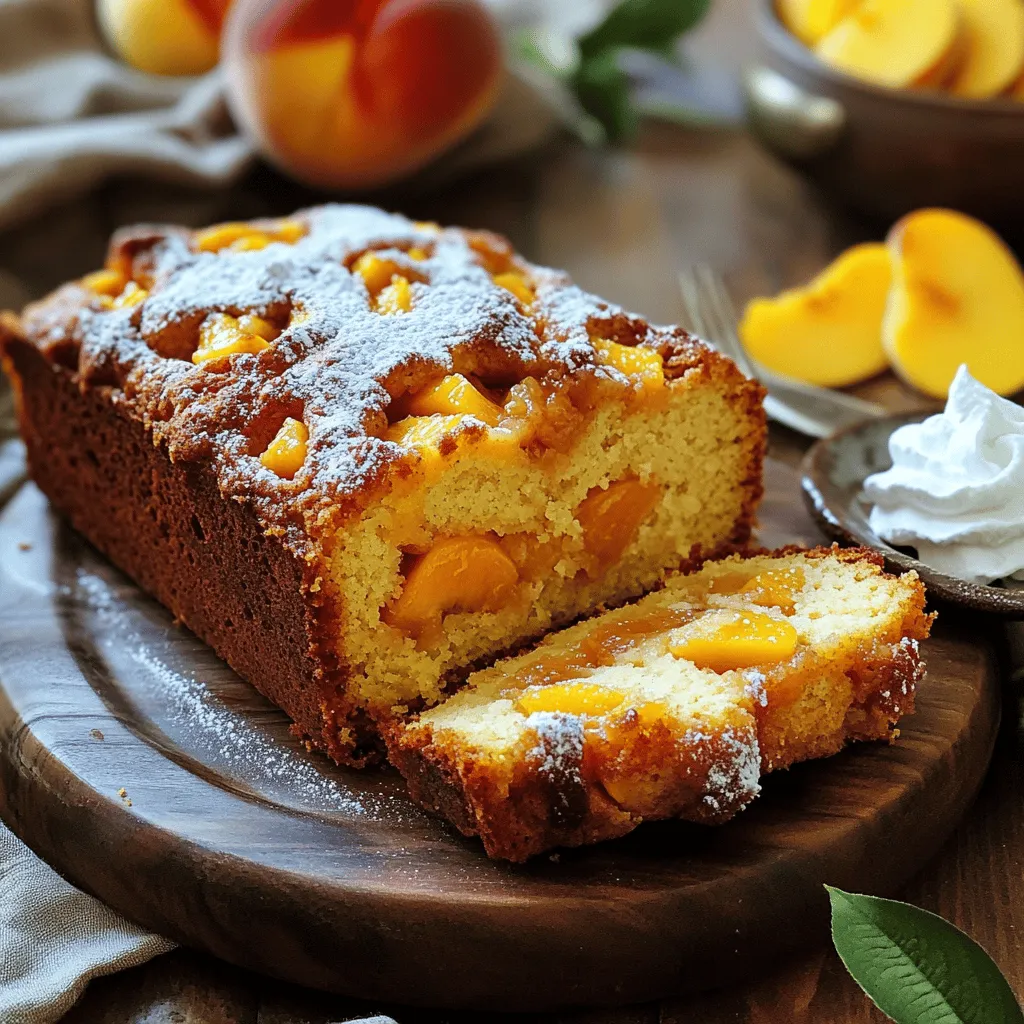 - 1 ½ cups all-purpose flour - 1 teaspoon baking powder - ½ teaspoon baking soda - ¼ teaspoon salt - ½ cup unsalted butter, softened - 1 cup granulated sugar - 3 large eggs - 1 teaspoon vanilla extract - ½ cup sour cream - 1 cup fresh peaches, peeled and diced (or canned peaches, drained) - 1 teaspoon cinnamon - 1 tablespoon brown sugar for topping To make a great Peach Cobbler Pound Cake, you need simple ingredients. Each one plays a key role in the flavor and texture. The all-purpose flour gives structure, while baking powder and baking soda help the cake rise. Butter and sugar create a rich, sweet base. Eggs add moisture and binding. Vanilla extract gives warmth, and sour cream keeps it tender. Don't forget the peaches! They add a juicy burst of flavor. Finally, cinnamon and brown sugar on top create a sweet crust. - Use Greek yogurt or buttermilk in place of sour cream. - Frozen peaches work well if fresh ones are not available. - For a gluten-free option, swap all-purpose flour with a gluten-free blend. You can make this cake your own. If you don’t have sour cream, Greek yogurt or buttermilk works nicely. If you love peaches but only have frozen ones, go ahead! They are just as tasty. If you're gluten-free, use a gluten-free flour blend. Your Peach Cobbler Pound Cake will still be delightful and delicious! For the full recipe, check the earlier section. 1. Preheat your oven to 350°F (175°C). This helps the cake rise well. 2. Grease and flour a 9x5 inch loaf pan. You can also use parchment paper. 3. In a medium bowl, mix together the all-purpose flour, baking powder, baking soda, and salt. Set this bowl aside for later. 1. In a large bowl, cream the softened butter and granulated sugar. Use an electric mixer for about 3-4 minutes. 2. Add the eggs one by one. Mix well after each egg. Then stir in the vanilla extract. 3. Next, mix in the sour cream. Ensure it blends well with the other ingredients. 4. Gradually add the dry mix to the wet mix. Mix on low speed until just combined. Do not overmix. 1. Gently fold in the diced peaches and cinnamon. This adds flavor and sweetness to your cake. 2. Pour the batter into the prepared loaf pan. Smooth out the top for an even bake. 3. Sprinkle the brown sugar on top. This gives a sweet crust when baked. 4. Bake in the oven for 55-65 minutes. Check if a toothpick comes out clean to know it’s done. Enjoy making this Peach Cobbler Pound Cake Delightful and Easy Recipe! For the complete guide, refer to the Full Recipe. To make your Peach Cobbler Pound Cake perfect, focus on mixing. Cream the butter and sugar well. This step adds air and helps the cake rise. Mix just until combined when you add dry ingredients. Overmixing can lead to a dense cake. Remember, ovens do vary. Check for doneness by inserting a toothpick. If it comes out clean, your cake is ready! For a lovely presentation, slice the cake and place it on a decorative plate. Garnish it with fresh peach slices. A dusting of powdered sugar can make it look fancy. Consider serving it with whipped cream or vanilla ice cream for extra delight. Pair the cake with sweet tea or coffee for a cozy treat! If your cake is too dry, try adding a bit more sour cream next time. This will give it moisture and richness. If your cake sinks, it may have been underbaked. Always check the center before removing it from the oven. Adjust your baking time if needed. With these tips, you can avoid common pitfalls and enjoy a delicious Peach Cobbler Pound Cake every time. Check the Full Recipe for all the details! {{image_2}} When it comes to peach cobbler pound cake, you can get creative. I love to explore different flavors, fruits, and cake styles. Here are some fun ideas for you. You can easily change the flavor of your cake. Here are two great ideas: - Adding nuts or chocolate chips: Chopped pecans or walnuts make a nice crunch. You can also mix in some chocolate chips for a sweet twist. - Different spices to enhance flavor: Try adding nutmeg or ginger. These spices can add depth and warmth to your cake. You can switch up the fruit in this cake, too. Here are some tasty alternatives: - Using different seasonal fruits like berries or apples: Blueberries, raspberries, or diced apples can be great. They add their unique flavor and texture. - How to adapt the recipe for different fruits: Simply replace peaches with your chosen fruit. Make sure to adjust the sugar based on the fruit's sweetness. You don’t have to stick to a loaf shape. These styles can be fun to try: - Turning it into cupcake form: Bake the batter in cupcake liners. This makes for easy serving and fun treats. - Cooking in a bundt pan versus a loaf pan: A bundt pan creates a lovely shape. It also gives you more surface area for that crispy topping. To keep your peach cobbler pound cake fresh, store it properly. If you have leftovers, let the cake cool completely. Then, wrap it tightly in plastic wrap or aluminum foil. You can also place it in an airtight container. This keeps the cake moist and flavorful. At room temperature, it lasts about 2 to 3 days. For longer storage, refrigerate it. In the fridge, it stays good for up to a week. You can also freeze the cake. Wrap it tightly, and it lasts up to 3 months in the freezer. If you stored the cake in the fridge, you can revive it easily. Preheat your oven to 350°F (175°C). Place the cake on a baking sheet. Heat it for about 10-15 minutes. This brings back its warm, fresh-baked flavor. If you froze the cake, thaw it in the fridge overnight before reheating. To heat, follow the same steps as for refrigerated cake. This way, you enjoy a moist and delicious slice just like fresh! This cake can last for about 3 to 5 days. Store it in an airtight container at room temperature. If you want it to last longer, you can refrigerate it. The fridge can keep the cake fresh for up to a week. For even longer storage, freeze the cake. Wrap it well in plastic wrap and foil to prevent freezer burn. It can stay good for about 2 to 3 months in the freezer. Yes, you can use frozen peaches. However, the texture might change. Frozen peaches often become softer when thawed. This can make the cake moister but also less firm. If you use frozen peaches, drain excess liquid before adding them to the batter. This helps keep the cake from becoming too soggy. The flavor will still be sweet and tasty, but fresh peaches give a better bite. Yes, this recipe can be made gluten-free. To do this, use a gluten-free all-purpose flour blend. Look for one that has xanthan gum included, as this helps with texture. You can also swap sour cream for a dairy-free yogurt if needed. Just check the labels for gluten and other allergens. With these changes, you can enjoy a peach cobbler pound cake that fits your diet! In this blog post, we discussed the essentials for making peach cobbler pound cake. You learned about key ingredients, step-by-step methods, and how to store leftovers. I offered tips for troubleshooting and variations to fit your taste. Remember, baking is all about experimenting and finding what you love. Enjoy creating your perfect cake, whether with fresh peaches or fun variations. Happy baking!