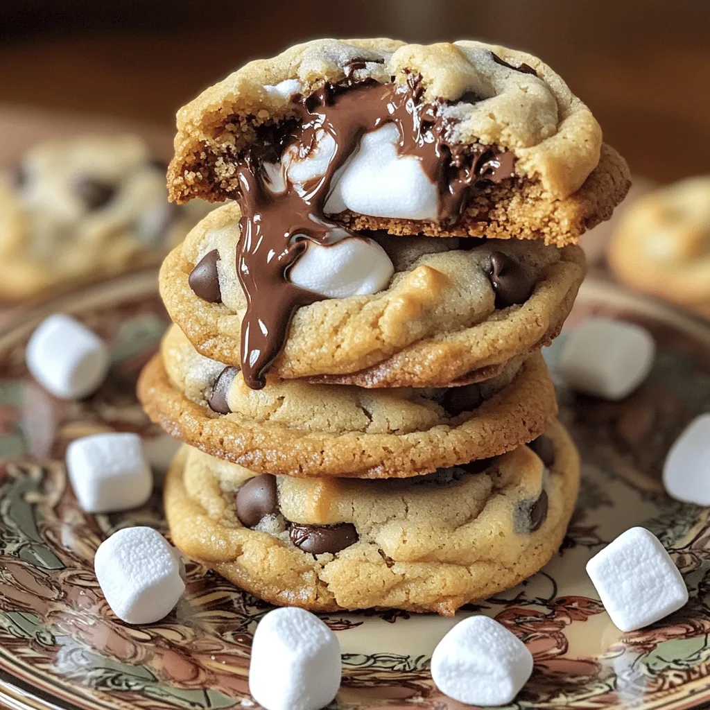 - Butter and Sugars - 1 cup unsalted butter, softened - 3/4 cup brown sugar, packed - 3/4 cup granulated sugar Butter is the key to rich, soft cookies. Brown sugar adds moisture and a hint of caramel. Granulated sugar gives that nice, sweet crunch. - Eggs and Flavoring - 1 large egg - 2 teaspoons vanilla extract The egg binds everything together. Vanilla adds a warm, sweet flavor that makes cookies taste great. - Dry Ingredients - 2 1/4 cups all-purpose flour - 1 teaspoon baking soda - 1/2 teaspoon salt Flour is the base of the dough. Baking soda helps cookies rise, while salt balances the sweetness. - Filling Elements - 1 cup chocolate chips (semi-sweet or milk chocolate) - 8-10 large marshmallows, halved - 8-10 squares of milk chocolate or chocolate bars - Graham cracker crumbs (for coating) Chocolate chips give each bite a melty surprise. Marshmallows create that s'mores experience. Milk chocolate adds sweetness, while graham cracker crumbs coat the cookies for that classic crunch. For the full recipe and steps, refer to the previous section. Enjoy making these delightful treats! 1. Preheat Oven and Prepare Baking Sheet Start by preheating your oven to 350°F (175°C). Line a baking sheet with parchment paper. This helps the cookies bake evenly and prevents sticking. 2. Creaming Butter and Sugars In a large bowl, mix the softened butter, brown sugar, and granulated sugar. Beat them together until the mixture is light and fluffy. This step adds air, making your cookies soft. 3. Combining Wet and Dry Ingredients In a separate bowl, whisk the flour, baking soda, and salt. Slowly add this dry mix into the wet mixture. Stir just until combined. Overmixing can lead to tough cookies, so be gentle! 1. Shaping the Dough and Filling Take about 2 tablespoons of dough and flatten it in your hand. Place a piece of chocolate and half a marshmallow in the middle. Wrap the dough around the filling and roll it into a ball. 2. Rolling in Graham Cracker Crumbs Roll each stuffed cookie ball in graham cracker crumbs. This gives your cookies that classic s'mores crunch. Place the coated balls on the prepared baking sheet, leaving space between each. 3. Baking the Cookies Pop the cookies into the oven and bake for 10-12 minutes. Look for golden edges. The centers may seem underbaked, but they will firm up as they cool. 1. Recommended Cooling Time Let the cookies cool on the baking sheet for about 5 minutes. This helps them set before moving. 2. Serving Suggestions For a fun presentation, stack the cookies on a decorative plate. Dust with extra graham cracker crumbs. You can also serve them with mini marshmallows for that extra touch! Enjoy your ooey-gooey treat! To get the best cookie texture, manage your dough consistency. The dough should be soft, but not sticky. If it feels too wet, add a little more flour—just one tablespoon at a time. Chilling your dough makes a big difference. I recommend chilling it for at least 30 minutes. This step helps the cookies hold their shape. Cold dough spreads less when baked, leading to thicker cookies. One common mistake is overmixing the dough. This can make your cookies tough. Mix until the ingredients are just combined. Another mistake is not leaving enough space on the baking sheet. The cookies need room to spread. Aim for about two inches between each cookie. This way, they won’t merge together. Pair these cookies with a scoop of vanilla ice cream. The warm cookie and cold ice cream create a delightful contrast. You can also get creative with presentation. Stack the cookies on a decorative plate. Dust them lightly with graham cracker crumbs. Add mini marshmallows for a fun touch. These ideas make your treat even more special! {{image_2}} You can switch up the fillings in your S'mores stuffed chocolate chip cookies for fun. - Different Types of Chocolate: Use dark chocolate, white chocolate, or even peanut butter cups. Each adds a unique taste and texture. I love using dark chocolate for a richer flavor. Milk chocolate offers a classic taste. - Using Nut Butters for a Twist: Instead of chocolate, try nut butters. Add a spoonful of creamy peanut butter or almond butter. This makes a chewy, nutty surprise in the center. You can also blend nut butter with chocolate for extra richness. Enhancing the flavor can make your cookies even better. - Adding Sea Salt or Caramel: A sprinkle of sea salt on top balances sweetness perfectly. You can also add caramel bits for a gooey treat. The salty-sweet combo is simply delightful. - Infusing with Extracts: Try adding different extracts like almond or orange for a twist. Just a few drops can change the cookie's flavor. It’s a simple way to make your cookies stand out. You can adapt this recipe to fit dietary needs. - Gluten-Free Options: Use gluten-free flour instead of all-purpose flour. This way, everyone can enjoy these cookies. Make sure to check that your chocolate is also gluten-free. - Vegan Substitutes: For a vegan version, swap butter with coconut oil or vegan butter. Use a flax egg instead of a regular egg. There are many great vegan chocolates available too. These variations let you play with flavors and make your S'mores stuffed chocolate chip cookies unique. For the full recipe, check the detailed instructions above. To keep your s'mores stuffed chocolate chip cookies fresh, follow these tips: - Short-Term Storage Tips: Store cookies in an airtight container at room temperature. They stay soft for about 3-5 days. You can also add a slice of bread to keep them moist longer. The bread absorbs excess air and helps maintain softness. - Long-Term Freezing Instructions: For longer storage, freeze the cookies. Place them in a single layer on a baking sheet. Once frozen, transfer them to a freezer bag. They can last up to 3 months. When ready to enjoy, let them thaw at room temperature. To refresh your cookies and bring back their gooey goodness, try these methods: - Best Methods for Refreshing Cookies: Preheat your oven to 350°F (175°C). Place the cookies on a baking sheet lined with parchment. Heat for about 5-7 minutes. This will warm them up and soften the chocolate. Alternatively, use a microwave. Heat for 10-15 seconds at a time. Be careful not to overheat, as they can become hard. For the full recipe, check the details provided. Enjoy your baking! To make your cookies chewy, use more brown sugar than white sugar. Brown sugar has more moisture. This helps keep the cookies soft. Another tip is to chill the dough before baking. Chilling the dough lets the cookies hold their shape better. Aim for a thicker dough ball when shaping. Yes, you can use different types of chocolate! Dark chocolate adds a rich flavor. You can also try white chocolate for a sweet touch. If you like nuts, mix in some chopped nuts with the chocolate. This adds texture and flavor. You will need some basic kitchen tools to make these cookies. Here’s a list: - Mixing bowls - Measuring cups and spoons - A whisk or electric mixer - Baking sheet - Parchment paper - Cooling rack These tools make the process easy and fun! Yes, you can make the dough ahead of time! Prepare the dough and then wrap it tightly. Store it in the fridge for up to three days. For longer storage, freeze the dough. Just make sure to thaw it completely before baking. Cookies may flatten if the dough is too warm. This can happen if you skip chilling. Another reason could be too much butter. Make sure to measure your ingredients carefully. If your cookies spread too much, try adding more flour to the dough. In this post, we explored all the key parts of baking delicious cookies. We covered the ingredients, mixing methods, and baking tips to ensure perfect results. Remember to chill your dough and manage space on the baking sheet to avoid common mistakes. You can try different fillings and flavors to make your cookies unique. Store them properly to keep them fresh. Now, you have all the tools to bake amazing cookies. Enjoy creating your treats and sharing them with others!