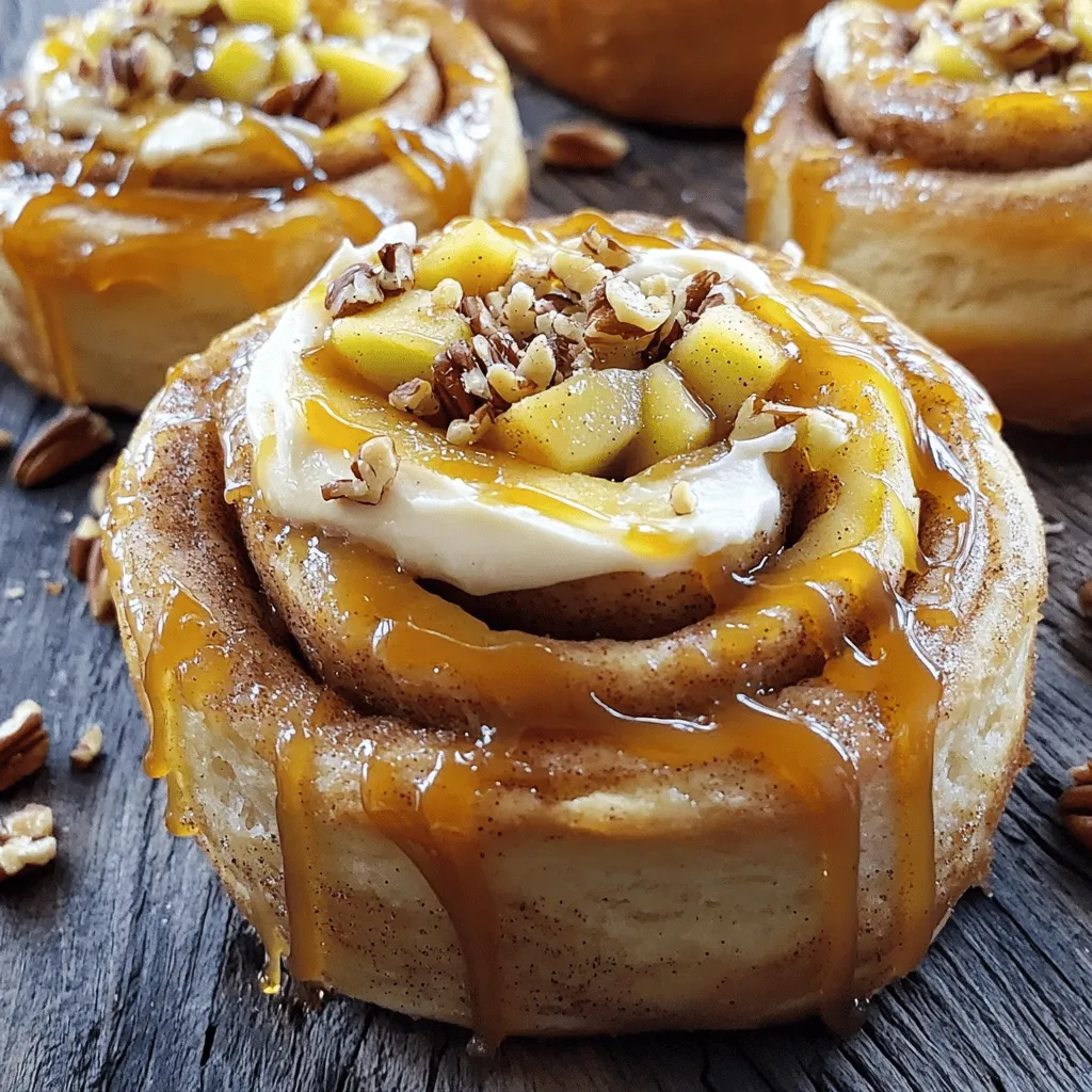 - 2 ¼ teaspoons active dry yeast - ½ cup warm milk (110°F/43°C) - ¼ cup granulated sugar - 1/3 cup unsalted butter, melted - 1 large egg - 1 teaspoon vanilla extract - 3 ¾ cups all-purpose flour - 1 teaspoon salt - 1 tablespoon ground cinnamon - 2 medium apples, peeled and diced (preferably Granny Smith) - 1 cup brown sugar, packed - ¼ cup caramel sauce (plus extra for drizzling) - ½ cup chopped pecans or walnuts (optional) - Cream cheese frosting (for topping, optional) Gather these ingredients before you start. The active dry yeast helps the rolls rise. Warm milk wakes up the yeast. Sugar adds sweetness, while butter gives richness. The egg and vanilla add flavor and moisture. The flour forms the base of the dough. Salt brings out the taste, and ground cinnamon gives that warm spice. Apples add a fruity bite. Brown sugar and caramel sauce create that delicious sticky sweetness. Lastly, nuts add crunch, but they are optional. Having everything ready makes baking smooth. You can find the Full Recipe for detailed steps later in this article. First, we need to activate the yeast. In a small bowl, mix ½ cup of warm milk (110°F) with 2 ¼ teaspoons of active dry yeast and 1 teaspoon of sugar. Let it sit for about 5-10 minutes. You want it to get frothy. This shows the yeast is alive. Next, in a large mixing bowl, combine ⅓ cup of melted unsalted butter, ¼ cup of granulated sugar, 1 large egg, and 1 teaspoon of vanilla extract. Add the frothy yeast mixture to this bowl and mix well. Now, gradually add 3 ¾ cups of all-purpose flour and 1 teaspoon of salt. Stir until a soft dough forms. Knead the dough on a floured surface for about 5-7 minutes. You should aim for a smooth and elastic texture. Place the kneaded dough in a greased bowl. Cover it with a towel. Let it rise in a warm place. This should take about 1 hour or until the dough doubles in size. Once the dough has risen, punch it down. Roll it out on a floured surface into a rectangle about 16x12 inches. In a small bowl, mix 1 cup of brown sugar and 1 tablespoon of ground cinnamon. Spread melted butter over the rolled dough. Then sprinkle the cinnamon-sugar mixture all over. Add 2 medium apples, peeled and diced, evenly on top. You can also sprinkle ½ cup of chopped nuts if you like. Now, starting from one long edge, roll the dough tightly. Cut this log into 12 equal pieces. Place these pieces in a greased baking dish. Before baking, drizzle some caramel sauce over the top of the rolls. Cover them with a towel and let them rise again for about 30 minutes. Preheat your oven to 350°F (175°C). Bake the rolls for 25-30 minutes. You want them golden brown. Once baked, let them cool a bit. Drizzle with extra caramel sauce and cream cheese frosting if you wish. You can find the Full Recipe for more details. To make great cinnamon rolls, start by activating your yeast. Mix warm milk, a bit of sugar, and the yeast in a bowl. Let this sit for 5-10 minutes. When it’s frothy, your yeast is ready. This step helps the rolls rise well. Rolling your dough evenly is key. After the dough rises, punch it down and roll it out into a rectangle. Aim for about 16x12 inches. Use a light touch to avoid tearing. This ensures that each roll has the same filling. When serving your cinnamon rolls, pair them with a warm drink. Coffee or spiced cider works well. These drinks enhance the flavors of the rolls. For the caramel drizzle, warm the sauce slightly. This makes it easier to drizzle over the rolls. Use a spoon or squeeze bottle for better control. If you like, add cream cheese frosting on top for extra sweetness. If you need a gluten-free option, try using a gluten-free flour blend. Many brands work well in baking. Just be sure to check the ratio. For a dairy-free version, swap out the butter and milk. Use coconut oil for butter and almond or oat milk instead. These alternatives keep the rolls moist and tasty while fitting your dietary needs. For the full recipe, check out the Caramel Apple Cinnamon Rolls recipe. {{image_2}} You can easily change the taste of your caramel apple cinnamon rolls. Add different fruits like pears or berries for a fresh twist. Pears give a sweet, soft bite, while berries add a tart flavor. You can also mix in nuts like walnuts or pecans for a crunchy texture. Spice lovers can add a pinch of nutmeg or cardamom to the filling. This adds warmth and depth to every bite. While cream cheese frosting is a classic choice, you can get creative with glazes. Try a maple icing for a sweet, fall-inspired flavor. For chocolate lovers, melt dark or white chocolate to drizzle on top. You can even use flavored caramel, like sea salt or vanilla, to enhance the sweetness. Each glaze gives your rolls a unique taste, so don’t hesitate to experiment. During fall, you may want to add pumpkin puree to the dough for a seasonal treat. A sprinkle of nutmeg or cloves will make them even more festive. For the holidays, top your rolls with crushed candy canes or colored sprinkles for a fun look. These seasonal twists let you enjoy caramel apple cinnamon rolls all year round! For the complete recipe, check out the [Full Recipe]. To keep your caramel apple cinnamon rolls fresh, use these tips: - Cool the rolls: Let them cool completely before storing. - Wrap tightly: Use plastic wrap or foil to cover the rolls. This keeps them moist. - Use an airtight container: Place wrapped rolls in a container to prevent air exposure. Refrigerating vs. Freezing: - Refrigerate: Store in the fridge for up to 4 days. The cold slows spoilage but may dry them out. - Freeze: For longer storage, freeze them for up to 3 months. Wrap each roll tightly and place them in a freezer bag. When you’re ready to enjoy your rolls again, follow these methods: - Oven method: Preheat your oven to 350°F (175°C). Place rolls on a baking sheet. Heat for about 10-15 minutes until warm. - Microwave method: Place a roll on a plate. Cover it with a damp paper towel. Heat for 20-30 seconds. Check if it’s warm, and repeat if needed. Timing and temperature: Always check the rolls to avoid drying them out. Enjoy warm, gooey goodness without losing flavor! Yes, you can make the dough ahead of time. This is great for busy days. After kneading, place the dough in a greased bowl. Cover it tightly with plastic wrap. You can store it in the fridge for up to 24 hours. When you are ready, take it out and let it rise until it doubles in size. This method saves you time and keeps the dough fresh. The rolls are done when they turn golden brown. You can also use a toothpick to check. Insert it into the center of a roll; it should come out clean. Another sign is the smell! Your kitchen will smell amazing when they are ready. Let them cool slightly before serving for the best taste. If you dislike apples, many other fruits work well. Pears are a tasty option with a similar texture. You can also try berries like blueberries or raspberries. For a tropical twist, use diced pineapple. For a nutty flavor, add chopped dates or figs. These alternatives can create unique and delightful rolls! You can find the full recipe to explore these options further. You now have a complete guide to making delicious caramel apple cinnamon rolls. We covered essential ingredients, step-by-step instructions, and tips for perfect results. Remember to keep your yeast fresh and enjoy the rising process. Feel free to get creative with flavors and toppings. Storing and reheating your rolls correctly will keep them tasty. Making these treats can bring joy and warmth, whether for a special occasion or a cozy day at home. Enjoy your baking journey!