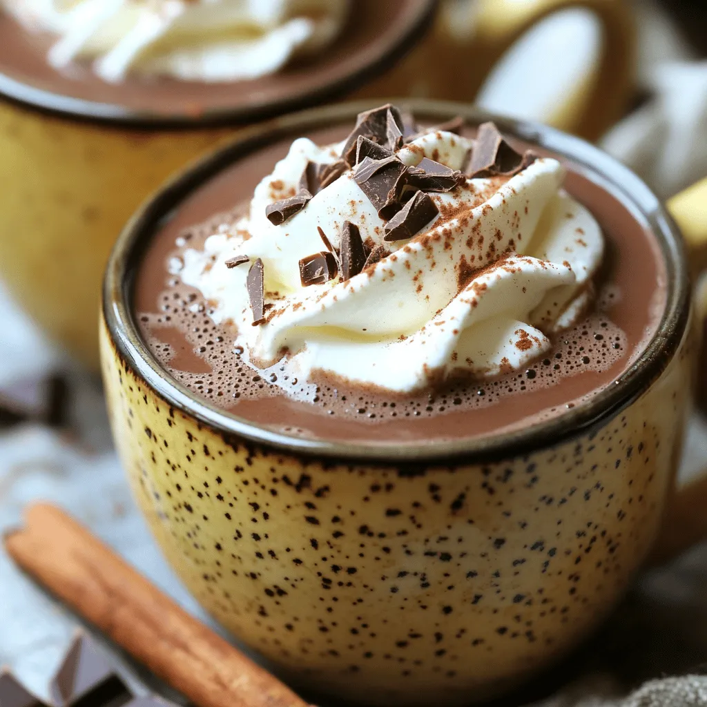 - 4 cups whole milk - 2 cups heavy cream - 1 cup semi-sweet chocolate chips - 1 cup unsweetened cocoa powder - 1/2 cup granulated sugar - 1 teaspoon vanilla extract - 1/2 teaspoon salt - Whipped cream and chocolate shavings for topping (optional) For a dairy-free option, use almond milk or coconut cream instead of whole milk and heavy cream. You can also try oat milk for a creamy texture. For sweetness, consider using maple syrup or stevia as sugar substitutes. This way, you can enjoy a healthier version without losing the rich taste. Try these swaps to suit your needs. Enjoying hot chocolate should fit your lifestyle! If you're curious about the full recipe, check out the Crockpot Dreamy Hot Chocolate. 1. In a large crockpot, combine 4 cups of whole milk and 2 cups of heavy cream. Stir well to mix. 2. Next, add 1 cup of semi-sweet chocolate chips and 1 cup of unsweetened cocoa powder to the crockpot. Then, add 1/2 cup of granulated sugar and 1/2 teaspoon of salt. This mix gives the hot chocolate its rich taste. 3. Turn on the crockpot and set it to low heat. Let the mixture heat for about 1 hour. 4. Stir the mixture every 15 minutes. This helps the chocolate melt evenly and blend well. 5. Once it's ready, pour your hot chocolate into mugs. Top each mug with whipped cream and chocolate shavings for a nice touch. You can also add a cinnamon stick for extra flavor. 6. Serve your hot chocolate warm. It tastes best when hot, so use sturdy mugs to hold the heat well. For the full recipe, check out the detailed cooking steps and ingredient list. To make your hot chocolate just right, you can adjust the sweetness and creaminess. If you want it sweeter, add more sugar. Taste as you go so you find the right balance. For creaminess, add more heavy cream. This will make it richer and smoother. Cooking times also matter. If you want a thicker hot chocolate, let it cook longer. After mixing everything, simmer on low for at least 30 minutes. This helps the flavors blend and thicken the drink. Using the right crockpot makes a difference. A slow cooker with a large capacity is best. Look for one that has a low setting. This allows the chocolate to melt evenly without burning. For mixing, a sturdy whisk is essential. It helps blend the chocolate and milk smoothly. A ladle is great for serving, too. It makes pouring easy and mess-free. Be careful with hot liquids to avoid burns. Always use oven mitts when handling the crockpot. The sides can get very hot. When serving, pour slowly to prevent spills. After cooking, let the crockpot cool for a bit. This makes it safer to handle. Always place it on a heat-safe surface to protect your counters. {{image_2}} You can change up your hot chocolate in fun ways. Add peppermint extract for a fresh taste. It gives a nice holiday vibe. A drizzle of caramel syrup brings a sweet twist. You can also create a spicy version. Just add a pinch of cayenne or chili powder. This adds warmth and heat to your drink. Both options make your hot chocolate even more exciting! If you want a vegan hot chocolate, swap the milk and cream. Use almond milk or oat milk instead. Coconut cream works great, too, for a rich texture. Check labels to ensure your chocolate chips are dairy-free. For gluten-free friends, this recipe is safe! Just make sure your cocoa powder and sugar are certified gluten-free. Hot chocolate is fun to dress up! Add marshmallows for a classic touch. Toffee pieces add crunch and sweetness. Nuts, like crushed almonds or hazelnuts, give a nice texture. You can also think about gifts. Fill jars with hot chocolate mix and toppings. Tie them with a ribbon for a sweet holiday gift. It’s a perfect way to share the joy of hot chocolate! To store leftover hot chocolate, let it cool first. Pour it into a clean container. Seal the container tightly. Place it in the fridge. It will stay fresh for about three days. For reheating, use a pot on low heat. Stir often to keep it smooth. You can also microwave it. Heat in short bursts, stirring in between. Yes, you can freeze hot chocolate! It’s great for later use. Pour the cooled hot chocolate into freezer-safe bags or containers. Leave some space for expansion. It can last for up to two months. To make freezer-friendly batches, divide into servings. This makes it easy to thaw just what you need. The best storage containers are glass jars or BPA-free plastic containers. Both are safe and keep flavors fresh. Make sure the container is airtight. Label each container with the date. This helps you track freshness. Store hot chocolate in a cool, dark place if you don't plan to eat it soon. To reheat leftover hot chocolate, use a stovetop or microwave. For the stovetop, pour the hot chocolate into a pot. Heat it on low, stirring often. This helps keep the texture smooth and the flavor rich. You can also use a microwave. Place hot chocolate in a microwave-safe mug. Heat in short bursts of 30 seconds, stirring in between. This method warms it without overheating. Always check the temperature before serving to avoid burns. Yes, you can make this recipe in advance. Prepare the hot chocolate and let it cool. Store it in a sealed container in the fridge. When you’re ready to serve, simply reheat it. This is great for parties or gatherings. To save time, you can make it a day ahead. Just remember to stir well before serving. This keeps it creamy and delicious. You can make hot chocolate on the stovetop or in the microwave. For the stovetop, combine all ingredients in a pot. Heat over medium-low heat, stirring often until smooth. For microwave preparation, mix all ingredients in a microwave-safe bowl. Heat in 30-second intervals, stirring in between until melted and smooth. Both methods give you rich hot chocolate without a crockpot. This post covered how to make rich and creamy hot chocolate in a crockpot. You learned about the key ingredients and their alternatives, along with step-by-step instructions. The tips and tricks help you perfect your drink every time. Don’t forget the fun variations and how to store any leftovers. Enjoy experimenting with flavors or adapting the recipe to fit dietary needs. Each sip should warm your heart and home. Dive into your hot chocolate journey today!