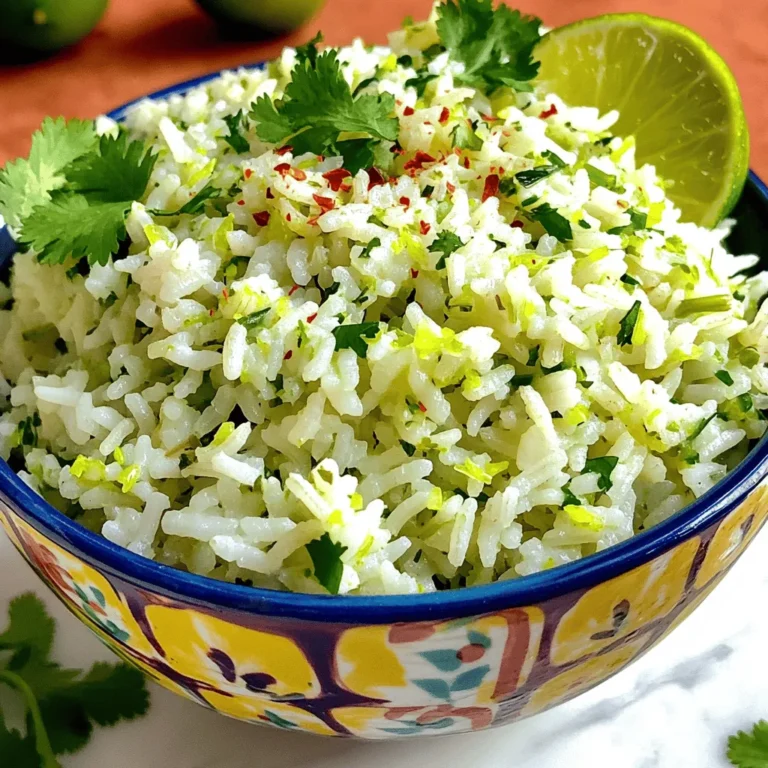 - 1 cup long-grain white rice - 2 cups vegetable broth or water - 1/4 cup fresh cilantro, finely chopped - 2 tablespoons lime juice (freshly squeezed) - 1 tablespoon olive oil - 1 clove garlic, minced - 1/2 teaspoon salt - Zest of 1 lime - Optional: 1/4 teaspoon crushed red pepper flakes for a kick I love making cilantro lime rice because it adds a burst of flavor to any meal. The key ingredients make this dish pop! Long-grain white rice serves as the base. You can choose vegetable broth or water for cooking. Both work well, but broth adds more taste. Fresh cilantro brings bright, herbal notes that elevate the dish. Lime juice and lime zest give a zesty kick that brightens the flavors. Olive oil adds richness. Minced garlic enhances the taste, creating a lovely aroma as it cooks. Don't forget salt to bring all the flavors together. For those who like some heat, consider adding red pepper flakes. These optional ingredients can take this rice to the next level. I find that fresh ingredients make a huge difference. They not only taste better but also make your meal look inviting. If you want to see the full process, check out the Full Recipe. 1. Start by rinsing 1 cup of long-grain white rice. Place it in a fine sieve and run cold water over it until the water runs clear. This step helps remove excess starch. 2. Next, take a medium saucepan. Add the rinsed rice and 2 cups of vegetable broth or water. Bring the mixture to a boil over medium heat. 3. Once it boils, turn the heat down to low. Cover the saucepan and let it simmer for 18-20 minutes. The liquid should be fully absorbed, and the rice should be tender when done. 1. While the rice cooks, heat 1 tablespoon of olive oil in a small skillet over medium heat. 2. Add 1 minced clove of garlic and sauté it for about 1 minute. You want it to be fragrant, but don’t let it brown. 3. Remove the skillet from heat. Stir in 1/4 cup of finely chopped cilantro, 2 tablespoons of fresh lime juice, and the zest of 1 lime. If you like a kick, add 1/4 teaspoon of crushed red pepper flakes. 1. When the rice is cooked, remove the saucepan from heat. Let it sit for 5 minutes. Then, fluff the rice with a fork. 2. Gently fold in the cilantro-lime mixture. Mix until all the flavors blend well. 3. Taste the rice and adjust the seasoning with salt if needed. This cilantro lime rice recipe is simple yet packed with flavor. You can find the full recipe above. Enjoy! Rinsing rice is key. You want to wash off the extra starch. This helps the rice stay fluffy. Rinse the rice under cold water until it runs clear. This simple step makes a big difference. Timing is also important. Cook the rice over medium heat until it boils. Then, lower the heat and cover it. Let it simmer for 18-20 minutes. This ensures the rice absorbs all the liquid. If you lift the lid too soon, steam escapes. Keep the lid closed for the best results. Using fresh ingredients makes your dish shine. Fresh cilantro and lime juice bring bright flavors. They add a zesty taste that pairs well with the rice. Always use freshly squeezed lime juice. It makes a noticeable difference. Want a bit of heat? Add crushed red pepper flakes. Just a sprinkle will do! It enhances the flavor without overpowering it. You can adjust the amount to fit your taste. This little trick makes the rice even more exciting. For the full recipe, check the section above. Enjoy your flavorful cilantro lime rice! {{image_2}} Want to switch things up? You can use brown rice or quinoa instead of white rice. Brown rice adds a nutty taste and more fiber. Quinoa is protein-rich and gluten-free. Both options are healthy and tasty. You can also try different herbs or citrus. Instead of cilantro, try parsley or basil. For citrus, you can use lemon or orange juice. Each swap gives a new flavor that can surprise your guests. Cilantro lime rice pairs well with many main dishes. It complements grilled chicken, fish tacos, or spicy shrimp. The rice adds a bright flavor that balances rich or spicy foods. For serving ideas, you can create a colorful bowl. Add black beans, corn, and diced avocado for a fun twist. You can also serve the rice in a lettuce wrap, topping it with your favorite proteins. For more details, you can check the Full Recipe. To store cilantro lime rice, first cool it to room temperature. Cooling quickly helps keep the rice fresh. Spread it out on a baking sheet for faster cooling. Use airtight containers for storage. Glass containers work well, as do plastic ones. Make sure the lid seals tightly to keep moisture out. Store the rice in the fridge for up to four days. For longer storage, freeze it. When reheating, use a method that keeps the rice moist. The microwave is quick and easy. Add a splash of water and cover with a damp paper towel. Heat for 1-2 minutes, stirring halfway through. You can also reheat on the stove. Place the rice in a pan with a little water. Heat over low heat, stirring gently until warm. Leftovers can stay fresh in the fridge for about four days. If frozen, use within three months for the best flavor. How to make cilantro lime rice from scratch? To make cilantro lime rice from scratch, you need just a few ingredients. Start with 1 cup of long-grain white rice. Rinse it well. Use 2 cups of vegetable broth or water to cook the rice. After the rice is cooked, mix in 1/4 cup of fresh cilantro, 2 tablespoons of lime juice, and some lime zest. You can find the Full Recipe to help you along the way. Can I use dried cilantro instead of fresh? You can use dried cilantro, but it does not taste the same. Fresh cilantro gives a bright flavor. If you use dried, use less. About 1 tablespoon should work. Remember, dried herbs are more potent than fresh ones. What is the best way to serve cilantro lime rice? Serve cilantro lime rice warm in a nice bowl. You can add extra cilantro leaves and a lime wedge on the side. This adds a pop of color and flavor. It pairs well with grilled chicken or fish, tacos, and salads. How do I make cilantro lime rice vegan or gluten-free? Cilantro lime rice is already vegan and gluten-free. Just use vegetable broth instead of chicken broth. This keeps the dish plant-based and safe for gluten-free diets. Enjoy this healthy side dish with your favorite meals! Cilantro lime rice is fresh, tasty, and easy to make. We covered ingredients, step-by-step cooking, tips for perfect rice, and fun variations. Fresh cilantro and lime juice make this dish shine. You can swap in brown rice or quinoa if you prefer. Store it well, and reheating is simple. Try serving it with your favorite main dishes for a complete meal. I hope you feel ready to make this flavorful side dish at home. Enjoy your cooking adventure!