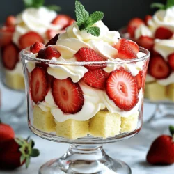 - 2 cups fresh strawberries - 1 cup heavy whipping cream - 1 cup mascarpone cheese - 3 tablespoons sugar (divided) - 1 tablespoon powdered sugar - 12 ounces store-bought vanilla sponge cake or pound cake, cubed - Fresh mint leaves for garnish (optional) To create a yummy Strawberry Shortcake Trifle, start with fresh ingredients. The strawberries should be ripe, sweet, and juicy. You will need two cups of fresh strawberries, hulled and sliced. The heavy whipping cream makes the trifle light and airy, so grab one cup. The mascarpone cheese gives a rich and creamy texture, so don’t skimp on the full cup. Next, gather your dry ingredients. You will need three tablespoons of sugar, divided into two portions. One tablespoon of powdered sugar adds sweetness to the cream and helps it hold its shape. For the base, you can use 12 ounces of store-bought vanilla sponge cake or pound cake. It should be cubed into bite-sized pieces. If you want a touch of color and freshness, consider adding fresh mint leaves for garnish. This simple addition can elevate your trifle’s look. For the full recipe, check the detailed instructions for making this delightful dessert. First, take 2 cups of fresh strawberries. Hull and slice them. In a medium bowl, combine the sliced strawberries with 1 tablespoon of sugar. Toss gently to coat. Let the strawberries sit for about 15 minutes. This step helps draw out their juicy goodness. Next, grab 1 cup of heavy whipping cream. In a new bowl, whip the cream using a mixer on medium speed. Stop when it begins to thicken. Now, add 1 teaspoon of vanilla extract and 1 tablespoon of powdered sugar. Keep whipping until you see soft peaks. Be careful not to over-whip; you want creamy perfection. Now, take 1 cup of mascarpone cheese. In a separate bowl, mix it with the remaining 2 tablespoons of sugar. Stir until it's smooth and creamy. Then, fold in half of the whipped cream. Do this gently so you keep that light, fluffy texture. Time to build your trifle! In a glass trifle dish or individual cups, layer one-third of the cubed sponge cake at the bottom. Spoon some of the macerated strawberries over the cake. Then, add a layer of the mascarpone mixture. Repeat this layering twice more. Finish with a final layer of whipped cream on top. Finally, chill your trifle in the refrigerator for at least 30 minutes. This cooling time helps meld the flavors together. For a nice touch, you can garnish with fresh strawberry slices and a sprig of mint on top before serving. This dessert is a feast for the eyes and the stomach! For the full recipe with exact measurements, check the [Full Recipe]. To make the best whipped cream, avoid over-whipping. Whipping too long can turn cream into butter. Aim for soft peaks, which means the cream holds its shape but is still smooth. Start at medium speed and watch closely. When you see ripples forming, slow down and check often. You can switch up fruits for fun! Try using blueberries or raspberries instead of strawberries. These berries add different flavors and colors. If you need gluten-free options, use a gluten-free cake. Many great brands make gluten-free sponge or pound cakes that work well. For a lovely presentation, serve your trifle in clear glass cups. Everyone will see those beautiful layers. Use tall glasses to show off the height of your treat. You can also use a trifle dish for a stunning centerpiece at gatherings. The clear sides let guests admire your work before they dig in! {{image_2}} You can change the base of your trifle to fit your taste. - Homemade cakes: Baking your own vanilla sponge cake makes it fresh and tasty. - Store-bought: If you’re short on time, store-bought cakes work perfectly. - Gluten-free options: You can use gluten-free cake to make this dessert for everyone. Adding extra flavors can take your trifle to the next level. - Citrus zest: Just a bit of lemon or orange zest adds a bright zing. - Extracts: Consider almond or coconut extracts for a unique twist. Garnishes add a special touch to your trifle. - Herbs: Try adding fresh basil for a surprising flavor contrast. - Chocolate shavings: A sprinkle of chocolate can make it even more indulgent. These variations let you customize the Strawberry Shortcake Trifle to your liking. Check out the Full Recipe for guidance on making this delightful treat. To keep your Strawberry Shortcake Trifle fresh, store it in the fridge. Use an airtight container or cover it tightly with plastic wrap. This method helps keep the layers intact and prevents drying out. Make sure the dessert is cool before sealing it. This will help avoid condensation, which can make it soggy. In the fridge, your trifle lasts about 3 days. After this, it may lose flavor and texture. Look for signs of spoilage. If the cream appears watery or the strawberries turn mushy, it’s time to toss it. Freshness is key for this dessert’s delightful taste. You can freeze the trifle, but it’s not ideal. Freezing changes the texture of the cream and strawberries. If you choose to freeze it, wrap individual portions tightly in plastic wrap, then place them in a freezer bag. To thaw, move it to the fridge overnight. This helps preserve some of the texture, but it may not be as good as fresh. Enjoy the full recipe for a delightful treat! Yes, you can make this trifle ahead of time. It tastes even better after chilling. I suggest making it a few hours in advance. If you want the best flavor, chill it overnight. Just keep it covered in the fridge. This helps the flavors mix well. If you can’t find mascarpone, use cream cheese instead. Mix it with some heavy cream for a similar texture. Another option is to use ricotta cheese. Blend it well with sugar for sweetness. These alternatives work great in this recipe. To ripen strawberries fast, place them in a bowl with other fruits. Bananas or apples release ethylene gas. This gas helps fruits ripen. Choose firm strawberries and store them in a warm spot. Check them daily to see if they are ready. In this post, I shared how to make a delicious Strawberry Shortcake Trifle. You learned about fresh and dry ingredients, like strawberries and mascarpone cheese. I also detailed each step, from whipping cream to layering the trifle. Remember the tips for perfect whipped cream, and feel free to try different flavors and fruits. With the right care, your trifle can be a star dessert. Enjoy your creation, and don’t hesitate to experiment with your own ideas!