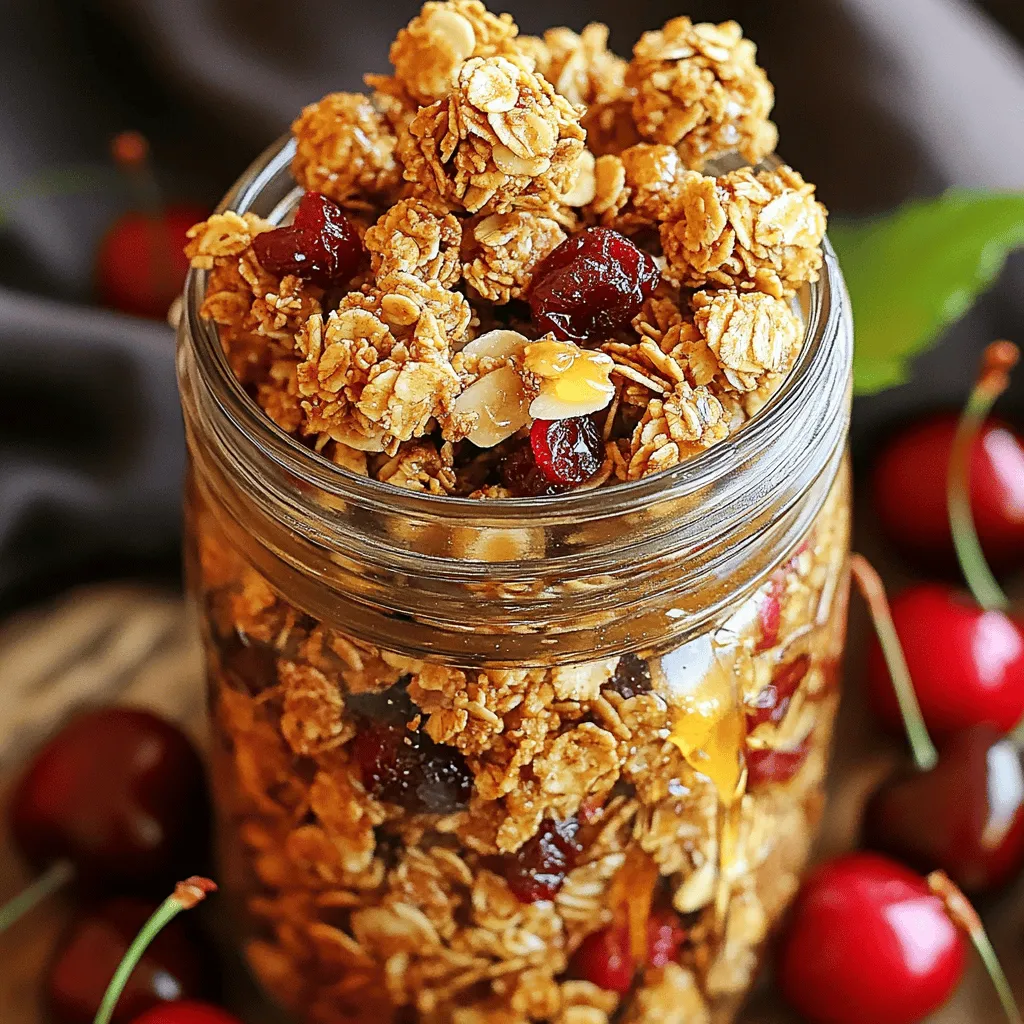You need simple, wholesome ingredients for Cherry Almond Granola Clusters. Here's what you'll need: - 2 cups rolled oats - 1 cup almonds, chopped - 1/2 cup dried cherries, roughly chopped - 1/4 cup honey or maple syrup - 1/4 cup almond butter - 1/2 teaspoon vanilla extract - 1/2 teaspoon ground cinnamon - 1/4 teaspoon salt These ingredients come together to create a tasty and filling snack. The oats provide fiber. Almonds add healthy fats and protein. Cherries give a sweet, tangy punch. You can easily change the flavor of your granola clusters. Here are some fun options: - 1/4 cup mini chocolate chips - 1/4 cup sunflower seeds - 1/2 cup coconut flakes - A pinch of nutmeg These add-ins can make your snack even more exciting. Mix and match to find your favorite combo! Let's look at the nutrition of each main ingredient: - Rolled oats: Great for energy and digestion. - Almonds: Provide protein and healthy fats. - Dried cherries: Offer vitamins and antioxidants. - Honey or maple syrup: Adds natural sweetness. - Almond butter: Gives healthy fats and flavor. - Vanilla extract: Enhances taste without extra calories. - Ground cinnamon: Adds flavor and potential health benefits. - Salt: Balances sweetness. This recipe is a great source of energy. It helps keep you full. Plus, you can enjoy the benefits of each ingredient. For the full recipe, check out the steps above! To start, gather your ingredients. You will need rolled oats, chopped almonds, dried cherries, honey or maple syrup, almond butter, vanilla extract, ground cinnamon, salt, and optional chocolate chips. 1. First, preheat your oven to 350°F (175°C). Line a large baking sheet with parchment paper. This helps prevent sticking. 2. In a large bowl, mix the rolled oats, chopped almonds, ground cinnamon, and salt. Stir until well blended. 3. Next, in a small saucepan over low heat, combine honey or maple syrup with almond butter. Stir until melted and mixed. Remove from heat and add vanilla extract. Mix well. 4. Pour the warm almond butter mixture over the oat mixture. Stir until all dry ingredients are coated evenly. 5. Gently fold in the chopped dried cherries and chocolate chips if you want a sweet twist. Now it's time to bake. 1. Transfer the mixture to the prepared baking sheet. Press it down firmly into an even layer. This helps form nice clusters during baking. 2. Bake in the preheated oven for 20-25 minutes. Watch for golden brown edges, which mean your clusters are ready. 3. Once done, remove the baking sheet from the oven. Allow the granola to cool completely on the sheet. It will harden more as it cools. After cooling, let's talk about storage. 1. Once cooled, break the granola into clusters. The size is up to you! 2. Store the clusters in an airtight container. This keeps them fresh for longer. 3. For extra crunch, enjoy them right away or within a week. For the full recipe, refer to the Cherry Almond Granola Clusters. Enjoy your healthy snack! To make your Cherry Almond Granola Clusters crunchy, use rolled oats. They create a great base. Press the mixture firmly on the baking sheet. This helps form big clusters. Bake until the edges turn golden brown. Let the granola cool completely before breaking it apart. It will harden and become crisp as it cools. You need a few tools for this recipe. First, a large mixing bowl is key for combining ingredients. A small saucepan helps melt the almond butter and syrup. Use a baking sheet lined with parchment paper for easy cleanup. A spatula is perfect for mixing and pressing the granola. Finally, an airtight container keeps your clusters fresh. One common mistake is not measuring ingredients. This can change the taste and texture. Another mistake is not pressing the mixture down enough. If you don’t, the clusters will fall apart. Remember to let the granola cool completely before breaking it. If you rush this step, you may end up with crumbs instead of clusters. For the full recipe, check the earlier section. {{image_2}} You can easily switch up the flavors in your Cherry Almond Granola Clusters. Use different nuts, like walnuts or pecans. Swap dried cherries for cranberries or raisins. You can even add seeds like pumpkin or sunflower for a crunchy twist. Each change gives your granola a unique taste. Making this recipe vegan is simple. Just use maple syrup instead of honey. For a gluten-free version, ensure your oats are labeled gluten-free. This way, everyone can enjoy these tasty clusters. You can also use almond butter from brands that guarantee no cross-contamination. Want to add more nutrition? Toss in some dried apricots or figs for sweetness. You can also add chopped dates for extra fiber. If you love nuts, try adding cashews or hazelnuts. This not only boosts flavor but also adds healthy fats. Each ingredient you add makes your snack even better and more satisfying. For the full recipe, check out the detailed instructions above! To keep your cherry almond granola clusters fresh, store them in an airtight container. This will help keep moisture out and maintain crunchiness. I recommend glass jars or plastic containers with tight lids. Keep the clusters in a cool, dry place. Avoid heat and sunlight, as they can make your granola soggy. If you want to keep your granola fresh for a longer time, consider adding a piece of bread or a few apple slices to the container. This helps absorb excess moisture. Just replace the bread or fruit every few days. It's a simple trick that works wonders! You can freeze your cherry almond granola clusters for longer storage. First, let them cool completely. Then, place them in a freezer-safe bag or container. Remove as much air as possible to prevent freezer burn. Label the bag with the date. You can freeze them for up to three months. When you want to enjoy them, just thaw them at room temperature. They’ll taste just as good! For the full recipe, check out the earlier section. Cherry Almond Granola Clusters are tasty snacks made from oats, nuts, and dried fruit. They combine the nutty flavor of almonds with the sweet taste of cherries. These clusters are crunchy and perfect for breakfast or a snack. They are also packed with healthy ingredients, making them a smart choice for any time of day. To make Cherry Almond Granola Clusters from scratch, follow a simple recipe. Here are the key steps: - Preheat the oven to 350°F (175°C). - Mix rolled oats, chopped almonds, and dried cherries in a bowl. - Heat honey and almond butter until melted, then add vanilla. - Pour the mixture over the dry ingredients and stir well. - Press the mix onto a baking sheet. - Bake for 20-25 minutes until golden. - Let cool, then break into clusters. You can find the full recipe for more details. Yes, you can customize the flavor of your granola clusters. Feel free to add different nuts, seeds, or dried fruits. You might try walnuts, pecans, or pumpkin seeds for crunch. For added sweetness, consider mixing in coconut, maple syrup, or cinnamon. This makes each batch unique and fun to create. You can buy Cherry Almond Granola Clusters at grocery stores or online. Many health food stores carry them in bulk. You can also find them in the snack aisle or the organic section. Look for brands that focus on natural ingredients for the best quality. Homemade granola clusters can last up to two weeks. Store them in an airtight container to keep them fresh. If you want to keep them longer, consider freezing them. Just make sure to use a freezer-safe bag or container. This way, you can enjoy your clusters even after a while. Cherry almond granola clusters are simple to make and fun to enjoy. You learned the essential ingredients and how to prepare tasty clusters. The steps to bake them are easy, and my tips will help you avoid common mistakes. Remember, you can switch ingredients for unique flavors or make them vegan and gluten-free. Storing your granola properly keeps it fresh. Use the tips shared to make the most of your tasty treat. Now, it’s time to create your own batch of granola clusters! Enjoy every bite and share them with friends.