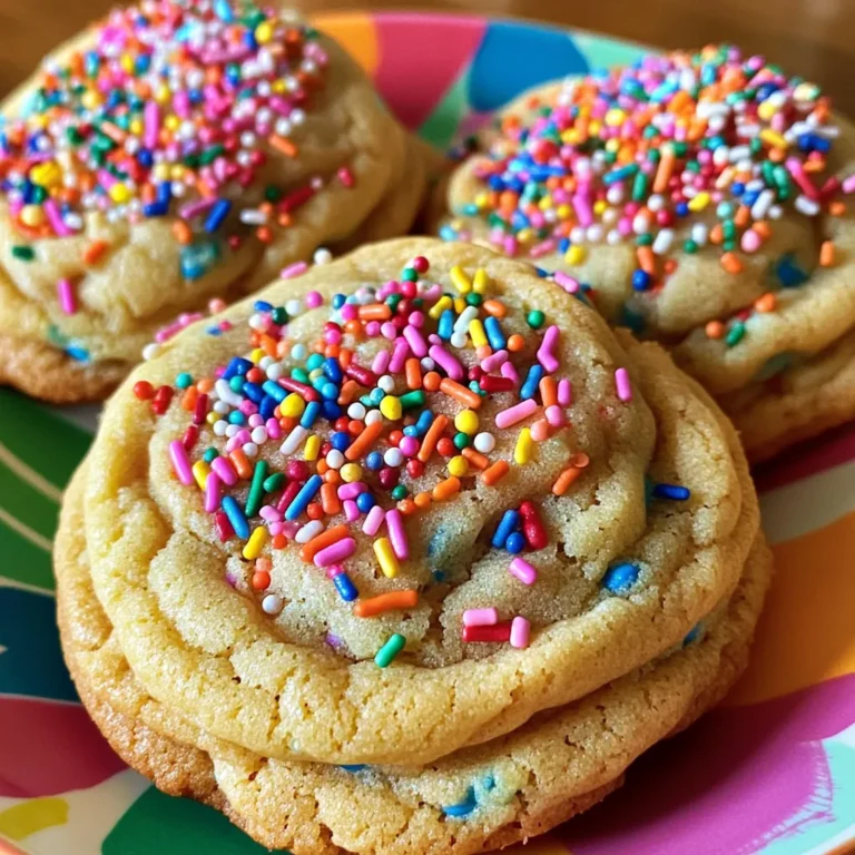 - 1 cup unsalted butter, softened - 1 cup granulated sugar - 1/2 cup brown sugar, packed - 1 cup cake mix (vanilla or funfetti) - 2 large eggs - 2 teaspoons vanilla extract - 3 cups all-purpose flour - 1 teaspoon baking soda - 1/2 teaspoon salt - 1/2 cup rainbow sprinkles - Additional sprinkles for topping When making Funfetti Cake Batter Cookies, the right ingredients matter. You start with unsalted butter. This gives you control over the saltiness. Next, granulated sugar and brown sugar add sweetness and moisture. The cake mix is key. It adds flavor and that signature funfetti vibe. Eggs help bind everything, making the cookies soft. Then, you need vanilla extract for depth. All-purpose flour is your base. It gives the cookies structure. Baking soda helps them rise, while the salt balances the sweetness. Finally, rainbow sprinkles bring color and fun. You can even add more on top for extra flair. - Vegan alternatives: Use vegan butter and flax eggs. Mix 1 tablespoon of flaxseed meal with 3 tablespoons of water for each egg. - Gluten-free options: Swap regular flour with a gluten-free blend. Look for one that includes xanthan gum for texture. - Recommended brands: For butter, I like Earth Balance for vegan. For flour, Bob's Red Mill offers great gluten-free blends. These substitutions allow everyone to enjoy these cookies. Whether you're vegan or gluten-free, you can still make a delicious treat. Check out the Full Recipe for more tips on making these cookies perfect! First, preheat your oven to 350°F (175°C). This helps the cookies bake evenly. Next, line two baking sheets with parchment paper. This keeps the cookies from sticking. In a large bowl, cream together one cup of softened butter, one cup of granulated sugar, and half a cup of brown sugar. Mix these until light and fluffy. Then, add two large eggs, one at a time, and two teaspoons of vanilla extract. Mix until everything is well combined. In another bowl, whisk together three cups of all-purpose flour, one teaspoon of baking soda, and half a teaspoon of salt. Gradually add this dry mix to the wet mix. Stir until you just combine them. Finally, gently fold in half a cup of rainbow sprinkles. Make sure they spread evenly throughout the dough. Using a cookie scoop or tablespoon, drop rounded balls of dough onto the prepared baking sheets. Leave about two inches between each dough ball. This gives them room to spread while baking. Press a few extra sprinkles on top of each cookie for color and fun. Bake the cookies for 10 to 12 minutes. The edges should be lightly golden, and the centers may look a bit underbaked. That’s just right! After baking, remove the sheets from the oven. Let the cookies cool on the baking sheet for about five minutes. Then, transfer them to a wire rack to cool completely. For serving, arrange the cookies on a colorful plate or a tiered stand. This makes a festive display. Serve with a glass of milk or a scoop of vanilla ice cream for a special treat. Check out the Full Recipe for more details! To make your Funfetti cake batter cookies perfect, start with the dough. If it feels too sticky, add a little more flour. This helps you scoop and shape the cookies easily. Also, be careful not to overmix the dough. Mixing too much can make your cookies tough instead of soft. Want to make the cookies even tastier? Adding extracts like almond or a pinch of cinnamon works wonders. You can also fold in chocolate chips or nuts for extra crunch. These additions create layers of flavor that make every bite exciting. Accurate measuring is key. Use dry and wet measuring cups for the best results. A kitchen scale can help too. For baking time, keep an eye on your cookies. Bake them for 10 to 12 minutes. They should look golden around the edges but soft in the middle. This way, they stay chewy and delicious! You can find the Full Recipe to follow these steps. {{image_2}} You can have fun with different cake mixes. Try chocolate or red velvet cake mix for a twist. Each mix adds its own unique taste to the cookies. You can also change the sprinkles. Use seasonal colors for holidays or special events. Mix in chocolate chips or nuts for extra flavor. The fun is in the variety! For those who are vegan, swap the eggs for flaxseed meal. Mix one tablespoon of flaxseed with three tablespoons of water. Let it sit for five minutes to thicken. Use a plant-based butter and a vegan cake mix. For gluten-free cookies, choose a gluten-free cake mix and flour. This way, everyone can enjoy these sweet treats. You can make mini cookies or giant ones. For mini cookies, use a small cookie scoop. Bake them for about 8-10 minutes. Keep an eye on them to avoid burning. For giant cookies, make large balls of dough and bake for 12-15 minutes. They will be soft in the center, and that’s just right! To keep your Funfetti Cake Batter Cookies fresh, store them at room temperature. Use an airtight container to prevent them from going stale. Place a piece of bread in the container to help retain moisture. This simple trick keeps them soft. If you want to keep them even longer, refrigerate them. Just make sure to let them cool completely first. Freezing cookie dough is a great way to save time. To freeze the dough, scoop individual balls onto a baking sheet. Freeze them for about an hour until firm. Then, transfer the dough balls to a freezer bag. You can store them for up to three months. When you want fresh cookies, simply take out a few. Thaw them in the fridge overnight and bake as usual. If you're in a hurry, you can bake them straight from the freezer. Just add a couple of extra minutes to the bake time. How long do these cookies last? When stored properly, Funfetti Cake Batter Cookies can last about one week at room temperature. If you store them in the fridge, they may last a bit longer. However, always check for signs of spoilage. If the cookies feel hard or dry, they are no longer fresh. Look for any weird smells or strange textures. If you see any mold, throw them away right away. Enjoy your cookies while they are fresh for the best taste! To make Funfetti Cake Batter Cookies from scratch, start by preheating your oven to 350°F (175°C). Line two baking sheets with parchment paper. In a large bowl, cream 1 cup of softened butter with 1 cup of granulated sugar and 1/2 cup of brown sugar. Mix until fluffy. Add 2 large eggs and 2 teaspoons of vanilla extract, mixing well. Next, stir in 1 cup of cake mix until combined. In another bowl, whisk 3 cups of all-purpose flour, 1 teaspoon of baking soda, and 1/2 teaspoon of salt. Gradually add this to the wet mix. Finally, fold in 1/2 cup of rainbow sprinkles. Drop rounded balls of dough on the sheets, press on extra sprinkles, and bake for 10-12 minutes. Enjoy warm! You can find the Full Recipe in the previous section. Flat cookies can happen for a few reasons. One common cause is using too much butter. If your butter is too soft, it can make cookies spread. Use softened butter, not melted. Another reason could be not enough flour. Check that you measure flour correctly. Too little flour can lead to flat cookies. Lastly, make sure to bake at the right temperature. If your oven is too cool, cookies won’t rise. Use an oven thermometer to check. Yes, you can make these cookies ahead of time! To do this, prepare the dough and scoop it onto your baking sheets. Instead of baking, cover the sheets with plastic wrap and freeze them. Once frozen, transfer the cookie dough balls to a zip-top bag. When you are ready to bake, you can take them out and bake directly from the freezer. Just add an extra couple of minutes to the baking time. If you want to store raw dough, keep it in the fridge for up to three days. You’ve learned how to make Funfetti Cake Batter Cookies from start to finish. We covered ingredients and substitutions, step-by-step baking, and tips to improve your cookies. Remember, small changes in ingredients can create big flavor shifts. Store your cookies properly to keep them fresh. Whether you opt for mini or giant cookies, you can’t go wrong. Enjoy baking and sharing these treats with family and friends. Happy cooking!
