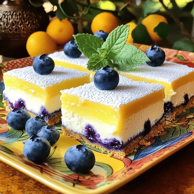 - 1 ½ cups graham cracker crumbs - ½ cup unsalted butter, melted - 2 cups cream cheese, softened - 1 cup granulated sugar - 2 large eggs - 1 teaspoon vanilla extract - 1 cup fresh blueberries - Zest of 1 lemon - 1 tablespoon lemon juice - Powdered sugar for dusting (optional) The first step in making blueberry cheesecake bars is gathering the right ingredients. You need graham cracker crumbs for a tasty crust. The melted butter helps hold the crust together. Cream cheese gives the bars their rich, creamy filling. Granulated sugar sweetens the cheesecake. Eggs help it set. Vanilla extract adds a nice flavor. Fresh blueberries give a burst of sweetness and color. Lemon zest and juice brighten the taste, making it fresh. Optionally, you can dust the bars with powdered sugar for a sweet finish. - 8x8 inch baking pan - Mixing bowls - Electric mixer or whisk - Measuring cups and spoons - Parchment paper For this recipe, you will need some essential kitchen tools. An 8x8 inch baking pan works best for these bars. Mixing bowls let you combine ingredients easily. An electric mixer or whisk helps mix the filling until smooth. Measuring cups and spoons ensure you get the right amounts. Parchment paper makes it easy to remove the bars after baking. Having these tools ready will make the cooking process smooth. For the full recipe, check out the details above! 1. Preheat your oven to 350°F (175°C). Line an 8x8 inch baking pan with parchment paper. Leave some overhang for easy removal later. 2. In a medium bowl, combine 1 ½ cups graham cracker crumbs and ½ cup melted unsalted butter. Mix until it feels like wet sand. 3. Press the crumb mixture firmly into the bottom of the pan. Bake it for 10 minutes, then remove and set aside to cool. 1. In a large bowl, beat 2 cups of softened cream cheese and 1 cup of granulated sugar together until smooth and creamy, which takes about 2-3 minutes. 2. Add 2 large eggs one at a time. Beat well after each addition. Then add 1 teaspoon of vanilla extract, the zest of 1 lemon, and 1 tablespoon of lemon juice. Mix until combined. 3. Carefully fold in 1 cup of fresh blueberries, avoiding any that burst. 1. Pour the cheesecake batter over the crust in the baking pan, spreading it evenly. 2. Bake in the oven for 25-30 minutes. The center should be set but slightly jiggly. 3. Turn off the oven and let the cheesecake cool gradually for 10 minutes. This helps prevent cracks. After cooling, place it in the fridge for at least 3 hours or overnight to set completely. For the full recipe, check out the detailed instructions on how to make these delicious Blueberry Cheesecake Bars! To get the best texture for your blueberry cheesecake bars, start with room temperature cream cheese. Cold cream cheese can create lumps. Beat the cream cheese with sugar until it’s smooth and creamy. This step is key for a rich filling. Mix for about two to three minutes. When serving, presentation matters. Chill the bars and place them on a colorful platter. Add a few extra blueberries on top. Fresh mint leaves also make a great garnish. For a treat, serve with a dollop of whipped cream. It adds a nice texture and flavor. One common mistake is overmixing the batter. This can make the cheesecake dense. Mix just until smooth. Another mistake is not cooling the bars properly. After baking, let them cool gradually in the oven. This helps prevent cracks. Wait until they are fully set in the fridge before slicing. {{image_2}} You can easily swap blueberries for other fruits. Strawberries and raspberries work well. They add a bright color and fresh taste. Mixing different berries gives you a burst of flavor in every bite. Try a mix of blueberries, strawberries, and raspberries. This combo brings a fun twist to your cheesecake bars. Want to add a little more flavor? A hint of almond extract can elevate your bars. Just a small amount makes a big difference. You can also add spices like cinnamon or nutmeg. These spices add warmth and depth to the filling. Experiment with different flavors to find your favorite. If you need a gluten-free version, no problem! Use gluten-free graham crackers for the crust. They work just as well and taste great. You won’t miss the regular ones. This way, everyone can enjoy these delicious bars without worry. For the full recipe, you can find it linked above. To keep your blueberry cheesecake bars fresh, store them in the refrigerator. Place them in an airtight container. This helps prevent them from drying out or absorbing any unwanted odors. You can also wrap them tightly in plastic wrap. This adds an extra layer of protection for freshness. If you want to freeze your cheesecake bars, follow these simple steps. First, let them cool completely. Then, cut them into squares. Wrap each square in plastic wrap, then place them in a freezer-safe bag. Label the bag with the date. To thaw, move them to the fridge for a few hours or leave them at room temperature for about 30 minutes. In the fridge, these cheesecake bars stay fresh for about 4 to 5 days. If you freeze them, they can last for up to 3 months. Just remember to check for any signs of freezer burn before eating. Enjoy your sweet blueberry treat any time! You can tell the bars are done by looking for a slight jiggle in the center. The edges should look set and firm. If the bars still look too wobbly, give them a few more minutes in the oven. The perfect bake leaves you with creamy goodness that is not too soft. Yes, you can use frozen blueberries. Just make sure to thaw them first and drain any excess moisture. This will help keep your bars from getting too watery. Toss the blueberries in a bit of flour before folding them into the batter. This helps them stay suspended in the filling. If you want to swap out cream cheese, try mascarpone or ricotta for a similar texture. For a vegan option, use vegan cream cheese or blended silken tofu. Each choice will change the flavor a bit, but they still taste great. You can double the recipe easily. Use a 9x13 inch pan instead of the 8x8 inch. Just keep an eye on the bake time. You may need to add an extra 5-10 minutes to ensure the middle cooks through. Look for local bakeries or dessert shops. Many places offer tasty premade options. You can also check online for bakeries that ship desserts. Don’t forget to read reviews to find the best ones! If you see cracks in your cheesecake, don’t worry! You can cover them up with a fruit topping or whipped cream. Next time, try baking at a lower temperature or using a water bath. This helps keep the cheesecake from drying out, leading to fewer cracks. This blog post detailed how to make delicious Blueberry Cheesecake Bars from scratch. You learned about the key ingredients, essential kitchen tools, and step-by-step instructions for creating a perfect dessert. We discussed tips to ensure a creamy texture and serving ideas to impress. Variations for different flavors and storage tips were covered as well. Remember, baking is fun and offers room for creativity. So, gather your ingredients and start making your own tasty Blueberry Cheesecake Bars! Enjoy every bite!