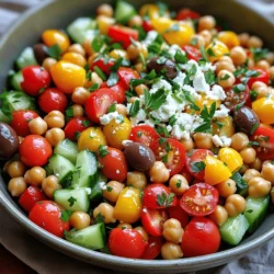 - 1 can (15 oz) chickpeas: Chickpeas are the star of the salad. They add protein and fiber. - 1 cup cherry tomatoes, halved: These tomatoes give a sweet flavor and bright color. - 1 cucumber, diced: The cucumber adds crunch and freshness to the mix. - 1 red bell pepper, diced: This pepper adds sweetness and a pop of color. - 1/4 red onion, finely chopped: Red onion gives a sharp taste that balances the salad. - 1/3 cup Kalamata olives, pitted and sliced: These olives add a salty, briny flavor. - 1/4 cup feta cheese, crumbled: Feta adds creaminess and a tangy bite. - 1/4 cup fresh parsley, chopped: Fresh parsley brightens the salad and adds a herbal note. - 3 tablespoons olive oil: Olive oil is key for flavor and healthy fat. - 2 tablespoons lemon juice: Lemon juice adds acidity and freshness. - 1 teaspoon dried oregano: Oregano gives an earthy, Mediterranean taste. - Salt and pepper to taste: These seasonings enhance all the flavors. When selecting your ingredients, choose ripe tomatoes and firm cucumbers for the best taste. Look for bright red bell peppers and fresh herbs. For feta, choose a block over pre-crumbled for better flavor and texture. Chickpeas are a great source of protein, fiber, and vitamins. They help keep you full and support digestion. Fresh vegetables like tomatoes and cucumbers are low in calories but high in vitamins. They provide hydration and nutrients. Olive oil is a healthy fat. It helps your body absorb vitamins and provides energy. The healthy fats in olive oil also support heart health. Eating this salad gives you a tasty and nutritious meal that supports overall wellness. To make a Mediterranean Chickpea Salad, start with the ingredients. Here’s how to prepare them: 1. Chickpeas: Drain and rinse one can of chickpeas. This removes excess salt. 2. Veggies: Halve one cup of cherry tomatoes. Dice one cucumber and one red bell pepper. 3. Onion: Finely chop a quarter of a red onion. This adds a nice crunch. 4. Olives: Slice a third cup of Kalamata olives. These provide a rich flavor. 5. Feta: Crumble one quarter cup of feta cheese. It adds creaminess to the salad. 6. Parsley: Chop a quarter cup of fresh parsley. This adds color and freshness. For easier chopping, use a sharp knife and a cutting board. Cut in small, even pieces. This helps the salad mix well. Keep your knife skills safe by curling your fingers under while you chop. Now, let’s make the dressing. Here’s how: 1. In a small bowl, add three tablespoons of olive oil. 2. Add two tablespoons of lemon juice for a bright flavor. 3. Mix in one teaspoon of dried oregano, along with salt and pepper to taste. Whisk these ingredients together until they blend well. Taste it! You may want to add more salt or lemon juice. Adjust the flavors to make it just right for you. Once the dressing is ready, pour it over the salad mixture. Toss gently until all the ingredients are coated. Let the salad sit for about ten minutes. This helps the flavors blend. For the full recipe, check out the detailed steps. To make your Mediterranean Chickpea Salad pop with flavor, try adding fresh herbs. Basil, mint, or even dill can bring a new twist. You can also add spices like cumin or smoked paprika for warmth. Marinating the salad helps the flavors blend. Let it sit for at least 30 minutes before serving. This waiting time allows the chickpeas and veggies to soak up the dressing. Serving your salad well can impress your guests. Use a large, shallow bowl to show off the colorful ingredients. Drizzle some extra olive oil on top for shine. Garnish with more parsley and crumbled feta for a fresh look. Pair your salad with warm pita bread or grilled chicken for a full Mediterranean meal. These options will round out your dining experience beautifully. For the complete recipe, check out the Full Recipe section above. {{image_2}} You can easily change some ingredients in Mediterranean Chickpea Salad to meet your needs. If you want a gluten-free option, skip the feta cheese. Instead, use avocado for creaminess. If you follow a vegan diet, you can replace feta with nutritional yeast. It gives a cheesy flavor without animal products. You can also switch fresh veggies based on the season. In summer, add ripe peaches or watermelon for sweetness. In fall, try roasted butternut squash for a warm touch. These changes keep the salad fresh and exciting. Mediterranean Chickpea Salad works great as a meal prep option. Make a big batch for quick lunches. Store it in jars for easy grab-and-go meals. It also shines as a side dish. Serve it with grilled chicken or fish for a complete meal. If you want to make it more filling, add protein or grains. Quinoa or brown rice makes it hearty. You can toss in grilled shrimp or chicken for extra protein. This way, you create a balanced, satisfying meal that everyone will love. For the full recipe, check out Mediterranean Chickpea Salad. To keep your Mediterranean Chickpea Salad fresh, store it in an airtight container. Place it in the fridge right after serving. It stays fresh for about three days. To avoid sogginess, keep the dressing separate if you plan to eat it later. You can dress the salad right before serving for the best taste. This salad is not ideal for freezing because the fresh veggies lose their crunch. However, if you want to freeze, try freezing only the chickpeas. Drain and rinse them well, and then place them in a freezer bag. You can also freeze the dressing separately. Just mix it again before using it. For the best results, use fresh ingredients each time you make the salad. What can I substitute for feta cheese? If you want a cheese substitute, try goat cheese or ricotta. You can also skip cheese altogether for a dairy-free option. Nutritional yeast adds a cheesy flavor too. Can I make Mediterranean Chickpea Salad in advance? Yes, you can prepare this salad ahead of time. It tastes better after sitting for a while. Just keep it in the fridge and serve it cold. What are the best toppings or dressings for this salad? You can add extra olives or avocado for creaminess. A drizzle of balsamic glaze adds a sweet touch. Try fresh herbs like mint or basil for extra flavor. Is this salad suitable for a low-carb diet? This salad is not low-carb due to chickpeas. However, it is high in fiber and nutrients. If you want a low-carb option, use zucchini noodles instead. How much protein is in Mediterranean Chickpea Salad? Chickpeas are a great source of protein. One serving has about 10 grams of protein. This makes it a filling choice for lunch or dinner. Can I use canned chickpeas, or should I cook them from dry? Canned chickpeas are a great option for this salad. They save time and taste good. Just rinse them well before using. If you prefer dry, soak and cook them until tender. For the full recipe, check out Mediterranean Chickpea Salad. In this blog post, we explored how to make a delicious Mediterranean Chickpea Salad. We discussed key ingredients and their health benefits, especially from chickpeas and healthy fats. I provided step-by-step instructions that simplify preparation and dressing, along with tips for enhancing flavors. You learned about variations and storage options, too. Remember, this salad is versatile and nutritious. Feel free to switch ingredients based on your taste or diet. Enjoy creating your own version and savor the health benefits. Your kitchen creations will shine!