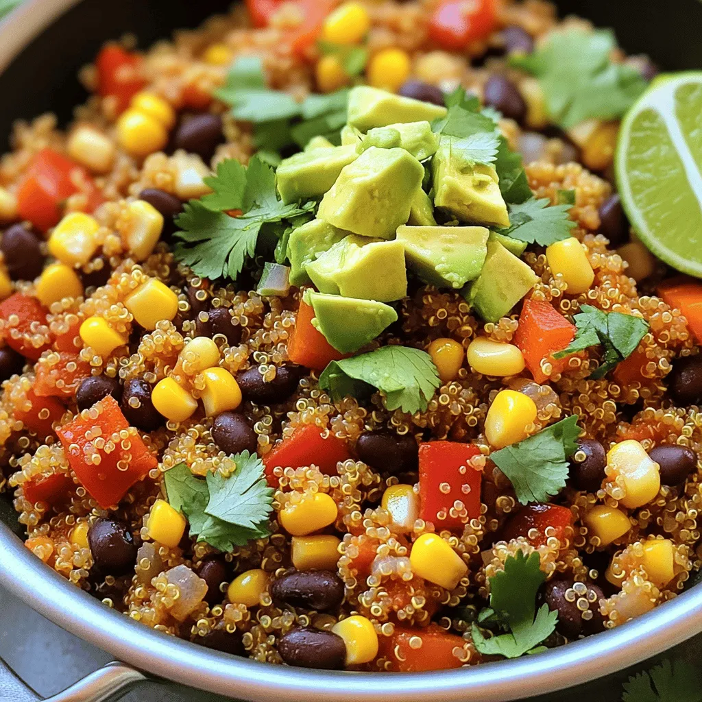 - Quinoa and Vegetable Broth Quinoa is the star of this dish. It gives a nice texture and protein. Use vegetable broth for added flavor. - Vegetables: Bell Pepper, Onion, and Garlic I love using red bell pepper for sweetness. Yellow onion adds depth, while garlic gives a tasty kick. - Canned Ingredients: Black Beans and Corn Black beans are rich in fiber and protein. Corn adds a bit of sweetness, making each bite exciting. - Spices and Seasonings: Cumin, Paprika, and Chili Powder Cumin gives warmth, smoked paprika adds a rich flavor, and chili powder brings the heat. Balance these spices well for a bold taste. These ingredients make the One-Pan Southwest Quinoa Skillet vibrant and satisfying. You will enjoy the layers of flavor in every bite. For the complete list of ingredients and their quantities, check the Full Recipe. Cooking Quinoa with Vegetable Broth Start by rinsing 1 cup of quinoa under cold water. This step removes any bitterness. In a medium pot, combine the rinsed quinoa with 2 cups of vegetable broth. Bring this to a boil over medium-high heat. Once it boils, reduce the heat to low, cover, and simmer for about 15 minutes. The quinoa is ready when it's fluffy and has absorbed all the liquid. Tips for Rinsing Quinoa Properly Rinsing quinoa is important. Use a fine mesh strainer to avoid losing any grains. Rinse under cold water for about 30 seconds. This helps get rid of saponins, which can taste bitter. Make sure to shake off any excess water before cooking. Best Practices for Sautéing In a large skillet, heat 1 tablespoon of olive oil over medium heat. Add diced red bell pepper and yellow onion. Sauté these for 5-7 minutes. You want the onions to turn translucent. Stir often to prevent sticking. Cooking Times for Perfectly Tender Vegetables After the onions are translucent, stir in 2 minced garlic cloves. Cook this mixture for another 1-2 minutes until it smells great. You want the garlic to soften but not burn. This step adds a lot of flavor to your dish. How to Incorporate All Ingredients Once the veggies are ready, add in the cooked quinoa, black beans, and corn. For the beans, use 1 can (15 oz), drained and rinsed. Use another can (15 oz) of corn, drained as well. Add 1 teaspoon of ground cumin, 1 teaspoon of smoked paprika, and ½ teaspoon of chili powder. Mix all the ingredients well. Ensuring Flavors Meld Together Cook everything together for another 5-7 minutes over medium heat. This allows the flavors to blend nicely. Stir occasionally to ensure even heating. Once everything is hot, remove the skillet from the heat. Top with diced avocado and fresh cilantro for a tasty finish. For the full recipe, check out the complete guide. To make fluffy quinoa, rinse it well before cooking. Rinsing removes the bitter coating called saponin. This step helps the quinoa taste better. Cook it in vegetable broth instead of water. This adds extra flavor to your dish. Keep an eye on the heat. If it boils too fast, it can turn mushy. Once cooked, let it sit covered for a few minutes. This helps it fluff up nicely. Adjusting spice levels is simple. Start with less chili powder if you prefer mild flavors. You can always add more spice later. Taste as you cook. This way, you’ll find the right balance for your palate. If you like it hot, add more cumin or smoked paprika. These spices give the dish a warm, smoky taste. For a complete meal, serve this quinoa skillet with a fresh salad. A side of avocado and lime wedges pairs perfectly. You can also enjoy it with tortilla chips for a crunchy contrast. If you want extra protein, grilled chicken or shrimp works well. For the best toppings, consider adding diced avocado and fresh cilantro. These ingredients enhance the dish's flavor and add a nice texture. A sprinkle of feta cheese can add creaminess too. Serve with lime wedges on the side. A squeeze of lime brightens the entire dish. For the full recipe, check the earlier section. {{image_2}} Making it Gluten-Free To make this dish gluten-free, use certified gluten-free quinoa. Quinoa is naturally gluten-free, so this substitution is easy. Just check the package for the label. Also, ensure that your vegetable broth is gluten-free. This way, everyone can enjoy the meal without worry. Vegan Options for Extra Protein If you want to make this dish vegan, it's simple. You can add tofu or chickpeas for extra protein. Just press the tofu to remove excess water. Then, cube it and sauté it with the veggies. If you prefer chickpeas, rinse and add them along with the beans. Both options boost protein and keep the meal plant-based. Adding Different Vegetables This recipe is flexible with veggies. You can add spinach, zucchini, or even sweet potato. If you choose spinach, add it near the end to keep it bright and fresh. For zucchini, chop it small and sauté it with the bell pepper and onion. Sweet potato can be diced and cooked with the quinoa for added sweetness. Incorporating Protein Sources like Chicken or Tofu If you want meat in your dish, chicken works well. Dice the chicken breast and cook it in the skillet before adding the veggies. For tofu, follow the steps above. This change gives you more options for protein and keeps the dish filling. For the full recipe, check out the One-Pan Southwest Quinoa Skillet. To keep your One-Pan Southwest Quinoa Skillet fresh, use airtight containers. Glass or plastic containers work well. Make sure to let the dish cool before sealing. Store it in the fridge for safe keeping. This dish stays tasty for 3 to 5 days. To reheat, use the stove or microwave. For the stove, place it in a skillet over medium heat. Stir often to heat evenly. If using a microwave, cover it loosely with a lid. Heat in short bursts, stirring in between. This keeps the flavors and texture just right. How long does it last in the fridge? It stays good for about 5 days. After that, it’s best to toss it out for safety. Enjoy those leftovers while they’re fresh and tasty! Can I make this dish ahead of time? Yes, you can make this dish ahead. Cook the quinoa and veggies, then store them in the fridge. Keep the toppings separate until ready to serve. This way, the flavors stay fresh. Is quinoa healthy and why should I include it in my diet? Quinoa is very healthy. It has lots of protein and fiber. It is also gluten-free. Quinoa helps keep you full and satisfied. Including it in your diet can boost your nutrition. What to do if the quinoa is mushy? If your quinoa is mushy, you may have added too much liquid. To fix this, try spreading it on a baking sheet to cool. This helps the excess moisture evaporate. How can I fix an overly salty dish? If your dish is too salty, add more cooked quinoa or some extra veggies. You can also add a splash of lime juice. This will help balance out the flavors and reduce the saltiness. In this blog, we explored the One-Pan Southwest Quinoa Skillet. You learned about the essential ingredients like quinoa and beans, along with tips for cooking. I shared best practices for sautéing vegetables and combining flavors. To enhance your meal, I offered serving ideas and dietary substitutions. Remember to store leftovers correctly to keep them fresh. This dish is not just easy; it's also tasty and full of nutrients. You can create endless variations to suit your taste. Enjoy your cooking adventure!