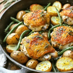 - 4 chicken thighs, skin-on and bone-in - 2 tablespoons olive oil - 2 cloves garlic, minced - 1 tablespoon fresh rosemary, chopped - 1 tablespoon fresh thyme, chopped - 1 tablespoon fresh parsley, chopped - 1 lemon, zested and juiced - Salt and pepper to taste - 1 cup baby potatoes, halved - 1 cup green beans, trimmed When you gather your ingredients, make sure to choose fresh herbs. Fresh herbs add a burst of flavor to your dish. The chicken thighs should also have skin and bone. This helps keep the meat juicy while cooking. - Large mixing bowl - Oven-safe skillet - Measuring spoons and cups Having the right tools makes cooking easier. A large mixing bowl is key for mixing the marinade. An oven-safe skillet allows you to roast everything in one pan. This saves time on cleanup and keeps the flavors together. - Extra fresh herbs - Lemon wedges Garnishes are a fun way to make your dish pop. Extra herbs give a fresh look and taste. Lemon wedges add a bright touch. You can place them on the side for serving. They also let everyone squeeze on some extra flavor. For the full recipe, check out the detailed instructions. - Preheat the oven to 425°F (220°C). - In a large bowl, mix olive oil, minced garlic, chopped rosemary, thyme, parsley, lemon zest, lemon juice, salt, and pepper. - Coat the chicken thighs in the marinade. - Let the chicken marinate for 15 minutes to 2 hours. This step adds great flavor. - In a large oven-safe skillet, arrange the marinated chicken thighs skin-side up. - Surround the chicken with halved baby potatoes and trimmed green beans. - Roast in the oven for 35-40 minutes. Check that the chicken is golden brown and cooked through. The safe internal temperature is 165°F (75°C). You can find the Full Recipe within this article if you need more details. To get juicy chicken, space the thighs well in your skillet. This helps hot air flow, cooking them evenly. Avoid crowding the pan. You’ll want to use a meat thermometer to check if the chicken is done. Aim for an internal temperature of 165°F (75°C). This ensures it’s safe to eat and perfectly cooked. Marinades can boost flavor. If you want to switch it up, use different herbs like oregano or basil. You can also add soy sauce for a savory kick. When marinating, let the chicken sit for at least 15 minutes. For deeper flavor, marinate for up to 2 hours. Remember, the longer it sits, the more the chicken absorbs those tasty flavors. Serving straight from the skillet looks beautiful and rustic. It shows off the golden chicken and vibrant veggies. To make it pop, add some fresh herbs on top. A few lemon wedges on the side add color and zest. This makes the meal not just tasty but also a feast for the eyes. For the full recipe, check the link above. {{image_2}} You can change the herbs to suit your taste. If you don’t have rosemary, try using sage or oregano. For thyme, you can use marjoram or dill. If you want a kick, add spices like paprika or cumin. These spices add warmth and depth to the dish. Feel free to swap out vegetables. Carrots, bell peppers, or zucchini work great. Just cut them to similar sizes for even cooking. If you add denser veggies like carrots, increase the cooking time by 5-10 minutes. This helps them become tender just like the chicken. If you want a different cut of chicken, use drumsticks or breasts. Adjust the cooking time to ensure they cook through. For a non-chicken option, try using turkey thighs or tofu. Both can soak in the marinade and still taste great. Just remember to adjust the cooking time based on the protein you choose. To keep your cooked chicken fresh, follow these tips. First, let the chicken cool. This helps keep moisture in. Place the chicken in an airtight container. Use a container that fits well to avoid air pockets. Store the chicken and veggies in the fridge. They should stay good for about three days. For veggies like green beans and potatoes, pack them separately. This way, they won't make the chicken soggy. Use a sealed bag or container. When you want to enjoy your chicken again, use these methods. For the oven, preheat it to 350°F (175°C). Place the chicken in a baking dish. Cover it with foil to keep it moist. Heat for about 15-20 minutes. Check the chicken's temperature. It should reach 165°F (75°C) before eating. In the microwave, use a microwave-safe plate. Heat on medium for 2-3 minutes. Stir halfway through for even heating. For the skillet, add a splash of water. Heat on medium-low. Cook for about 5-7 minutes, turning it often. This keeps the chicken juicy. If you want to save leftovers longer, freezing is a great choice. Let the chicken cool completely. Wrap it tightly in plastic wrap. Then, place it in a freezer bag. Remove as much air as possible. This helps prevent freezer burn. For veggies, freeze them separately too. Place them in a freezer-safe bag or container. Label the bags with the date. When you’re ready to eat, take the chicken out. Leave it in the fridge overnight to thaw. If you're short on time, place it under cold water. Once thawed, reheat as mentioned above. Enjoy your One Pan Herb Roasted Chicken Thighs again! You should marinate chicken thighs for at least 15 minutes. For the best flavor, aim for 2 hours. Marinating helps the chicken absorb all the herb and lemon flavors. If time allows, longer marination enhances taste even more. Yes, you can use boneless chicken thighs. Boneless thighs cook faster, so reduce the cooking time by about 10 minutes. This ensures the chicken stays juicy but doesn't dry out. Great side dishes include: - Roasted carrots - Steamed broccoli - Simple green salad - Quinoa or rice These sides balance the rich flavors of the chicken. They also add color and nutrition to your meal. To check if the chicken is cooked, use a meat thermometer. The internal temperature should reach 165°F (75°C). This ensures the chicken is safe to eat. If you don’t have a thermometer, cut into the thigh. The juices should run clear, with no pink meat. This blog post covered a simple and tasty recipe for herb-roasted chicken thighs. You learned about the ingredients, required tools, and step-by-step cooking instructions. I shared tips on enhancing flavor and variations for personalizing the dish. Storage information ensures you can enjoy leftovers later. Cooking should be fun and easy. Remember, this recipe is flexible. Try new herbs, swap veggies, or choose different proteins as you like. You can make it your own. Enjoy your cooking adventure!