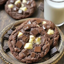 - 1 cup unsalted butter, softened - 1 cup brown sugar, packed - 1/2 cup granulated sugar - 2 large eggs - 2 teaspoons vanilla extract - 2 cups all-purpose flour - 3/4 cup unsweetened cocoa powder - 1 teaspoon baking soda - 1/2 teaspoon salt - 1 1/2 cups semisweet chocolate chunks - 1/2 cup white chocolate chunks To make the best double chocolate chunk cookies, choose fresh ingredients. The butter should be soft but not melted. This helps create a creamy mix with the sugars. Use quality chocolate chunks for rich flavor. I love the mix of semisweet and white chocolate. It adds depth to each bite. A serving has around 150 calories. Each cookie packs about 7 grams of fat, 20 grams of carbs, and 2 grams of protein. This breakdown helps you know what you’re munching on. - Mixing bowls - Cookie scoop - Baking sheets Having the right tools makes baking easy. A cookie scoop gives uniform sizes. This helps the cookies bake evenly. Use non-stick baking sheets for best results. You can find these tools in any kitchen section. For the full recipe, check the detailed instructions above. Happy baking! - Preheat your oven to 350°F (175°C). - Line baking sheets with parchment paper to prevent sticking. - In a large bowl, cream together the softened butter, brown sugar, and granulated sugar. Mix until the mixture is light and fluffy. - Add the eggs one at a time, mixing well after each addition. Then, stir in the vanilla extract. - In another bowl, whisk together the flour, cocoa powder, baking soda, and salt. - Gradually add this dry mix into the wet mixture. Stir gently until just combined. Be careful not to overmix, as this can make the cookies tough. - Use a cookie scoop or a tablespoon to drop rounded balls of dough onto the baking sheets. Space them about 2 inches apart. - Bake in your preheated oven for 10-12 minutes. The edges should be set, while the centers remain soft. They will firm up as they cool. For the Full Recipe, follow each step carefully to create these delightful cookies. Enjoy the rich chocolate flavor and chewy texture! To make cookies chewy, start with soft butter. Soft butter helps mix well and makes the dough smooth. Use a good amount of brown sugar, as it adds moisture. When mixing, don’t overmix the dough after adding the dry ingredients. This keeps your cookies soft. Bake them until the edges are set but the centers look soft. They will firm as they cool. To keep cookies fresh, store them in an airtight container. Add a slice of bread to keep them moist longer. If you want to freeze them, let the cookies cool completely. Place them in a freezer bag or container. They will last for about three months in the freezer. When you want one, just thaw it at room temperature. For serving, arrange the cookies on a pretty plate. You can sprinkle extra chocolate chunks on top for a nice look. Serve them with a glass of cold milk. This classic pairing makes the treat even more enjoyable. For more ideas, check out the Full Recipe for inspiration on how to take your presentation up a notch! {{image_2}} When you make double chocolate chunk cookies, you can change them up in fun ways. Here are some ideas to get you started. You can use different types of chocolate for your cookies. Dark chocolate gives a rich flavor. Milk chocolate adds sweetness. Mix them up for a unique taste. Adding nuts can also change the texture. Walnuts or pecans work well. They add a nice crunch. Dried fruits like cherries or cranberries can add a fruity twist. If you want a gluten-free version, use gluten-free flour blends. They work just as well as regular flour. Almond flour or coconut flour can add a new flavor too. Just make sure to check the measurements. You can add spices to your dough for a new flavor. A dash of cinnamon gives warmth. A pinch of sea salt can enhance the chocolate taste. Extracts can also boost the flavor. Try almond or orange extract for a fun twist. These simple changes can make your cookies even more special. Check out the Full Recipe to create these tasty variations! If you want to skip baking, many tasty store-bought cookies are available. Brands like Tate's Bake Shop and Entenmann's offer great options. Tate's cookies are thin and crispy, while Entenmann's are soft and chewy. Both brands have rich chocolate flavors. Check your local grocery store for these favorites or seek out other popular brands. Finding fresh cookies at local bakeries can be a real treat. Many bakeries make cookies daily. Look for shops that focus on quality ingredients. Ask about their double chocolate chunk cookies. Often, they will let you sample a bite. You can even find unique twists, like sea salt toppings or added nuts. Support your community while enjoying a fresh cookie! Buying cookies online can be fun and easy. Websites like Goldbelly and Insomnia Cookies offer high-quality options. You can find cookies shipped straight to your door. Goldbelly features cookies from famous shops across the country. Insomnia Cookies lets you order warm cookies late at night. Both options provide a delicious cookie experience without leaving home. For a special treat, try these online sources! If you want to create your own, check the Full Recipe for a homemade delight. You can use bread flour, but it will change the texture. Bread flour has more protein. This extra protein makes cookies chewier. All-purpose flour gives cookies a nice balance. It keeps them soft and light. If you want a chewy cookie, go for bread flour. Just know the cookie will be different. Look for a few signs to know if your cookies are ready. The edges should be set, and they will look firm. The centers may still look soft and puffy. This is normal! They will harden as they cool. Don’t overbake them. If you see cracks on top, they’re likely done. Yes, you can prepare the dough ahead of time! This is a great way to save time. Once mixed, cover the dough and keep it in the fridge. It will stay fresh for up to three days. You can also freeze the dough. Just scoop it into balls and freeze. When ready to bake, just add a few extra minutes to the bake time. Eating raw cookie dough is risky. It may contain raw eggs and flour. Raw eggs can have harmful bacteria. Raw flour can also pose a risk. To be safe, it’s best to bake the cookies before eating. If you want to taste the dough, use pasteurized eggs and heat-treated flour. This makes it safer to enjoy! You learned about making delicious double chocolate chunk cookies. We covered the essential ingredients, step-by-step instructions, and handy tips. You now know how to achieve that perfect chewy texture and the best ways to store your cookies. Plus, I shared ideas for variations and where to find great store-bought options. Remember, baking is all about fun and creativity. Enjoy experimenting with these recipes and make them your own! Happy baking!