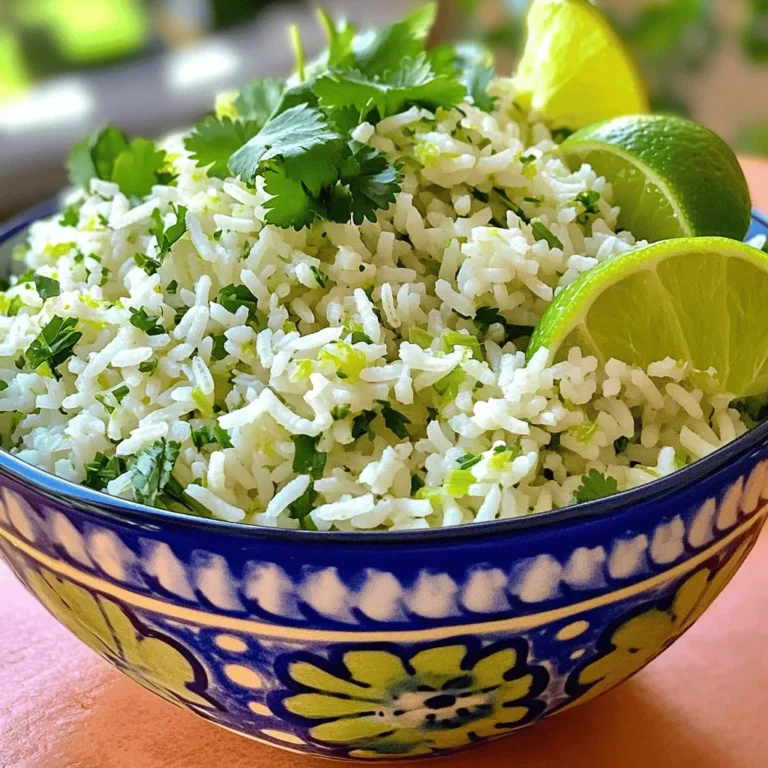 - 1 cup long-grain white rice - 2 cups vegetable broth (or water) - 1 tablespoon olive oil - 1 lime, juiced and zested - 1/4 cup fresh cilantro, chopped - 1 garlic clove, minced - 1/2 teaspoon salt - 1/4 teaspoon black pepper - Optional: 1/4 teaspoon crushed red pepper flakes When I create Zesty Lime Cilantro Rice, I always start with high-quality ingredients. The rice is the base, so I choose long-grain white rice. It cooks up fluffy and separate. You can also use jasmine rice for a fragrant twist. Using vegetable broth adds depth to the dish. It has a rich flavor that elevates the rice. If you prefer, chicken broth works well too. Fresh cilantro gives this dish its zing. I love using it straight from my garden, but store-bought works too. You can also use dried cilantro, but fresh is best for taste. Limes add brightness. I recommend picking limes that feel heavy for their size. They will be juicier and more flavorful. - For a different grain, try quinoa or brown rice. - Chicken broth can replace vegetable broth for a meaty flavor. - Fresh herbs are always better than dried ones for this dish. When selecting rice, look for a brand you trust. Rinsing the rice is key. It removes extra starch, which helps keep it fluffy. Cilantro should be bright green and fresh. Avoid yellow or wilted leaves. Choose limes that are firm and heavy. They should feel slightly soft when you squeeze them. This means they are ripe and full of juice. For the full recipe, refer to the detailed instructions provided. - Rinsing the rice properly: Start by rinsing 1 cup of long-grain white rice under cold water. This step removes excess starch. Rinse until the water runs clear. Drain well to prepare for cooking. - Sautéing garlic and toasting rice: In a medium saucepan, heat 1 tablespoon of olive oil over medium heat. Add 1 minced garlic clove and cook for about 30 seconds. Stir it carefully to avoid burning. Next, add the rinsed rice. Stir the rice for 1-2 minutes until it's slightly toasted. This step adds flavor. - Combining ingredients and boiling: Pour in 2 cups of vegetable broth (or water), juice and zest of 1 lime, 1/2 teaspoon salt, and 1/4 teaspoon black pepper. If you like heat, add 1/4 teaspoon crushed red pepper flakes. Increase heat to high and bring to a boil. Once boiling, reduce heat to low, cover, and let it simmer for 15-18 minutes. - Timing for perfect rice texture: Perfect rice should be tender and have absorbed all the liquid after 15-18 minutes. Keep an eye on it while it cooks. - Importance of resting the rice: Once the rice is done, turn off the heat. Let it sit covered for 5 minutes. This resting time helps the rice become fluffy. - Fluffing the rice: After resting, remove the lid. Use a fork to fluff the rice gently. This step separates the grains and makes it light. - Adding cilantro and mixing: Fold in 1/4 cup of chopped fresh cilantro. Mix until the cilantro is evenly distributed throughout the rice. Taste and adjust seasoning if needed, perhaps adding more lime juice or salt. Enjoy your zesty lime cilantro rice! For the full recipe, you can refer to the above instructions. To make Zesty Lime Cilantro Rice perfect, we want to avoid mushy rice. Here are some key tips: - Rinse your rice under cold water until the water is clear. This removes excess starch. - Toast the rice in olive oil for 1-2 minutes. This adds flavor and keeps the grains separate. - Use the right water-to-rice ratio: 2 cups of water for 1 cup of rice. Next, let’s enhance the flavor. Lime and spices are key here: - Fresh lime juice and zest brighten the dish. Use both for the best taste. - Adding garlic gives depth. Sauté it until fragrant, but don’t let it brown. - For some heat, add crushed red pepper flakes. It adds a nice kick without overpowering the dish. What can you serve with Zesty Lime Cilantro Rice? Here are some great protein options: - Grilled chicken adds a nice touch. The lime flavor works well with it. - Shrimp is another fantastic choice. Its sweetness balances the tangy rice. - Black beans are perfect for a vegetarian meal. They add protein and richness. For a complete meal, consider these accompaniments: - Fresh salsa or pico de gallo adds crunch and freshness. - Guacamole brings creaminess and flavor depth. - A simple green salad enhances the meal with more texture. To cook rice well, you need the right tools: - A medium saucepan is essential for making rice. It should have a tight-fitting lid. - A fine-mesh strainer is helpful for rinsing the rice and removing starch. - A fork is best for fluffing the rice after it cooks. For optimal results, consider using these types of cookware: - Non-stick pans help prevent sticking and burning. - Heavy-bottomed pots distribute heat evenly. This helps cook the rice perfectly. {{image_2}} You can make Zesty Lime Cilantro Rice even better. Adding some colorful vegetables can boost taste and nutrition. Try mixing in bell peppers, peas, or corn. They add crunch and sweetness. You can also toss in proteins for a heartier dish. Black beans give a nice texture and protein. If you want seafood, shrimp works well too. Just cook the shrimp separately and mix it in at the end. This dish can take on many flavors from around the world. For a Mexican twist, add diced tomatoes or jalapeños. This will give it a spicy kick. You can also pair it with grilled chicken or tacos. If you're feeling adventurous, try Asian fusion. Add soy sauce and sesame oil for a new taste. Top it with sliced green onions for extra flavor. Use fresh herbs based on the season. In summer, basil or mint can brighten the rice. In winter, try rosemary for a warming effect. You can even theme your rice for holidays. For Thanksgiving, add dried cranberries and nuts. For Christmas, sprinkle in some pomegranate seeds. These small changes keep the dish exciting all year long. For the full recipe, check out the details above. To keep Zesty Lime Cilantro Rice fresh, store it in an airtight container. This will help prevent odors from mixing in your fridge. Make sure to let the rice cool to room temperature before sealing it up. This prevents condensation from forming inside the container. In the fridge, the rice lasts about 3 to 5 days. Always check for any off smells before using leftovers. When reheating, the microwave works best. Place the rice in a bowl, add a splash of water, and cover it. This keeps the rice moist and fluffy. Heat in short intervals, stirring in between. You can also repurpose leftover rice. Mix it into a salad or use it as a filling for tacos. This adds a zesty twist to your meals! To freeze Zesty Lime Cilantro Rice, first, let it cool completely. Then, portion it into freezer bags or containers. Remove as much air as possible to avoid freezer burn. When ready to use, take it out of the freezer and thaw it in the fridge overnight. For quick use, you can also microwave it straight from the freezer. Just add a bit of water and cover it. Heat until warm, and you're good to go! Can I make Zesty Lime Cilantro Rice ahead of time? Yes, you can make this rice ahead of time. Cook it, cool it, and store it in the fridge. It stays fresh for up to four days. When you’re ready to eat, just reheat it in the microwave or on the stovetop. How do I adjust the recipe for a larger crowd? To serve more people, simply double the ingredients. Use two cups of rice and four cups of broth. Keep the same cooking times, but check if it’s cooked through. Is this recipe gluten-free? Yes, this recipe is gluten-free. Just use vegetable broth or water. Always check the labels of any broth you buy to ensure it’s gluten-free. What's the difference between white and brown rice in this recipe? White rice cooks faster and has a softer texture. Brown rice takes longer to cook and has a nuttier flavor. Both can work, but adjust cooking time for brown rice to about 45 minutes. Can I use lime juice from a bottle instead of fresh? You can use bottled lime juice, but fresh lime has a better taste. Fresh juice gives a bright flavor to the rice. If you use bottled, add a little more to get a similar taste. Nutritional information per serving Each serving has about 200 calories. It includes 4 grams of protein, 5 grams of fat, and 36 grams of carbs. This rice is a good side dish for many meals. Can I make this recipe vegan? Yes, this recipe is already vegan! It contains no animal products. Feel free to enjoy it with your favorite plant-based dishes. For the full recipe, check out the earlier section. You’ve learned how to make Zesty Lime Cilantro Rice from scratch. We covered essential ingredients, step-by-step cooking, and tips to make it perfect. This dish is versatile and pairs well with various proteins. Plus, it can be stored or transformed into new meals. Experiment with seasonal herbs or add your favorite veggies. Enjoy this simple recipe and share it with others. By mastering this dish, you bring flavor and joy to your table. Let your creativity shine and make this recipe your own!