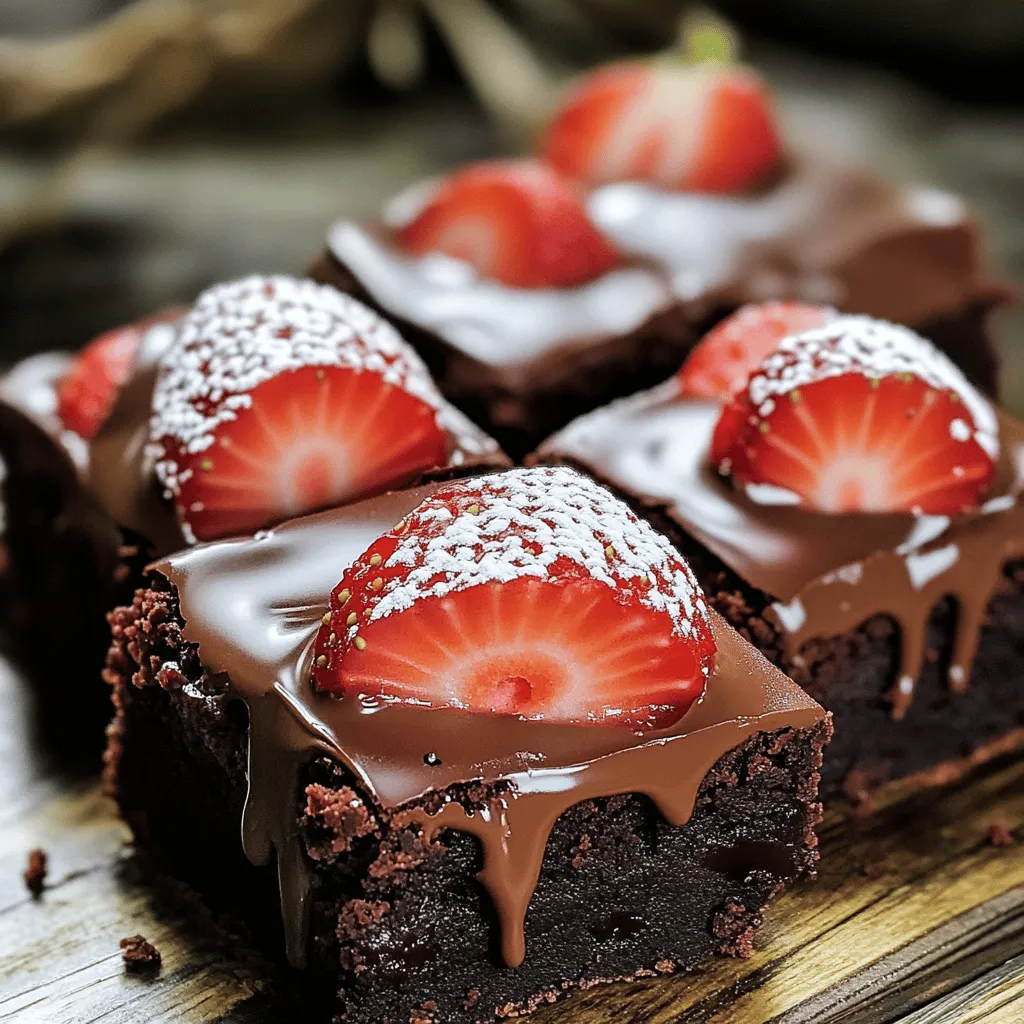 To make Chocolate Covered Strawberry Brownies, you need some key ingredients. Here’s what you will need: - 1 cup unsalted butter, melted - 2 cups granulated sugar - 4 large eggs - 1 teaspoon vanilla extract - 1 cup all-purpose flour - 1 cup unsweetened cocoa powder - 1 teaspoon baking powder - 1/2 teaspoon salt - 1 cup fresh strawberries, hulled and halved - 1 cup semi-sweet chocolate chips - 1 cup powdered sugar (for topping) - 1 tablespoon milk (for drizzling) These ingredients work together to create rich, chocolatey brownies that burst with fresh strawberry flavor. The melted butter adds moisture, while the cocoa powder gives a deep chocolate taste. The fresh strawberries bring sweetness and contrast to the dense brownie texture. When selecting strawberries, choose ripe, juicy ones for the best flavor. If you want to customize, you can swap in dark chocolate for a bolder taste. For the perfect balance, stick to the recipe in the Full Recipe section. This ensures you capture the delightful harmony of flavors. Enjoy gathering these ingredients! This recipe for strawberry chocolate brownies is easy and fun. You learned how to mix simple ingredients and bake them to perfection. Don’t forget the tips for testing doneness and presenting your brownies well. You can even customize them with flavors and dietary changes. Storing and reheating them also has simple steps to keep them fresh. Enjoy your delicious brownies today and share with friends and family! Your baking skills have just leveled up!