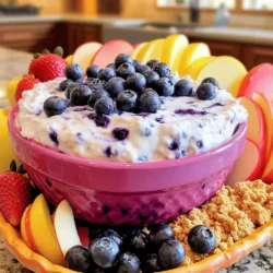 - 8 oz cream cheese, softened - 1/2 cup Greek yogurt - 1/4 cup powdered sugar - Zest of 1 lemon - 2 tablespoons fresh lemon juice - 1/2 teaspoon vanilla extract - 1 cup fresh blueberries (plus extra for garnish) - Graham cracker crumbs (for serving) - Sliced fruit (like apples or strawberries, for serving) When I make this dip, I love the balance of flavors. The cream cheese makes it rich and creamy. Greek yogurt adds a nice tang and keeps it light. The powdered sugar sweetens it just right. Fresh lemon zest and juice give a bright zing. Vanilla extract rounds everything out. Fresh blueberries are the star! They bring sweetness and color. When you mix them in, try not to mash them. Keeping some whole adds texture. For serving, I suggest graham crackers. They are crunchy and pair well with the dip. Sliced fruits like apples or strawberries also work great. They add freshness and a fun twist. You can find the full recipe above to get all the details. To start, mix the softened cream cheese and Greek yogurt. Use an electric mixer on medium speed. Beat until the mix is smooth and creamy. This step creates a rich, fluffy base for your dip. Next, add the powdered sugar, lemon zest, lemon juice, and vanilla extract. Mix until everything is fully combined. This combination adds sweetness and bright lemon flavor. Now it's time to add the blueberries. Gently fold them into the mix. Be careful not to mash them too much. You want some whole blueberries for texture and bursts of flavor. Chilling the dip is very important. It allows the flavors to blend and deepen. Aim to chill for at least 30 minutes. This waiting time makes a big difference in taste. For optimal flavor melding, make sure to cover the dip. A lid or plastic wrap will keep it fresh. This step helps avoid any unwanted fridge flavors. When serving the dip, use a nice dish for presentation. Smooth the top with a spatula for a clean look. Garnish with extra blueberries for an eye-catching touch. This dip pairs well with graham cracker crumbs and sliced fruits. Apples, strawberries, or even bananas work great. They add a nice crunch and sweetness that complements the dip perfectly. For the full recipe, check out the section above. Enjoy your snacking time! To make your Blueberry Lemon Cheesecake Dip smooth, use an electric mixer. Start with cream cheese and Greek yogurt in a bowl. Mix on medium speed until they blend well. This step is key for a creamy texture. If you see lumps, they can come from cold cream cheese. Always let it soften first. You can also try beating it longer. This helps break up any chunks. Want to boost flavor? Try adding a touch of almond extract. This small change can add a new layer of taste. For sweetness, taste as you mix. If you want it sweeter, add more powdered sugar. You can also use honey or maple syrup for a different twist. Just adjust the amount to fit your taste. Serving your dip in a fun dish makes it pop. Consider using a clear glass bowl. This lets the colors shine through. For garnishing, sprinkle fresh blueberries on top. You can also add lemon zest for a bright look. Serve with graham cracker crumbs and sliced fruit. This adds texture and makes it even more appealing. {{image_2}} You can customize your blueberry lemon cheesecake dip in fun ways. Try using other fruits like strawberries or raspberries. They add a nice twist to the flavor. You could also mix in chocolate or nut-based flavors. For a chocolate twist, fold in mini chocolate chips. For a nutty flavor, add crushed almonds or walnuts. These variations keep the dip exciting and fresh. If you need to make the dip gluten-free, simply use gluten-free graham crackers. For a vegan version, swap the cream cheese for a plant-based alternative. Use coconut yogurt instead of Greek yogurt. You can also adjust the sweetness. Try using a lower-sugar sweetener like stevia or monk fruit. For low-fat options, choose reduced-fat cream cheese and yogurt. This way, you can enjoy the dip without any guilt. You can find the full recipe [here](#). To keep your Blueberry Lemon Cheesecake Dip fresh, use an airtight container. Glass or plastic containers work best. Make sure to cover the dip tightly to prevent it from absorbing other smells in the fridge. This dip stays fresh for about three to five days when stored properly. Always refrigerate the dip right after serving. If you have leftovers, it’s smart to put them away quickly. This helps maintain its taste and texture. Avoid leaving it at room temperature for more than two hours. You can enjoy this dip cold or at room temperature. It tastes great either way! If you want to refresh the texture, simply stir it gently before serving. If it feels too thick, you can add a little more yogurt or a splash of lemon juice to make it creamy again. Feel free to check the [Full Recipe] for all the details! How long does Blueberry Lemon Cheesecake Dip last in the fridge? This dip stays fresh for about five days when stored properly in the fridge. Keep it in an airtight container to protect the taste. Can I prepare this dip in advance? Yes, you can make this dip a day ahead. Just remember to chill it for at least 30 minutes before serving. This helps the flavors blend well. What can I use instead of cream cheese? If you need a substitute, try using mascarpone cheese or a dairy-free cream cheese. Both options keep the creamy texture. What to do if the dip is too runny or thick? If the dip is too runny, add more cream cheese or a bit of powdered sugar. This helps thicken it. If it’s too thick, slowly mix in a little Greek yogurt or lemon juice to reach the desired consistency. Solutions for overly sweet or tart flavors If your dip tastes too sweet, add a pinch of salt or a splash of lemon juice. For a tart dip, mix in a bit of powdered sugar to balance the flavors. In this blog post, we covered how to make a delicious Blueberry Lemon Cheesecake Dip. We explored key ingredients like cream cheese and Greek yogurt, along with important steps for mixing and chilling. You learned tips for achieving perfect consistency and ways to enhance flavor. We also discussed variations for dietary preferences and how to store your dip. Remember, this dip is easy to make and great for any occasion. Enjoy it with your favorite snacks, and let your creativity shine!