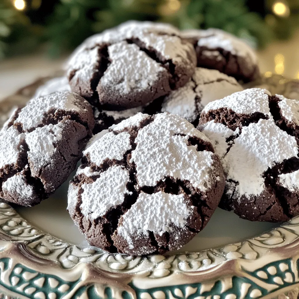 To make the best chocolate crinkle cookies, you need the following: - 1 cup all-purpose flour - 1/2 cup unsweetened cocoa powder - 1/2 teaspoon baking powder - 1/4 teaspoon salt - 1/2 cup granulated sugar - 1/2 cup brown sugar, packed - 1/3 cup vegetable oil - 2 large eggs - 1 teaspoon vanilla extract - 1 cup powdered sugar (for coating) Each ingredient plays an important role in making these cookies soft and chewy. The flour gives structure. Cocoa powder adds rich chocolate flavor. Baking powder helps the cookies rise, while salt enhances the taste. The mix of granulated and brown sugar provides sweetness and moisture. The vegetable oil keeps the cookies soft. Eggs bind everything together and add richness. Vanilla extract brings out all the flavors. Finally, powdered sugar gives that classic crinkle look and sweet finish. For the full recipe, check out the instructions that follow! - Preheat oven to 350°F (175°C). - Line a baking sheet with parchment paper. Start by heating your oven. This step is key for even baking. While the oven warms up, line your baking sheet with parchment paper. This helps the cookies not stick. - Whisk together flour, cocoa powder, baking powder, and salt. In a bowl, whisk the flour, cocoa powder, baking powder, and salt. Mixing these dry ingredients well is important. This ensures even flavor and texture in your cookies. - Blend sugars and oil, then add eggs and vanilla. In another bowl, mix the granulated sugar, brown sugar, and vegetable oil. Whisk until it’s smooth. Now, add the eggs one at a time, mixing well after each one. Finally, stir in the vanilla extract for extra flavor. - Fold dry ingredients into wet mixture and chill. Now it’s time to combine the wet and dry mixes. Gradually fold the dry ingredients into the wet mixture. Be gentle; overmixing can ruin the texture. Once mixed, cover the bowl with plastic wrap and chill it for about 30 minutes. This makes the dough easier to shape. - Roll dough balls, coat in powdered sugar, and bake. After chilling, scoop about a tablespoon of dough. Roll it into a ball. Next, roll the dough ball in powdered sugar until it’s fully coated. Place them on the baking sheet, leaving about 2 inches between each ball. Bake for 10-12 minutes. The edges should be set, but the centers should stay soft. Let them cool on the baking sheet for 5 minutes before moving them to a wire rack. For the full recipe, check the details above. Enjoy your baking! To get that soft and chewy texture, you must not overmix the dough. Mixing too much can make your cookies tough. Just stir until the dry and wet ingredients blend. Chilling the dough is also key. Refrigerate the dough for about 30 minutes. This step makes it easier to handle and helps the cookies keep their shape while baking. To know when your cookies are done, look for the edges. They should be set and firm, while the centers still look soft. This contrast is what gives chocolate crinkle cookies their chewy center. Don’t wait for them to look fully baked; pull them out while they are still slightly underbaked. When it comes to presentation, a decorative plate works wonders. Arrange the cookies neatly and dust them with a bit of extra powdered sugar. This adds a nice touch. These cookies make great gifts too! Wrap them individually in clear bags tied with a ribbon. They are a sweet treat for friends and family on special occasions. You can find the full recipe above to get started on these delights! {{image_2}} You can make vegan chocolate crinkle cookies easily. Just substitute eggs with ground flaxseed or applesauce. Use plant-based oil instead of vegetable oil. This keeps your cookies soft and chewy without any animal products. If you need gluten-free cookies, you have good options. Use almond flour or a gluten-free all-purpose flour blend. These flours keep the cookie's texture while making it safe for those with gluten sensitivities. Want to mix things up? You can add chocolate chips or nuts for extra flavor. Dark chocolate chips bring a rich taste. Nuts like walnuts or pecans add crunch. Just fold them into your dough before chilling. These additions make each bite even more delightful. Store your chocolate crinkle cookies in an airtight container. This helps keep them soft and chewy. Place a piece of bread in the container. The bread keeps the cookies from drying out. You can also add a slice of apple for extra moisture. Keep the cookies at room temperature for the best taste. Avoid direct sunlight or heat, as this can change their texture. You can freeze both the dough and the baked cookies. For the dough, scoop it into balls and place them on a baking sheet. Freeze the balls until firm, about 1 hour. Once frozen, transfer them to a zip-top bag. You can bake them straight from the freezer; just add a minute or two to the baking time. For baked cookies, let them cool completely. Then, place them in an airtight container or bag. They can last up to three months in the freezer. Chocolate crinkle cookies last about one week at room temperature. If you store them in the fridge, they can last up to two weeks. The cold air helps keep them fresh longer. Just remember to let them come back to room temperature before enjoying. This will bring back their soft, chewy texture. For best results, always check for any signs of spoilage before eating. For the full recipe, check out the Chocolate Crinkle Cookies section above! Yes, you can use cocoa powder instead of chocolate. Cocoa powder gives the cookies a rich chocolate flavor. It also keeps the texture light and fluffy. Just make sure you use unsweetened cocoa powder. This keeps your cookies sweet and chocolatey. Flat cookies can happen for a few reasons. First, you might have too much oil or not enough flour. This can cause the dough to spread too much. Second, if you don’t chill the dough, it will also spread. Lastly, if your baking powder is old, it may not rise well. Make sure to check these points for fluffy cookies. Using a cookie scoop is a great idea! It helps you make cookies that are all the same size. This ensures even baking. Plus, it makes the process quicker and cleaner. I recommend a scoop that holds about one tablespoon of dough for these cookies. If you don’t have parchment paper, don’t worry! You can use a silicone baking mat instead. It works just as well and is reusable. Another option is to grease your baking sheet lightly with oil or butter. Just make sure to watch the cookies closely to avoid sticking. This recipe will guide you through making the best Chocolate Crinkle Cookies. Check out the Full Recipe for more details! To recap, we covered the essential ingredients for chocolate crinkle cookies and detailed step-by-step instructions. I shared tips to achieve the perfect texture and how to properly store them. Also, I provided variations and answered common questions. These cookies are fun and simple to make. Try them for a sweet treat or gift. Enjoy your baking journey and experiment with different flavors!