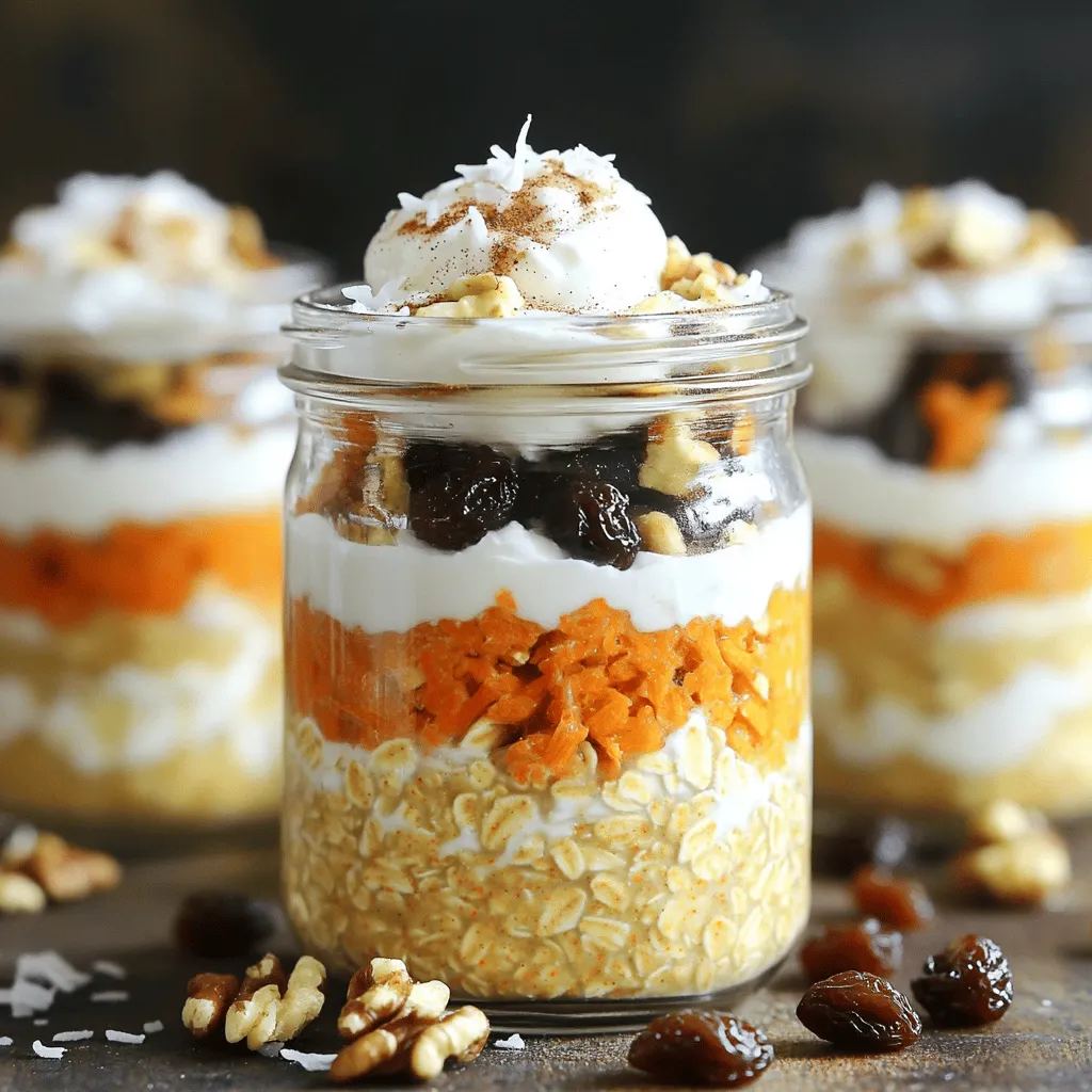 To make delicious Carrot Cake Overnight Oats, you need these simple ingredients: - 1 cup rolled oats - 1 ½ cups almond milk (or any milk of choice) - 1 medium carrot, grated - 2 tablespoons maple syrup - 1 teaspoon vanilla extract - 1 teaspoon ground cinnamon - ¼ teaspoon ground nutmeg - ¼ teaspoon salt - 2 tablespoons raisins - 2 tablespoons chopped walnuts (optional) - 2 tablespoons Greek yogurt (for topping, optional) - Shredded coconut (for garnish, optional) Each ingredient plays a key role in flavor and texture. The oats provide a hearty base, while the grated carrot adds sweetness and nutrition. Maple syrup sweetens the dish naturally, and the spices bring warmth. If you choose to include walnuts and raisins, they add texture and a delightful crunch. You can find the full recipe in the article. This way, you can recreate this tasty dish with ease. Enjoy the goodness of these ingredients as they come together to make a healthy breakfast! To start, gather your ingredients. In a medium bowl, combine: - 1 cup rolled oats - 1 ½ cups almond milk (or any milk of choice) - 1 medium carrot, grated - 2 tablespoons maple syrup - 1 teaspoon vanilla extract - 1 teaspoon ground cinnamon - ¼ teaspoon ground nutmeg - ¼ teaspoon salt Mix these well. The oats should soak up the milk and sweeteners. Next, gently fold in: - 2 tablespoons raisins - 2 tablespoons chopped walnuts (optional) Make sure everything is well mixed. The grated carrot adds a nice texture and flavor. Now, you need to divide the mixture into two jars or containers. Make sure they have lids. Seal the containers tightly. Place them in the fridge overnight. This helps the oats soak and become creamy. If you are in a hurry, let them chill for at least four hours. When you are ready to eat, take the jars from the fridge. Stir the oats to mix them up. If they seem too thick, add a splash more almond milk for a better texture. For a tasty topping, add: - 2 tablespoons Greek yogurt (for topping, optional) - Shredded coconut (for garnish, optional) These toppings add flavor and creaminess. Enjoy your carrot cake overnight oats cold or warm! To achieve the best texture in your overnight oats, focus on the right ratios. Use 1 cup of rolled oats and 1.5 cups of almond milk. This mix gives a creamy feel. Let the oats soak for at least 4 hours, but overnight is best. This time allows the oats to absorb the milk and flavors fully. Spices bring your carrot cake overnight oats to life. Use ground cinnamon and nutmeg for a warm taste. A dash of ginger can add a nice kick too. For sweeteners, maple syrup works well, but you can try honey or agave nectar. Each adds its own twist to the flavor. For a stunning look, serve your oats in clear jars. This way, guests can see the colorful layers of oats and carrots. For a finishing touch, sprinkle some extra cinnamon on top. You can also add a few raisins or walnuts for added texture. A little shredded coconut can make it even prettier! {{image_2}} To make these overnight oats vegan, use dairy-free yogurt. Almond or coconut yogurt works great. For gluten-free options, choose certified gluten-free oats. This keeps your meal light and safe for those with gluten issues. You can mix in other fruits like diced apples or bananas. Chopped pecans or almonds also add a nice crunch. For extra flavor, try adding ginger or cardamom instead of cinnamon. You can even use pure maple or almond extract for a twist. In spring, add fresh berries like strawberries or blueberries. In fall, swap in diced apples or pears for a cozy taste. You can change the spices too. For summer, keep it light with citrus zest or mint. In winter, add warming spices like cloves or allspice. To keep your Carrot Cake Overnight Oats fresh, store them in the fridge. Use airtight containers to prevent any odors from other foods. Glass jars with lids work well. They are easy to clean and don't stain. You can freeze leftover oats for later! Pour the oats into freezer-safe containers. Leave some space at the top since they will expand when frozen. When you’re ready to eat, move them to the fridge overnight to thaw. For a quick warm-up, microwave them for a minute, stirring halfway. In the fridge, your oats will stay tasty for about 4 to 5 days. If you notice any off smells or changes in texture, it’s best to toss them. Always trust your senses when it comes to food safety. Enjoy your Carrot Cake Overnight Oats knowing they are both tasty and safe! For the full recipe, check out the section above. Carrot cake overnight oats last about 3 to 5 days in the fridge. Store them in airtight containers. Check for any strange smells or changes in texture before eating. Yes, you can prep these oats a few days in advance. Make a batch on Sunday for easy breakfasts all week. Just remember to keep them in sealed jars. If you cannot use almond milk, try these alternatives: - Soy milk - Oat milk - Coconut milk - Regular cow's milk These options fit various diets and tastes. Yes, these overnight oats can support weight loss. They are high in fiber and low in calories. Portion control is key. Enjoy a serving that fits your diet plan. Yes, you can swap out the sugar. Try these options: - Honey - Agave syrup - Coconut sugar Each sweetener adds its own flavor. Adjust the amount to taste. For the full recipe, check the details above. Enjoy making your delicious carrot cake overnight oats! In this post, I covered how to make delicious Carrot Cake Overnight Oats. We explored the ingredients, preparation steps, tips for flavor, storage methods, and variations. These oats are healthy and easy to customize. They're perfect for a quick breakfast or snack. Remember to adjust the sweetness and spice levels to match your taste. Enjoy experimenting with different flavors and toppings. You’ll find this recipe a simple way to add nutrition to your day. Let your creativity shine with your choices. Happy cooking!