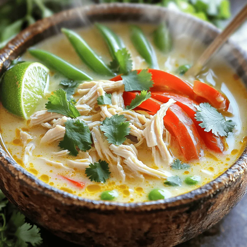 To make the Coconut Lime Chicken Soup, gather these ingredients: - 2 boneless, skinless chicken breasts - 1 can (14 oz) coconut milk - 4 cups chicken broth - 1 medium onion, finely chopped - 3 cloves garlic, minced - 1 tablespoon fresh ginger, grated - 1 red bell pepper, sliced - 1 cup snap peas, trimmed - 1 lime (zested and juiced) - 2 tablespoons fish sauce (optional) - 1 tablespoon olive oil - 1 teaspoon ground coriander - Salt and pepper to taste - Fresh cilantro, for garnish - Lime wedges, for serving Using fresh ingredients makes this soup shine. Look for vibrant vegetables. The chicken should be firm and without any dark spots. Choose full-fat coconut milk for a rich flavor. Fresh herbs like cilantro add a burst of taste. If you use dried spices, check the date for freshness. Old spices can lose their flavor. If you need to swap out some ingredients, here are a few ideas: - Use chicken thighs instead of breasts for a juicier bite. - Replace coconut milk with almond milk for a lighter soup, though it will change the flavor. - Try vegetable broth instead of chicken broth for a vegetarian version. - For a citrus twist, use lemon instead of lime. - If you want more heat, add sliced jalapeños or a dash of hot sauce. For the full recipe, check out the detailed cooking instructions. First, gather all your ingredients. You will need chicken breasts, coconut milk, chicken broth, onion, garlic, ginger, bell pepper, snap peas, lime, fish sauce, olive oil, and spices. Prepare the veggies by chopping the onion, slicing the bell pepper, and trimming the snap peas. Grate the ginger and mince the garlic. This makes cooking easier and faster. 1. Heat the olive oil in a large pot over medium heat. 2. Add the chopped onion. Cook until it turns translucent, about 3-4 minutes. 3. Stir in the minced garlic and grated ginger. Cook for 1-2 minutes until fragrant. 4. Season the chicken breasts with salt, pepper, and ground coriander. 5. Add the chicken to the pot. Sear it on both sides until browned, about 4-5 minutes. 6. Pour in the coconut milk and chicken broth. Bring the mixture to a gentle simmer. 7. Add the sliced red bell pepper and snap peas. Cover the pot and let it simmer for 15-20 minutes. The chicken should be cooked through and tender. 8. Remove the chicken from the pot. Shred it using two forks. 9. Return the shredded chicken to the soup. Stir in the lime zest, lime juice, and fish sauce if you want extra flavor. 10. Taste and adjust seasoning with more salt or pepper if needed. Serve the soup hot. Garnish with fresh cilantro for a burst of color and flavor. Add lime wedges on the side for an extra zing. This soup pairs well with rice or crusty bread. For a fun twist, try adding some avocado slices on top. Enjoy your Coconut Lime Chicken Soup! If you want the full details, check out the Full Recipe. To make your coconut lime chicken soup even better, use fresh ingredients. Fresh herbs like cilantro add a bright taste. Lime zest brings a pop of citrus flavor. Consider adding a dash of chili flakes for heat or a squeeze of lime for more zing. For more depth, try sautéing the onion and garlic until golden brown. This adds a nice sweetness to the soup. You can also mix in some chopped green onions or fresh basil before serving. One common mistake is overcooking the chicken. This can make it tough. Cook the chicken just until it's no longer pink. Another mistake is not tasting the soup as you cook. Always taste and adjust the seasoning. This way, you can find the right balance of flavors. Also, avoid using canned coconut milk that is too old. Old coconut milk can taste off and ruin your soup. Pair your soup with a light salad for a fresh touch. A simple cucumber salad with lime dressing works well. You can also serve it with crusty bread or rice to soak up the broth. For drinks, a cold iced tea or a light beer complements the flavors nicely. If you want something sweet, a fruit sorbet can be a refreshing end to your meal. For the full recipe, check the section above. {{image_2}} You can make this soup vegetarian or vegan easily. Just swap the chicken for tofu or chickpeas. Use vegetable broth instead of chicken broth. Replace coconut milk with a thicker plant milk, like cashew or almond milk. Include more veggies for extra flavor. Consider adding mushrooms, carrots, or zucchini. This version still captures the bright, zesty taste of lime. If you like heat, make a spicy version. Add sliced jalapeños or red pepper flakes while cooking. You can also mix in a dash of hot sauce at the end. This will give the soup a nice kick. Balance the heat with a bit more lime juice. The spice will enhance the flavor and make it even more exciting. Feel free to get creative with your veggies! You can swap the red bell pepper for green or yellow ones. Broccoli or bok choy adds great texture and flavor. Sweet corn or baby spinach can brighten the soup too. Just keep in mind the cooking times for each veggie. Some may need more or less time to cook. Adding a mix of vegetables makes the dish colorful and nutritious. For the full recipe, check the earlier sections. After you enjoy your Coconut Lime Chicken Soup, let it cool first. Transfer the soup into an airtight container. You can store it in the fridge for up to three days. Make sure to cover it well to keep out air and moisture. If you want to keep it longer, freezing is a great option. Pour the cooled soup into freezer-safe bags or containers. Leave some space for expansion as it freezes. The soup will stay good for about three months in the freezer. Remember to label the bags with the date, so you know when to use it. When you’re ready to eat it again, thaw the soup in the fridge overnight. For quick thawing, place the bag in cold water for about an hour. To reheat, pour the soup into a pot over medium heat. Stir it often until it’s hot. You can also use a microwave. Just heat it in short bursts, stirring in between. This keeps it from getting too hot in some spots. Enjoy your soup warm, just like the first time! For the full recipe, check out the details above. To make Coconut Lime Chicken Soup creamier, add more coconut milk. You can also blend a portion of the soup. Simply take some soup, blend it until smooth, and return it to the pot. This will thicken the soup while keeping the flavors fresh. You can also stir in a little heavy cream for extra richness. Just remember to adjust the seasoning after adding cream. Yes, you can use leftover chicken in this recipe. It’s a great way to use what you have. Just shred the cooked chicken into bite-sized pieces. Add it to the pot after the broth simmers and the veggies soften. This will save you time and keep the soup tasty. Using leftover chicken also adds great flavor without the extra cooking time. Coconut Lime Chicken Soup pairs well with many sides. You can serve it with warm rice or crusty bread. Both options help soak up the delicious broth. A fresh salad with lime vinaigrette adds a nice crunch too. If you want something lighter, serve it with cucumber slices or avocado. These sides balance the soup's rich flavors and make a complete meal. For more ideas, check the Full Recipe for fun serving suggestions. This article covered all you need for making Coconut Lime Chicken Soup. We explored key ingredients, how to prepare, and plenty of tips. I shared ways to enhance flavor and listed common mistakes. You can also create fun variations, like a vegan option or spicy twist. Plus, I provided storage tips to keep your soup fresh. Now, you're ready to enjoy or share this tasty dish. Dive in and make it your own!