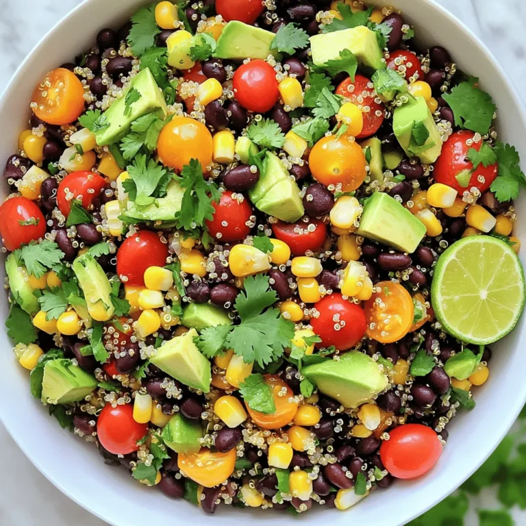 - 1 cup quinoa - 1 can (15 oz) black beans, rinsed and drained - 1 cup corn kernels (fresh, canned, or frozen) - 1 red bell pepper, diced - 1 avocado, diced - 1 cup cherry tomatoes, halved - 1 small red onion, finely chopped - 1/4 cup fresh cilantro, chopped - 1 lime, juiced - 3 tablespoons olive oil - 1 teaspoon ground cumin - 1 teaspoon chili powder - Salt and pepper to taste These ingredients come together to make a fresh and tasty salad. Quinoa is the base. It adds protein and a nice texture. Black beans bring fiber and rich flavor. Corn gives sweetness, while bell peppers add crunch. Avocado provides creaminess. Cherry tomatoes add a burst of color and juicy flavor. Red onion offers a bit of bite. Fresh cilantro gives a bright touch, and lime juice adds zing. Olive oil helps everything mix well and adds richness. Finally, spices like cumin and chili powder make the flavor pop. - Jalapeños for heat - Corn chips for crunch - Cheese (feta or cotija) You can customize your salad with optional add-ins. If you like heat, jalapeños are perfect. For extra crunch, add corn chips. Cheese, like feta or cotija, brings creaminess and saltiness. - 3 tablespoons olive oil - 1 lime, juiced - 1 teaspoon ground cumin - 1 teaspoon chili powder - Salt and pepper to taste The dressing is simple yet powerful. It combines olive oil and lime juice for a tangy kick. Ground cumin and chili powder add warmth and depth. A pinch of salt and pepper rounds everything out. This dressing brings the salad to life, making each bite flavorful and refreshing. For the full recipe, check the recipe section. First, rinse your quinoa under cold water. This step removes any bitter flavor. Next, combine the rinsed quinoa with 2 cups of vegetable broth or water in a medium saucepan. Bring it to a boil over medium-high heat. Once it boils, lower the heat to low. Cover the saucepan and let it simmer for about 15 to 20 minutes. When done, the quinoa should look fluffy and all the liquid absorbed. Remove it from the heat and let it cool. While the quinoa cools, prepare the salad mixture. In a large bowl, combine the black beans, corn, diced red bell pepper, halved cherry tomatoes, finely chopped red onion, and diced avocado. For dicing, make sure your pieces are small and uniform. This ensures each bite is tasty and balanced. In a small bowl, whisk together the lime juice, olive oil, ground cumin, chili powder, salt, and pepper. Mix until the dressing is smooth. For flavor enhancement, taste it and adjust the seasonings if needed. Adding a pinch more lime juice or chili powder can really elevate the taste. Once the quinoa is cool, add it to the large bowl with the vegetables. Pour the dressing over the salad and toss gently to combine all the flavors. It's important to let the salad chill in the fridge for at least 30 minutes. This time allows the flavors to meld together beautifully. Enjoy your fresh, vibrant Southwest Quinoa Salad! For the full recipe, be sure to check out the details provided. To make fluffy quinoa, rinse it first. This removes the bitter saponins. Use two cups of broth or water for each cup of quinoa. Bring it to a boil, then lower the heat. Cover and cook for about 15 to 20 minutes. Once done, let it sit covered for five minutes. Fluff it with a fork. This simple method prevents sogginess. Spices can boost your quinoa salad's taste. I like adding cumin and chili powder. You can adjust these spices based on your taste. Try adding a pinch of cayenne for heat. Dressings can also change the salad's flavor. A zesty lime vinaigrette feels fresh. You can also use a creamy dressing for richness. Experiment to find your favorite! Serve your salad in a large bowl for family style. For individual plates, layer it nicely. Garnish with fresh herbs for a pop of color. Sprinkle extra cilantro on top. Adding lime wedges gives a bright finish. It makes the dish look inviting and fresh. {{image_2}} You can easily make this salad plant-based. Just skip any animal products. Use fresh veggies for flavor and color. Try adding more bell peppers, cucumbers, or even zucchini. These add texture and keep it light. You can also toss in some leafy greens like spinach or kale for a nutrient boost. For extra protein, grilled chicken or shrimp are great choices. They add a nice smoky flavor. If you want a vegetarian option, use tofu. Simply cube it and sauté it until golden. This gives the salad a hearty feel. You can also try chickpeas if you want another plant-based protein. To keep this salad gluten-free, check all your ingredients. Make sure the quinoa and canned items are labeled gluten-free. If you want to switch grains, try using rice or millet. Both are delicious and keep the salad healthy. You can even use farro for a nutty taste, but make sure it's gluten-free. To keep your Southwest Quinoa Salad fresh, store it in an airtight container. This helps prevent air from getting in and drying it out. I suggest using glass containers for easy visibility and cleaning. Make sure to seal the lid tightly after scooping out a serving. If you plan to keep it for a few days, avoid adding avocado until you're ready to eat. It turns brown quickly and affects the salad's look and taste. Can you freeze Southwest Quinoa Salad? Yes, you can! However, I recommend freezing only the quinoa and the veggie mix separately. Freezing the salad with avocado may change its texture. When you want to eat it, take it out of the freezer and let it thaw in the fridge overnight. This way, it will stay safe and taste better. How long does Southwest Quinoa Salad last in the fridge? It typically stays fresh for about 3 to 5 days. Always check for signs that the salad has gone bad. If you see any mold or smell an off odor, it’s best to toss it. Also, if the salad looks slimy or watery, that’s a clear sign it’s time to say goodbye. Enjoy your salad while it’s fresh for the best taste! If you want creaminess, try using Greek yogurt or hummus. They add a nice texture. You can also use tahini for a nutty taste. These substitutes keep the salad rich and tasty. Yes, you can prep this salad a day in advance. Just keep the dressing separate until you’re ready to serve. This helps the veggies stay crisp and fresh. Store in an airtight container in the fridge for best results. Yes, this salad is very healthy! Quinoa is high in protein and fiber. Black beans add more protein and iron. The veggies, like bell peppers and tomatoes, bring vitamins. This salad offers a balanced mix of nutrients. The total prep time is about one hour. You need 15 minutes to prep the ingredients and cook the quinoa. Then, mix everything and let it chill for 30 minutes. It’s quick and easy for a tasty meal! Absolutely! Fruits like mango or pineapple pair well with Southwestern flavors. They add a sweet touch that contrasts nicely with the spices. You can also try diced apples or berries for a fun twist. Southwest Quinoa Salad is a fun and tasty dish. You learned about key ingredients like quinoa, black beans, and fresh veggies. You can add optional ingredients like jalapeños or cheese for extra flavor. I shared tips for cooking quinoa perfectly and how to mix and serve the salad for the best taste. Remember, you can easily make it vegetarian or gluten-free. Store any leftovers well to keep them fresh. Enjoy creating your salad and feel free to customize it to suit your taste!