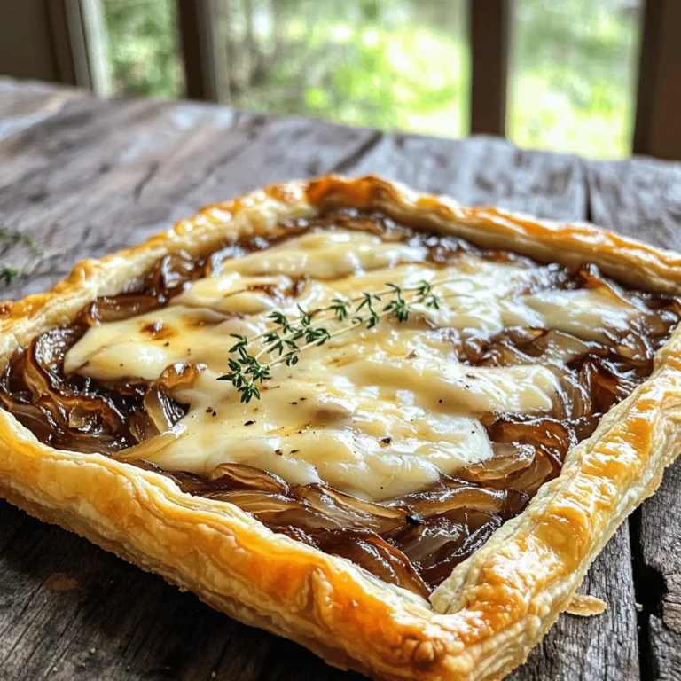 - 1 sheet of puff pastry, thawed - 3 large onions, thinly sliced - 2 tablespoons olive oil - 1 tablespoon unsalted butter - 1 teaspoon sugar - 1 teaspoon fresh thyme leaves (or ½ teaspoon dried thyme) - 1 cup Gruyere cheese, grated - 1 egg, beaten (for egg wash) - Salt and pepper to taste Each ingredient plays a key role in the tart’s flavor. The puff pastry gives it a light and flaky base. Onions add sweetness when cooked down, while olive oil and butter help achieve a rich taste. Sugar enhances the caramelization, bringing out deep flavors. Fresh thyme adds an earthy note that balances the dish. Gruyere cheese melts beautifully, providing a creamy texture with nutty hints. The egg wash helps the crust turn golden brown, making it look appetizing. To make this tart, you need a few basic tools: - A large skillet for caramelizing onions - A tart pan to shape and bake the pastry - A rolling pin to flatten the puff pastry - A fork to prick the pastry and prevent puffing - A cutting board and knife for slicing onions These tools ensure you can create a perfect Caramelized Onion Gruyere Tart easily. For the complete recipe, check out the Full Recipe. Start by preheating your oven to 400°F (200°C). This step helps the tart bake evenly. Next, gather your ingredients. You will need puff pastry, onions, olive oil, butter, sugar, thyme, Gruyere cheese, an egg, and some salt and pepper. Slice the onions thinly. Thin slices cook faster and caramelize better. In a large skillet, heat olive oil and butter over medium heat. Once the butter melts, add the sliced onions and a pinch of salt. Stir well to coat the onions in the oil. This helps them soften evenly. Cook the onions for about 15-20 minutes. Stir occasionally until they are soft and translucent. Now, it's time to add flavor. Sprinkle sugar and thyme over the onions. The sugar helps with caramelization, while thyme adds a nice herbal note. Keep cooking for another 10-15 minutes. Stir often until the onions turn deep golden brown. This is when they become sweet and rich in flavor. While the onions cook, roll out your puff pastry on a lightly floured surface. Aim for a size that fits your tart pan. Once rolled, place the pastry in the pan and trim any excess. Prick the bottom with a fork. This step prevents the pastry from puffing too much during baking. After the onions are done, spread them evenly over the pastry. Make sure to cover it well. Next, sprinkle the grated Gruyere cheese generously over the onions. This cheese melts beautifully and adds creaminess to the tart. Brush the edges of the pastry with beaten egg. This gives the tart a nice golden finish. Now, place the tart in the preheated oven. Bake for 25-30 minutes. Look for melted, bubbly cheese and golden brown pastry. Once baked, remove the tart from the oven. Let it cool for a few minutes before slicing. This waiting time makes it easier to cut. Enjoy your delicious Caramelized Onion Gruyere Tart! For the full recipe, visit [Full Recipe]. To get those sweet, rich flavors, you must cook the onions slowly. Start on medium heat and stir often. This helps the onions cook evenly. Add a pinch of salt early on. Salt draws out moisture and speeds up the process. After about 20 minutes, sprinkle sugar over the onions. This enhances the sweetness and gives a nice golden color. Keep cooking until they turn deep brown. Patience is key here; good caramelization takes time. While onions offer a sweet base, seasonings lift the dish. I love using fresh thyme for its earthy taste. If you don’t have fresh thyme, dried works too. Salt and pepper are must-haves. They balance the sweetness of the onions. For a twist, try adding a splash of balsamic vinegar. It adds depth and a hint of tang. Experiment with spices like nutmeg or garlic for added flair. Presentation matters! Serve your tart warm for the best taste. Garnish with extra thyme leaves on top for color and aroma. A fresh side salad brightens up the plate and adds crunch. Consider a simple arugula salad with lemon vinaigrette. The tart pairs well with crisp drinks like sparkling water or white wine. For the full recipe, check out the detailed steps and enjoy this delightful dish! {{image_2}} You can mix things up with different ingredients. If you don't have puff pastry, use a pie crust. This will give you a nice, flaky base. You can also swap out the butter for a plant-based option. If you want to make it lighter, use less cheese or a lower-fat version. Add more depth to the tart by including vegetables. Sauté spinach or mushrooms with the onions for extra flavor. You can even add cooked bacon for a savory twist. Try using herbs like rosemary or basil for a fresh taste. These additions make the tart more colorful and tasty. Gruyere cheese is rich and creamy, but you can use other cheeses too. Swiss cheese gives a similar flavor but is milder. Cheddar brings a sharper taste, while goat cheese adds a tangy twist. Mix two or more cheeses for a unique flavor blend. The cheese you choose will change the whole dish, so have fun experimenting! For more detailed guidance, check out the Full Recipe. To keep your leftover Caramelized Onion Gruyere Tart fresh, place it in an airtight container. This helps maintain its texture and flavor. Make sure it cools completely before sealing it. You can store it in the fridge for up to three days. If you want to save your tart for later, you can freeze it. First, let the tart cool fully. Then, wrap it tightly in plastic wrap, followed by aluminum foil. This prevents freezer burn. You can freeze it for up to two months. When you're ready to eat it, thaw it in the fridge overnight. To reheat your tart, preheat your oven to 350°F (175°C). Place the tart on a baking sheet and cover it with foil to prevent over-browning. Heat for about 15-20 minutes or until warm. This way, the pastry stays crispy, and the cheese melts perfectly. You can also reheat individual slices in the microwave for about one minute, but the oven is best for keeping the crust nice. Enjoy every bite of your delicious tart! You can serve many tasty sides with this tart. A fresh green salad works well. Try a simple arugula salad with lemon dressing. The tart's richness pairs nicely with a light salad. You can also serve a bowl of soup, like tomato or butternut squash. These soups add warmth and comfort to your meal. If you want something heartier, serve it with roasted vegetables. They add color and flavor to your plate. For a fun twist, serve it with a fruit compote. The sweet fruit balances the savory tart. Yes, you can make this tart ahead of time. You can prepare and bake it the day before. Just let it cool completely, then store it in the fridge. Cover it tightly with plastic wrap or foil. When ready to serve, reheat it in the oven. This keeps the crust crispy. You can also make the tart a few hours before serving. Just keep it at room temperature. This lets the flavors meld and improves the taste. Absolutely! You can prepare the filling ahead of time. Cook the onions and let them cool. Store them in an airtight container in the fridge. They stay fresh for up to three days. When ready to use, just reheat the filling before adding it to the tart. This saves time on the day you bake. Plus, the flavors deepen as they chill. It’s a win-win for your cooking day! This blog post covered the key ingredients and tools needed for a delicious caramelized onion Gruyere tart. We explored each step, from preparation to baking. I shared tips for perfecting flavors and served ideas to impress. You learned about ingredient variations and detailed storage methods. In closing, investing time in this tart will reward you with great taste and smiles. Enjoy your culinary journey!