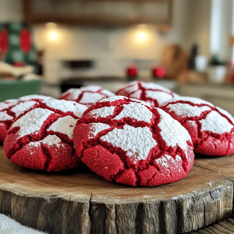 To make your Red Velvet Crinkle Cookies, gather these simple ingredients. Each one adds to the rich flavor and soft texture. - 1 ½ cups all-purpose flour - 1 tablespoon cocoa powder - 1 teaspoon baking powder - ½ teaspoon baking soda - ¼ teaspoon salt - 1 cup granulated sugar - ½ cup vegetable oil - 1 large egg - 1 teaspoon vanilla extract - 1 tablespoon red food coloring - ¼ cup powdered sugar (for dusting) These ingredients work together to create the perfect balance of sweet and rich flavors. The red food coloring gives these cookies their signature hue. Cocoa powder adds a hint of chocolate, making them even more delightful. When you mix the dry ingredients, combine them well. This step ensures the baking powder and baking soda distribute evenly. Feel free to experiment! You can adjust the amount of cocoa powder for a deeper chocolate taste. If you want, use less sugar too. For a more personal touch, consider adding nuts or chocolate chips. You can find the full recipe to guide you through each step with ease. Enjoy baking! - Preheat your oven to 350°F (175°C). Line a baking sheet with parchment paper. - In a medium bowl, whisk together the flour, cocoa powder, baking powder, baking soda, and salt. Set this mix aside for later. - In a large bowl, mix the granulated sugar and vegetable oil. Stir well until they blend. - Beat in the egg and vanilla extract until the mixture is smooth and creamy. - Add the red food coloring, mixing until the color is even throughout. - Gradually fold the dry ingredients into the wet mixture. Mix until just combined. Be careful not to overmix; the dough should be thick. - Chill the dough in the fridge for about 30 minutes to help it firm up. - Once chilled, scoop tablespoon-sized portions and roll them into balls. - Roll each ball in powdered sugar to coat them well. - Place the cookies on the prepared baking sheet, spaced about 2 inches apart. - Bake for 10-12 minutes, or until the edges are set and the tops crack slightly. - Let them cool on the baking sheet for 5 minutes before moving them to a wire rack to cool completely. For the full recipe, check out the detailed instructions above. To make great red velvet crinkle cookies, chilling the dough is key. This step firms up the dough and helps the cookies hold their shape. If you skip this, your cookies may spread too much while baking. Aim to chill the dough for at least 30 minutes. Mixing your ingredients properly also matters. Start by mixing the wet ingredients first. Make sure the sugar and oil are blended well. Then, fold in the dry ingredients gently. Overmixing can lead to tough cookies, so mix just until you see no dry flour. Oven temperature can change your cookie game. Always preheat your oven to 350°F (175°C) to ensure even baking. An oven thermometer can help you check if your oven is accurate. To check for doneness, look for slight cracks on top and set edges. You want the centers soft but not doughy. Let them cool on the baking sheet for 5 minutes before moving them. This helps them firm up a bit more. For serving, a simple plate works well. You can dust extra powdered sugar on top for a pretty look. Stack the cookies high for an eye-catching display. Pair these cookies with a glass of cold milk or hot cocoa. If you want something extra special, serve them with a scoop of vanilla ice cream. This will take your dessert to the next level and add a fun twist. {{image_2}} You can make chocolate chip red velvet crinkle cookies for a fun twist. Just add half a cup of chocolate chips to the dough before chilling. This gives you a rich, sweet contrast with the red velvet flavor. You can also try cream cheese filling options. Just make small balls of cream cheese and place them in the center of your dough balls. Then, wrap the dough around the filling. This adds a creamy surprise in every bite. For gluten-free red velvet crinkle cookies, use a gluten-free flour blend instead of all-purpose flour. Make sure it has a good balance of starches and proteins. This helps keep the texture light and fluffy. You can also make vegan adaptations. Swap the egg for a flax egg or unsweetened applesauce. Use a plant-based oil like coconut or avocado oil. This way, everyone can enjoy these cookies. Make your cookies festive by adding colorful sprinkles or holiday-themed decorations. You can use green or white food coloring in the dough for fun seasonal colors. These cookies are perfect for special occasions like Valentine’s Day or Christmas. They look great on any dessert table and taste amazing too. You can even package them as gifts for friends and family. For the full recipe, check out the instructions above. To keep your Red Velvet Crinkle Cookies fresh, store them in an airtight container. This helps lock in moisture and keeps them soft. You can layer parchment paper between cookies to prevent sticking. If you have a lot, use a larger container or multiple smaller ones. You can freeze unbaked dough balls for later use. Just shape the dough into balls, then place them on a baking sheet. Freeze the sheet for about an hour, then transfer the balls into a freezer bag. When you're ready to bake, thaw them in the fridge overnight. Bake them as you would fresh dough, adding a minute or two if needed. At room temperature, these cookies last about 1 week. Keep them in a cool, dry place. If they start to look dull or dry, they may be past their prime. Signs of spoilage include a hard texture or an off smell. Enjoy them while they're fresh for the best taste! What can I substitute for vegetable oil? You can use melted butter or coconut oil instead of vegetable oil. Both will add a rich flavor. Just use the same amount. Can I use less sugar in red velvet crinkle cookies? Yes, you can reduce the sugar. Try cutting it by a quarter cup. The cookies will still taste good, but they will be less sweet. How do I fix cookies that spread too much? If your cookies spread too much, try chilling the dough longer. This helps the fat firm up. You can also add a bit more flour to thicken the dough. Can I make the dough ahead of time? Absolutely! You can make the dough and store it in the fridge for up to three days. Just remember to let it sit at room temperature for a few minutes before you roll it out. Is red food coloring necessary? Red food coloring gives these cookies their signature look. If you skip it, the cookies will not have the same vibrant color. However, they will still taste great. Can I use natural food coloring instead of synthetic? Yes! You can use natural food coloring if you prefer. Be aware that natural options might not be as bright as synthetic ones. You may need to adjust the amount you use for the best results. For the full recipe, check out the details above! Making red velvet crinkle cookies is fun and rewarding. We covered all the key steps, from ingredients to baking tips. Remember to chill your dough for the best texture. Don’t forget to explore flavor variations and holiday themes. Proper storage keeps them fresh for longer. Follow these tips, and you'll impress everyone with your cookies. Baking can be simple and enjoyable. Now, get in the kitchen and start baking!